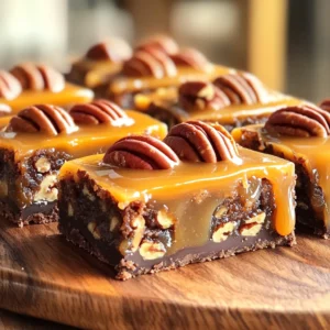 - 1 cup all-purpose flour - ½ cup unsweetened cocoa powder - ½ cup granulated sugar - ¼ teaspoon salt - ½ cup unsalted butter, melted - 1 cup pecans, roughly chopped - 1 cup brown sugar, packed - ½ cup corn syrup - 3 large eggs - 1 teaspoon vanilla extract - ¼ teaspoon cinnamon Each ingredient has a specific amount. Here’s the breakdown: - Flour: 1 cup - Cocoa powder: ½ cup - Granulated sugar: ½ cup - Salt: ¼ teaspoon - Unsalted butter: ½ cup, melted - Pecans: 1 cup, roughly chopped - Brown sugar: 1 cup, packed - Corn syrup: ½ cup - Eggs: 3 large - Vanilla extract: 1 teaspoon - Cinnamon: ¼ teaspoon You can change some ingredients if needed: - Use whole wheat flour for a nutty flavor. - Swap cocoa powder with carob powder for a caffeine-free option. - Replace granulated sugar with coconut sugar for a healthier choice. - Try maple syrup instead of corn syrup for a unique taste. - Use egg substitutes like flaxseed meal or applesauce for vegan bars. - Chopped walnuts can replace pecans if you prefer a different nut. These choices let you enjoy the bars in your way. Set your oven to 350°F (175°C). This step is key for even baking. Grab an 8x8 inch square baking dish. Grease the dish with some butter. Then, line it with parchment paper. Leave some paper hanging over the edges. This will help you lift the bars out later. In a mixing bowl, add 1 cup of all-purpose flour. Then, add ½ cup of cocoa powder, ½ cup of granulated sugar, and ¼ teaspoon of salt. Use a whisk or spoon to mix these dry ingredients well. Now, pour in ½ cup of melted unsalted butter. Mix again until the dough forms. It should be slightly sticky. Press this dough firmly into the bottom of your prepared baking dish. Make sure it's even everywhere. While the crust bakes, get a new bowl. Whisk together 1 cup of packed brown sugar and ½ cup of corn syrup. Next, crack in 3 large eggs. Add 1 teaspoon of vanilla extract and ¼ teaspoon of cinnamon. Mix until it’s smooth and well blended. Now, add 1 cup of roughly chopped pecans to the filling. Stir them in so they spread evenly. Once the crust is done, take it out of the oven. Let it cool for a few minutes. Pour your pecan filling over the warm crust. Spread it out evenly with a spatula. Now, put the dish back in the oven. Bake for another 25-30 minutes. You want the filling to be set and bubbling slightly at the edges. After baking, let the bars cool completely in the pan. Use the parchment paper to lift them out. Slice into squares and enjoy! One mistake is overmixing the crust. This can make it tough. Mix until just combined. Another common error is not letting the crust cool slightly. If you pour the filling on a hot crust, it can become soggy. Always let it cool for a few minutes. Also, do not skip the parchment paper. It helps you lift the bars out easily. For the best texture, use fresh pecans. Stale nuts can ruin the taste and crunch. Make sure the filling is smooth before adding the pecans. If you want a firmer filling, bake it a few extra minutes. Check for bubbling edges as a sign that it’s ready. Cool the bars completely before cutting. This helps them set and hold their shape. Presentation can make a big difference. Serve the bars on a rustic platter. Drizzle extra caramel sauce on top for a sweet touch. Sprinkle sea salt for a nice contrast. Garnish with whole pecans to make it look pretty. You can also serve them with whipped cream or vanilla ice cream. These toppings add a fun twist to your dessert! {{image_2}} You can add chocolate chips for a twist. Mix in one cup of semi-sweet chocolate chips with the pecans. This will add a rich, sweet flavor to your bars. The melting chocolate pairs well with the caramel and pecans. I love this variation for chocolate lovers. It makes each bite even more delightful. If you want a gluten-free version, swap out the flour. Use one cup of almond flour instead. This change keeps the bars tasty and gives them a nutty flavor. Make sure the cocoa powder is gluten-free too. Your guests won’t even know it's gluten-free! You can change the flavors based on the season. In fall, add a half teaspoon of pumpkin spice to the filling. In spring, mix in some lemon zest for a fresh taste. During the holidays, a touch of nutmeg will make them festive. These small changes can really brighten the bars and keep them exciting year-round. To keep your Caramel Pecan Pie Bars fresh, store them in an airtight container. Use parchment paper between layers to prevent sticking. This will help maintain their flavor and texture. Ensure the bars are completely cool before placing them in the container. Storing them while warm can create moisture, making them soggy. Keep the container in a cool place away from direct sunlight. You can freeze these bars for longer storage. Cut them into squares and wrap each piece tightly in plastic wrap. Then, place them in a freezer-safe bag or container. When you're ready to enjoy them, remove the bars from the freezer. Thaw them in the fridge overnight for best results. If you need them sooner, you can thaw them at room temperature for about two hours. When stored correctly at room temperature, Caramel Pecan Pie Bars last up to one week. In the fridge, they stay fresh for about two weeks. If frozen, they can last for up to three months. Just remember to check for any signs of spoilage before eating. Always trust your senses; if something seems off, it’s better to be safe and toss it out. Caramel Pecan Pie Bars last about one week when stored properly. Keep them in an airtight container. If you leave them out, they may get stale quickly. Refrigeration helps them last longer, but the texture may change. Yes, you can make these bars ahead of time. They actually taste better after a day in the fridge. Baking them a day early allows the flavors to meld well. Just make sure to store them in an airtight container. To cut these bars neatly, wait until they cool completely. Use a sharp knife for clean cuts. You can also warm the knife slightly to help it glide through the sticky filling. After cutting, serve them on a platter for a nice presentation. Caramel pecan pie bars are simple to make and full of flavor. We discussed the main ingredients, how to prepare them, and tips for great results. Remember to avoid common mistakes to get the best texture. Feel free to try different variations, like adding chocolate chips or going gluten-free. Store your bars properly for lasting freshness. Enjoy your delicious treat and impress your friends with your baking skills.