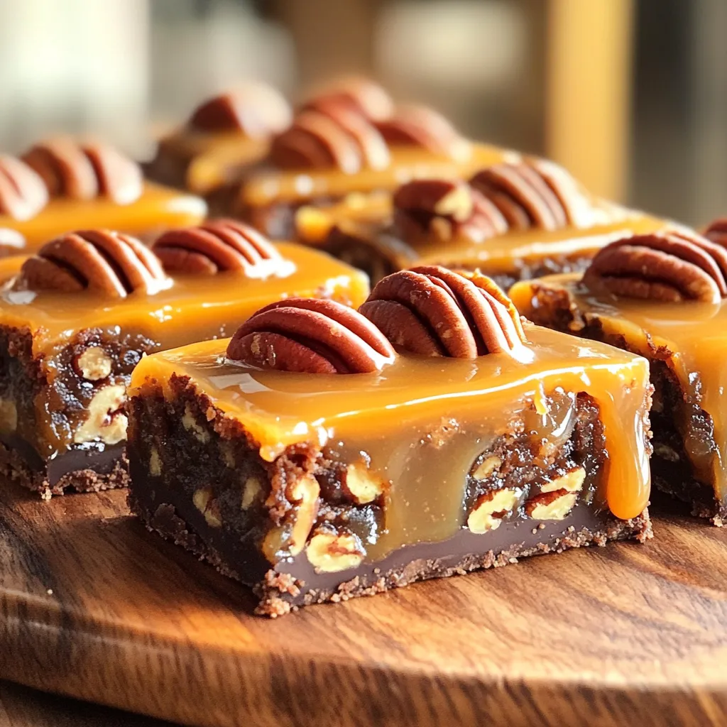 - 1 cup all-purpose flour - ½ cup unsweetened cocoa powder - ½ cup granulated sugar - ¼ teaspoon salt - ½ cup unsalted butter, melted - 1 cup pecans, roughly chopped - 1 cup brown sugar, packed - ½ cup corn syrup - 3 large eggs - 1 teaspoon vanilla extract - ¼ teaspoon cinnamon Each ingredient has a specific amount. Here’s the breakdown: - Flour: 1 cup - Cocoa powder: ½ cup - Granulated sugar: ½ cup - Salt: ¼ teaspoon - Unsalted butter: ½ cup, melted - Pecans: 1 cup, roughly chopped - Brown sugar: 1 cup, packed - Corn syrup: ½ cup - Eggs: 3 large - Vanilla extract: 1 teaspoon - Cinnamon: ¼ teaspoon You can change some ingredients if needed: - Use whole wheat flour for a nutty flavor. - Swap cocoa powder with carob powder for a caffeine-free option. - Replace granulated sugar with coconut sugar for a healthier choice. - Try maple syrup instead of corn syrup for a unique taste. - Use egg substitutes like flaxseed meal or applesauce for vegan bars. - Chopped walnuts can replace pecans if you prefer a different nut. These choices let you enjoy the bars in your way. Set your oven to 350°F (175°C). This step is key for even baking. Grab an 8x8 inch square baking dish. Grease the dish with some butter. Then, line it with parchment paper. Leave some paper hanging over the edges. This will help you lift the bars out later. In a mixing bowl, add 1 cup of all-purpose flour. Then, add ½ cup of cocoa powder, ½ cup of granulated sugar, and ¼ teaspoon of salt. Use a whisk or spoon to mix these dry ingredients well. Now, pour in ½ cup of melted unsalted butter. Mix again until the dough forms. It should be slightly sticky. Press this dough firmly into the bottom of your prepared baking dish. Make sure it's even everywhere. While the crust bakes, get a new bowl. Whisk together 1 cup of packed brown sugar and ½ cup of corn syrup. Next, crack in 3 large eggs. Add 1 teaspoon of vanilla extract and ¼ teaspoon of cinnamon. Mix until it’s smooth and well blended. Now, add 1 cup of roughly chopped pecans to the filling. Stir them in so they spread evenly. Once the crust is done, take it out of the oven. Let it cool for a few minutes. Pour your pecan filling over the warm crust. Spread it out evenly with a spatula. Now, put the dish back in the oven. Bake for another 25-30 minutes. You want the filling to be set and bubbling slightly at the edges. After baking, let the bars cool completely in the pan. Use the parchment paper to lift them out. Slice into squares and enjoy! One mistake is overmixing the crust. This can make it tough. Mix until just combined. Another common error is not letting the crust cool slightly. If you pour the filling on a hot crust, it can become soggy. Always let it cool for a few minutes. Also, do not skip the parchment paper. It helps you lift the bars out easily. For the best texture, use fresh pecans. Stale nuts can ruin the taste and crunch. Make sure the filling is smooth before adding the pecans. If you want a firmer filling, bake it a few extra minutes. Check for bubbling edges as a sign that it’s ready. Cool the bars completely before cutting. This helps them set and hold their shape. Presentation can make a big difference. Serve the bars on a rustic platter. Drizzle extra caramel sauce on top for a sweet touch. Sprinkle sea salt for a nice contrast. Garnish with whole pecans to make it look pretty. You can also serve them with whipped cream or vanilla ice cream. These toppings add a fun twist to your dessert! {{image_2}} You can add chocolate chips for a twist. Mix in one cup of semi-sweet chocolate chips with the pecans. This will add a rich, sweet flavor to your bars. The melting chocolate pairs well with the caramel and pecans. I love this variation for chocolate lovers. It makes each bite even more delightful. If you want a gluten-free version, swap out the flour. Use one cup of almond flour instead. This change keeps the bars tasty and gives them a nutty flavor. Make sure the cocoa powder is gluten-free too. Your guests won’t even know it's gluten-free! You can change the flavors based on the season. In fall, add a half teaspoon of pumpkin spice to the filling. In spring, mix in some lemon zest for a fresh taste. During the holidays, a touch of nutmeg will make them festive. These small changes can really brighten the bars and keep them exciting year-round. To keep your Caramel Pecan Pie Bars fresh, store them in an airtight container. Use parchment paper between layers to prevent sticking. This will help maintain their flavor and texture. Ensure the bars are completely cool before placing them in the container. Storing them while warm can create moisture, making them soggy. Keep the container in a cool place away from direct sunlight. You can freeze these bars for longer storage. Cut them into squares and wrap each piece tightly in plastic wrap. Then, place them in a freezer-safe bag or container. When you're ready to enjoy them, remove the bars from the freezer. Thaw them in the fridge overnight for best results. If you need them sooner, you can thaw them at room temperature for about two hours. When stored correctly at room temperature, Caramel Pecan Pie Bars last up to one week. In the fridge, they stay fresh for about two weeks. If frozen, they can last for up to three months. Just remember to check for any signs of spoilage before eating. Always trust your senses; if something seems off, it’s better to be safe and toss it out. Caramel Pecan Pie Bars last about one week when stored properly. Keep them in an airtight container. If you leave them out, they may get stale quickly. Refrigeration helps them last longer, but the texture may change. Yes, you can make these bars ahead of time. They actually taste better after a day in the fridge. Baking them a day early allows the flavors to meld well. Just make sure to store them in an airtight container. To cut these bars neatly, wait until they cool completely. Use a sharp knife for clean cuts. You can also warm the knife slightly to help it glide through the sticky filling. After cutting, serve them on a platter for a nice presentation. Caramel pecan pie bars are simple to make and full of flavor. We discussed the main ingredients, how to prepare them, and tips for great results. Remember to avoid common mistakes to get the best texture. Feel free to try different variations, like adding chocolate chips or going gluten-free. Store your bars properly for lasting freshness. Enjoy your delicious treat and impress your friends with your baking skills.