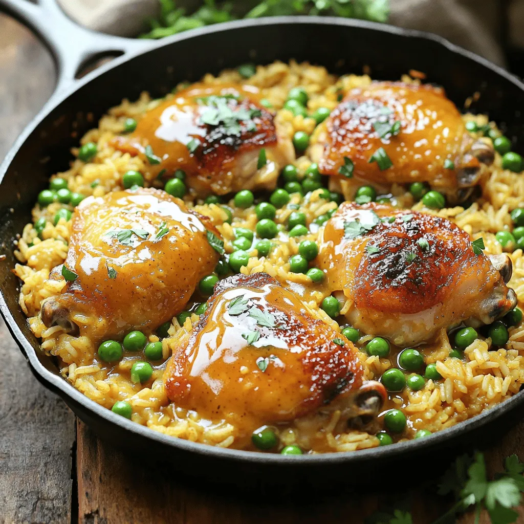 To make this tasty dish, gather these main ingredients: - 4 boneless, skinless chicken thighs - 1 cup long-grain rice - 2 cups chicken broth - ¼ cup honey - ¼ cup Dijon mustard - 2 tablespoons olive oil - 1 teaspoon garlic powder - 1 teaspoon onion powder - 1 teaspoon dried thyme - Salt and pepper to taste - 1 cup frozen peas These items create a balanced meal with protein and carbs. The spices in this recipe add layers of flavor. You will need: - 1 teaspoon garlic powder - 1 teaspoon onion powder - 1 teaspoon dried thyme - Salt and pepper to taste These spices enhance the chicken and rice, making them more tasty. Garnishes can make your dish look great. Consider these: - Fresh parsley, chopped Sprinkling parsley on top gives your dish a fresh look and extra flavor. First, gather your chicken and marinade ingredients. You need four boneless, skinless chicken thighs. In a small bowl, mix ¼ cup honey, ¼ cup Dijon mustard, 2 tablespoons olive oil, 1 teaspoon garlic powder, 1 teaspoon onion powder, and 1 teaspoon dried thyme. Add salt and pepper to taste. Whisk until smooth. Place the chicken thighs in a large bowl. Pour half of the marinade over them. Toss well to coat. Let it sit while you heat the skillet. Heat 2 tablespoons of olive oil in a large oven-safe skillet over medium-high heat. Once hot, add the marinated chicken thighs. Sear each side for about 3 to 4 minutes. Look for a nice golden brown color. The chicken will not be cooked through yet. This step adds flavor and texture. Once seared, remove the chicken and set it aside. In the same skillet, add 1 cup of long-grain rice. Stir it around to soak up the chicken juices. Cook for 1 to 2 minutes. This step gives the rice a rich flavor. Pour in 2 cups of chicken broth and stir. Nestle the seared chicken thighs back into the skillet on top of the rice. Make sure everything is evenly spread out. Cover the skillet with a lid or foil. Place it in the preheated oven at 375°F (190°C). Bake for 25 to 30 minutes. Check that the rice is tender and the chicken is cooked through. After baking, take the skillet out of the oven. Stir in 1 cup of frozen peas. Cover again and let it sit for 5 minutes. This allows the peas to heat through. Finally, fluff the rice with a fork. Drizzle the remaining honey mustard sauce over everything and sprinkle with chopped parsley before serving. To get a nice sear on chicken, heat your skillet first. Use medium-high heat and add a little olive oil. Place the chicken in the skillet without crowding it. Sear each side for about 3-4 minutes until golden brown. This step seals in the juices. Make sure not to move the chicken too much while it cooks. Let it form a crust before flipping. For fluffy rice, rinse it under cold water before cooking. This removes excess starch and prevents clumping. When adding the rice to the skillet, stir it well to coat in chicken juices. Use the right amount of chicken broth, which helps the rice absorb flavor. Cover the skillet tightly while baking. This keeps steam in and helps the rice cook evenly. Serving straight from the skillet adds a rustic touch. Fluff the rice with a fork before serving to separate the grains. Drizzle the extra honey mustard sauce over the chicken and rice for added flavor. A sprinkle of fresh parsley gives a pop of color. For a special touch, serve with a side of crusty bread. {{image_2}} You can switch the chicken for other meats. Try boneless turkey thighs for a leaner option. Pork chops also work well and add a different flavor. For a plant-based choice, use firm tofu or tempeh. Just ensure they soak in the honey mustard marinade before cooking. Rice is great, but you can try other grains. Quinoa adds a nutty taste and cooks quickly. Barley is hearty and gives a chewy texture. Couscous cooks fast and absorbs flavors well. Each grain brings its own unique taste to the dish. Boost nutrition by adding veggies to the mix. Carrots give a sweet crunch when diced small. Bell peppers add color and sweetness. Spinach wilts nicely and packs nutrients. Just toss them in with the rice for extra flavor and health benefits. To store your One-Pan Honey Mustard Chicken & Rice, let it cool first. Then, transfer it to an airtight container. This keeps the dish fresh and tasty. Make sure to store it in the fridge. It will stay good for up to 3 days. If you want to keep it longer, consider freezing. When you’re ready to eat leftovers, reheat them in the oven or on the stove. For the oven, preheat to 350°F (175°C). Place the chicken and rice in a baking dish. Cover it with foil to keep moisture in. Heat for about 20 minutes. On the stove, use medium heat. Add a splash of broth or water to avoid drying it out. Stir occasionally until hot. To freeze this dish, let it cool completely. Then, portion it into freezer-safe bags or containers. Remove as much air as possible before sealing. Label them with the date. You can freeze it for up to 3 months. When ready to eat, thaw it overnight in the fridge. Then, reheat as mentioned above. Enjoy your delicious meal anytime! Yes, you can use bone-in chicken thighs. They add flavor and moisture. Just increase the cooking time. Bone-in thighs may need about 10 more minutes in the oven. Check the internal temperature with a meat thermometer. It should reach 165°F (74°C) to be safe to eat. You can use yellow mustard if you want a milder taste. Honey mustard is also a great choice. If you want zest, try spicy brown mustard. Each will change the flavor a bit. Adjust the honey in the recipe if your substitute is sweeter. Yes, you can use gluten-free rice. Look for brands labeled as gluten-free. Quinoa or cauliflower rice are also good swaps. They keep the meal healthy and tasty. Ensure the broth you use is gluten-free too. Check the chicken's internal temperature with a meat thermometer. It should read 165°F (74°C). You can also cut into the thickest part. The meat should be white, not pink. Juices should run clear. These tips will help you serve safe and delicious chicken. You learned how to make one-pan honey mustard chicken and rice. We covered key ingredients, cooking steps, and tips for success. Remember, perfect searing and fluffy rice make all the difference. You can also switch proteins or add veggies to fit your taste. Store leftovers properly to enjoy later or freeze for convenience. With your new skills, impressing family and friends is easy. You now have a delicious recipe that ticks all the boxes for flavor and fun. Enjoy your cooking adventure!