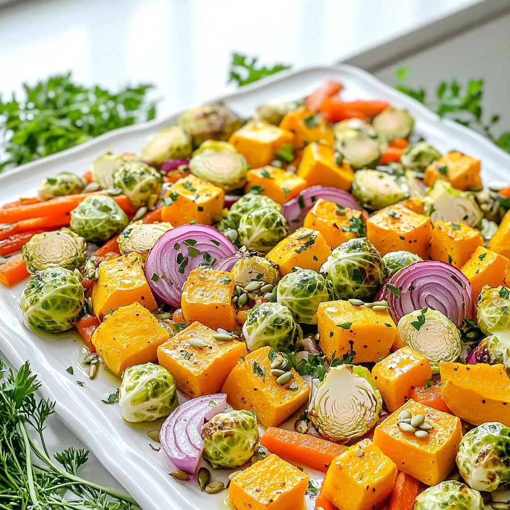 - 2 cups butternut squash, cubed - 2 cups Brussels sprouts, halved - 1 red onion, cut into wedges - 2 cups carrots, sliced - 1 red bell pepper, chopped - 4 cloves garlic, minced - 1 teaspoon dried thyme - 1 teaspoon smoked paprika - Salt and pepper to taste - 3 tablespoons olive oil - ¼ cup pumpkin seeds (optional, for garnish) The first step in making sheet pan roasted fall veggies is gathering fresh ingredients. Each vegetable adds its own flavor and texture. Butternut squash brings sweetness, while Brussels sprouts add a hearty bite. Red onion gives a nice sharpness, and carrots add a pop of color. Red bell pepper adds crunch and sweetness. You also need spices to enhance the taste. Garlic offers a robust flavor, while dried thyme and smoked paprika give warmth. Salt and pepper are essential for balance. Next, we have oils and garnishes. Olive oil helps the veggies roast nicely. It adds a rich taste and helps the spices stick. If you want some crunch, add pumpkin seeds on top. They are optional but tasty. Now you have a full list of ingredients to create a simple and tasty dish. - Preheat your oven to 425°F (220°C). - While the oven heats, wash and chop the vegetables. - Cut the butternut squash into cubes. - Halve the Brussels sprouts and cut the red onion into wedges. - Slice the carrots and chop the red bell pepper. - Mince the garlic cloves. - In a large mixing bowl, combine all the veggies. - Add the minced garlic, olive oil, dried thyme, and smoked paprika. - Sprinkle in salt and pepper to taste. - Toss everything well until the veggies get a nice coat of oil and spices. - Spread the veggies in a single layer on a baking sheet. - Make sure they aren't crowded; this helps them roast well. - Roast in the preheated oven for 25-30 minutes. - Stir the vegetables halfway through for even cooking. - They are done when they are tender and slightly caramelized. To get the best results, you need even coating. This means each piece of veggie should be covered with oil and spices. If they are not coated well, some will burn while others stay raw. To do this, toss the veggies in a bowl before spreading them on the pan. Stirring halfway through roasting is key too. This helps them cook evenly and get that nice golden color. You can easily boost the taste of your roasted veggies. Try adding a bit of lemon juice for brightness. A dash of chili powder can give it a kick. Rosemary or basil can add a fresh touch. Fresh herbs work great as a garnish too. They not only add flavor but also make the dish look lovely. Serving your roasted veggies on a large platter makes a big impact. Scatter some fresh arugula or herbs around the edges for color. Drizzling balsamic glaze over them gives a nice shine and adds sweetness. It makes the dish pop and looks restaurant-worthy. {{image_2}} You can swap in many seasonal veggies. Try sweet potatoes for a sweeter taste. Turnips add a nice kick. You can also use parsnips, beets, or even cauliflower. Each brings a new flavor. Adding root vegetables brings a hearty touch. The earthiness of these veggies pairs well with the other flavors. For a twist, mix in some radishes or even kohlrabi. Each option can change the dish in fun ways. You can make this dish your own by adding spices. Try cumin for warmth or turmeric for color. A sprinkle of chili powder adds heat. Explore global seasonings, too. Italian herbs can bring a fresh taste. A touch of curry powder can create an exotic vibe. Don't be afraid to experiment; each spice adds a new layer of flavor. Think of what to serve alongside your roasted veggies. Grilled chicken or fish works well. It adds protein and balances the meal. Complementary side dishes can enhance your meal. A simple quinoa salad can add texture. You can also serve these veggies with crusty bread for a cozy dinner. Each pairing makes the dish even more special. To keep your roasted veggies fresh, store them in an airtight container. Place them in the fridge within two hours of cooking. They stay good for up to four days. Label your container with the date to track freshness. To reheat, use an oven or a skillet. Preheat the oven to 350°F (175°C). Spread the veggies on a baking sheet and heat for about 10-15 minutes. If using a skillet, add a splash of olive oil. Heat on medium until warm. This keeps them crisp and tasty. You can freeze roasted veggies, but they work best if frozen before cooking. Toss the raw veggies with oil and spices, then spread them on a sheet pan. Freeze until firm, then transfer them to a freezer bag. They can last up to three months. To thaw, place them in the fridge overnight. Reheat in the oven or skillet as mentioned above. Yes, you can use frozen vegetables. They are a quick option. However, fresh veggies give a better taste and texture. Frozen vegetables may not roast as well. They can become mushy. If you use them, cut down the roasting time. Check them often to avoid overcooking. The veggies are done when they are tender and lightly brown. Stick a fork in them to check. If it goes in easily, they are ready. You should see some caramelization on the edges. The perfect time is about 25-30 minutes, but check halfway through. You can pair these veggies with many dishes. Here are some ideas: - Recommended proteins or grains: - Grilled chicken - Baked salmon - Quinoa - Brown rice - Ideas for salads or dips: - Mixed green salad with a lemon vinaigrette - Hummus for a tasty dip - Yogurt dip with herbs - Spinach salad with nuts and cheese This blog covers how to make delicious sheet pan roasted fall veggies. We discussed fresh vegetables, spices, oils, and tips for roasting. You learned storage info and answers to common questions. Roasting veggies is easy and fun. Try different veggies and flavors to make it yours. Enjoy the tasty results and share them with friends and family. Happy cooking!