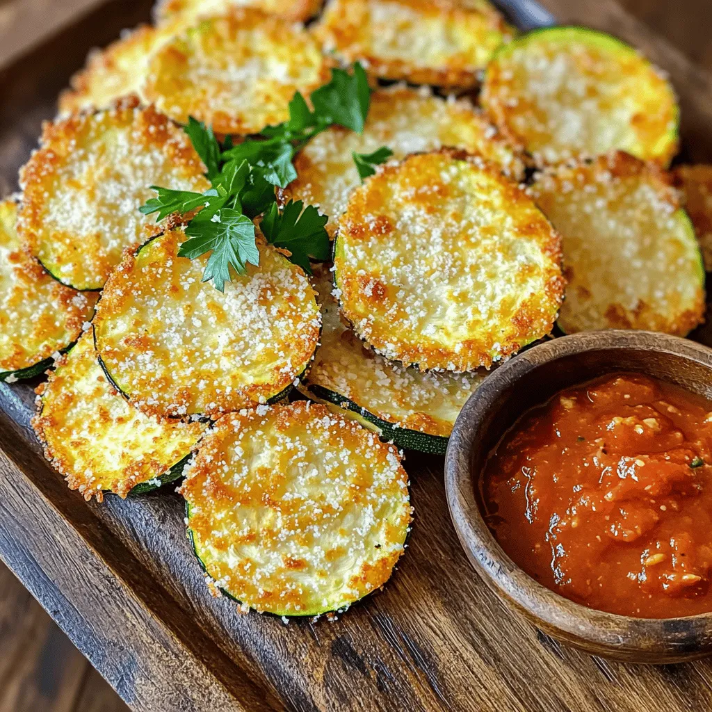 To make Air Fryer Parmesan Zucchini Chips, gather these simple ingredients: - 2 medium zucchinis, thinly sliced - 1 cup grated Parmesan cheese - 1 cup breadcrumbs (preferably whole wheat) - 1 teaspoon garlic powder - 1 teaspoon onion powder - 1 teaspoon dried oregano - 1 teaspoon salt - ½ teaspoon black pepper - Cooking spray or olive oil for misting You can swap some ingredients to fit your taste or diet: - Zucchini: Try yellow squash or eggplant for a different flavor. - Parmesan cheese: Use Pecorino Romano or nutritional yeast for a vegan option. - Breadcrumbs: Replace with crushed cornflakes or almond flour for a gluten-free choice. - Spices: Experiment with smoked paprika or Italian seasoning to change the taste. To make this recipe, you need a few key tools: - Air fryer: This is essential for crisping the zucchini. - Large mixing bowl: Use this for combining the coating ingredients. - Sharp knife: A good knife helps you slice the zucchini thinly. - Cutting board: Protects your counters and makes cutting easier. - Measuring spoons and cups: Ensure accurate ingredient amounts. - Tongs: Use these to flip the zucchini chips easily while cooking. Having these tools ready will make your cooking process smooth and fun! Start by gathering your ingredients. You will need: - 2 medium zucchinis, thinly sliced - 1 cup grated Parmesan cheese - 1 cup breadcrumbs (preferably whole wheat) - 1 teaspoon garlic powder - 1 teaspoon onion powder - 1 teaspoon dried oregano - 1 teaspoon salt - ½ teaspoon black pepper - Cooking spray or olive oil for misting Next, preheat your air fryer to 400°F (200°C). This takes about 5 minutes. While the fryer heats, mix your coating. In a large bowl, combine the grated Parmesan, breadcrumbs, garlic powder, onion powder, oregano, salt, and black pepper. Stir it well. Now, prepare the zucchini. Place the thinly sliced zucchini in another bowl. Mist it lightly with cooking spray or drizzle with olive oil. Toss to coat every slice evenly. This step helps the coating stick. Take each zucchini slice and dip it into the coating mixture. Press gently to ensure it sticks well. Arrange the coated slices in a single layer in the air fryer basket. Make sure they do not overlap. This helps each chip cook evenly. Air fry the zucchini chips for about 12-15 minutes. Flip them halfway through cooking. Keep an eye on them. Cooking times may change based on the thickness of your slices and your air fryer model. When you see them turn golden brown and crispy, they are ready. Use tongs to remove them from the fryer. Let the zucchini chips cool for a few minutes before serving. To check if your zucchini chips are done, look for a golden color. They should feel crisp when touched. If they seem soft, give them a few more minutes in the air fryer. Remember, every air fryer is a bit different. Testing a few chips will help you find the perfect cooking time. Enjoy your crispy zucchini chips! To get your zucchini chips crispy, use thin slices. Aim for about ⅛ inch thick. This helps them cook evenly and crisp up nicely. Misting with cooking spray or olive oil adds a golden color and crunch. Avoid overcrowding the air fryer basket; this leads to soggy chips. Cook in batches if needed. To boost flavor, try adding extra spices. A pinch of cayenne pepper gives heat. Smoked paprika adds a nice smoky taste. You can also mix in some fresh herbs like thyme or rosemary. For a cheesy kick, add a bit of grated Parmesan to the breadcrumbs. This makes every bite packed with flavor. One common mistake is not seasoning enough. The salt and spices add flavor, so don't skip them. Another mistake is cutting the zucchini too thick. If your slices are too thick, they won't crisp well. Lastly, remember to flip the chips halfway through cooking. This helps them brown evenly and stay crispy. {{image_2}} You can easily change the flavor of your zucchini chips. For a spicy kick, add cayenne pepper or chili powder to the breading mix. This adds heat without losing the great texture. If you prefer herb-infused chips, try adding dried basil or thyme to the mix. Fresh herbs can also work wonders. Just chop them finely and add them to your coating. Experiment with different spices to find your favorite flavor! If you want gluten-free chips, swap regular breadcrumbs for gluten-free ones. There are many brands available now. For a vegan option, use nutritional yeast instead of Parmesan cheese. This will give you a cheesy flavor without dairy. You can also use a plant-based milk to mist the zucchini instead of olive oil. These simple swaps make the recipe fit various diets while keeping it tasty! These zucchini chips pair well with many dips. A classic marinara sauce adds a nice tang. You can also serve them with a yogurt dip made from Greek yogurt, lemon juice, and herbs. This adds creaminess and freshness. For a fun twist, try a spicy salsa or guacamole for a burst of flavor. Present the chips on a colorful platter with your chosen dip for a snack that looks as good as it tastes! To store leftover zucchini chips, let them cool first. Place them in an airtight container. Keep the container in the fridge. They will stay fresh for up to three days. If you want to keep them crisper, place paper towels in the container. This will absorb moisture. When you want to eat your leftover chips, reheating is key. Preheat your air fryer to 350°F (175°C) for a few minutes. Place the zucchini chips in the basket in a single layer. Heat for about 3-5 minutes. This helps restore their crispiness. You can also use an oven if you don’t have an air fryer. For long-term storage, freezing is a great option. First, let the chips cool completely. Arrange them in a single layer on a baking sheet. Freeze them for about 1-2 hours until firm. Then, transfer them to a freezer-safe bag. Remove as much air as possible before sealing. They can stay in the freezer for up to two months. When you're ready to eat, cook them straight from the freezer. Just add a few extra minutes to the cooking time. To make zucchini chips crispy, slice the zucchini thin. A good thickness is about ⅛ inch. Mist them lightly with cooking spray or olive oil. This helps the breading stick. Mix grated Parmesan, breadcrumbs, and spices in a bowl. Coat each slice with this mixture. The key is to arrange them in a single layer in the air fryer. Overlapping slices can lead to sogginess. Cook at 400°F for 12-15 minutes, flipping halfway. Keep an eye on them for perfect crispiness. Yes, you can use other cheeses! Parmesan gives a nice flavor, but mozzarella or cheddar can work too. Just make sure to grate the cheese finely. This helps it stick to the zucchini slices. You can also mix different cheeses for a fun taste. Just remember that different cheeses can change the crispiness and flavor. You will know the zucchini chips are done when they are golden brown and crispy. Check them around the 12-minute mark. If they look too pale, give them a few more minutes. The air fryer cooks quickly, so keep an eye on them. If they start to brown too fast, lower the temperature slightly. Let them cool a bit before eating, as they will crisp up more as they cool. This article covered all you need to know about making zucchini chips. We explored required ingredients, substitutions, and tools. I shared step-by-step cooking instructions, tips for crispiness, and flavor ideas. You now have storage info and answers to common questions. With these insights, you can make tasty, crunchy zucchini chips at home. Enjoy experimenting with your own flavors and variations. You’ll create a snack everyone loves!