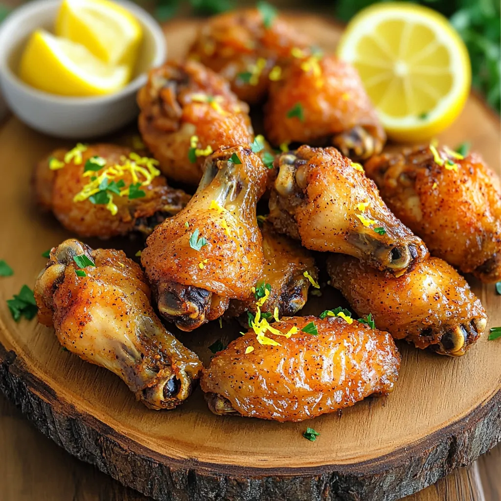 - 2 lbs chicken wings Chicken wings are the star of this dish. I love using fresh wings for the best taste. You can find them at your local grocery store or butcher shop. - 2 tablespoons olive oil - 1 tablespoon lemon zest (freshly grated) - 2 tablespoons lemon juice (freshly squeezed) - 1 tablespoon black pepper - 2 teaspoons garlic powder - 1 teaspoon onion powder - 1 teaspoon paprika - 1 teaspoon salt - ½ teaspoon cayenne pepper (optional for extra heat) The marinade gives these wings their bold flavor. Olive oil helps the spices stick. Lemon zest and juice add a bright kick. Black pepper and cayenne pepper bring heat, while garlic and onion powders add depth. Paprika gives a nice color, and salt enhances all the flavors. - Fresh parsley, chopped (for garnish) Chopped parsley makes a beautiful garnish. It adds a fresh touch and bright color to the wings. You can skip this if you prefer, but it makes a nice presentation! Start with 2 pounds of chicken wings. First, pat them dry with paper towels. This makes the wings crispy. Remove any extra moisture. A dry wing cooks better in the air fryer. In a large bowl, mix 2 tablespoons of olive oil, 1 tablespoon of lemon zest, and 2 tablespoons of lemon juice. Add 1 tablespoon of black pepper, 2 teaspoons of garlic powder, 1 teaspoon of onion powder, 1 teaspoon of paprika, and 1 teaspoon of salt. If you want heat, add ½ teaspoon of cayenne pepper. Stir this well to combine. Add the chicken wings to the bowl. Toss them in the marinade until they are coated. If you have time, let them sit for 30 minutes in the fridge. This helps the wings soak up the flavor. Preheat your air fryer to 380°F (193°C) for about 5 minutes. Place the wings in the air fryer basket in a single layer. Do not overcrowd them. Cook the wings for 25 to 30 minutes. Flip them halfway through cooking. This helps them cook evenly. Once the wings are golden brown, they are ready. Carefully remove them from the air fryer. Let them rest for a few minutes. This helps keep them crispy. Before serving, garnish with fresh parsley for a nice touch. Enjoy your crispy lemon pepper wings! Air frying can make your wings crispy without too much oil. Here are some tips: - Dry the wings well: Use paper towels to remove moisture. This helps them get crispy. - Preheat the air fryer: Always preheat to 380°F (193°C) before cooking. It ensures even cooking. - Do not overcrowd: Place wings in a single layer. This helps them cook evenly and get crispy. Marinating your wings is key to great taste. Here's how to do it right: - Use fresh ingredients: Fresh lemon juice and zest give the best flavor. - Marinate time: Let wings sit in the marinade for at least 30 minutes. For deeper taste, try 2 hours. - Toss well: Make sure every wing is coated. This helps each bite burst with flavor. Cooking time can vary based on wing size. Here are some adjustments: - Smaller wings: If your wings are smaller, check them at 20 minutes. - Larger wings: For bigger wings, you may need up to 35 minutes. - Check for doneness: Wings should be golden brown and crispy. A meat thermometer should read 165°F (74°C) inside. Use these tips for tasty, crispy lemon pepper wings every time! {{image_2}} To make spicy lemon pepper wings, add more heat. Use 1 to 2 teaspoons of cayenne pepper. You can also add hot sauce to the marinade. This gives the wings a fiery kick. Mix the hot sauce with olive oil, lemon zest, and the other spices. The result is a zesty, spicy treat that packs a punch. For a sweet twist, try honey lemon pepper wings. Add 2 tablespoons of honey to the marinade. The honey adds a nice sweetness that balances the tart lemon. It caramelizes during cooking, giving a lovely glaze. This version is perfect for those who love sweet and savory flavors. If you enjoy fresh herbs, go for herb-infused wings. Add a mix of dried herbs like thyme, oregano, or rosemary. Just 1 teaspoon of each will enhance the flavor. You can also use fresh herbs if you have them on hand. This variation adds a fragrant aroma and a burst of freshness to your wings. To store leftover wings, let them cool first. Place the wings in an airtight container. Use parchment paper between layers to keep them from sticking. They can stay fresh in the fridge for up to three days. Make sure to seal them well to avoid drying out. When you want to eat the leftover wings, preheat your air fryer to 350°F (175°C). Place the wings in the basket in a single layer. Reheat for about 8-10 minutes. Flip them halfway for even heating. This method keeps them crispy and delicious. If you want to save wings for later, freezing is a great option. First, let them cool completely. Then, arrange the wings in a single layer on a baking sheet. Freeze them for about an hour until firm. After that, transfer them to a freezer bag and seal tightly. They can last up to three months in the freezer. When ready to enjoy, thaw them in the fridge overnight before reheating. To cook wings in the air fryer, you need about 25 to 30 minutes. Set the air fryer to 380°F (193°C). Flip the wings halfway through cooking. This ensures they cook evenly and get that nice golden color. Yes, you can make these wings in an oven. Preheat your oven to 425°F (218°C). Place the wings on a baking sheet lined with parchment paper. Bake for about 40 to 45 minutes, flipping them halfway through. They won’t be as crispy as in the air fryer but will still taste great. Serve lemon pepper wings hot for the best taste. You can place them on a platter with fresh parsley on top. Pair them with dipping sauces like ranch or blue cheese. They make a great appetizer or snack for parties! We explored how to create delicious chicken wings using an air fryer. You learned about the right ingredients, from wings to marinades, and how to make them pop with flavor. I shared tips for air frying and achieving that perfect crispiness. We also discussed tasty variations and how to store leftovers. In closing, mastering these steps lets you enjoy great wings anytime. Whether for a game day or a family dinner, these tips will make you a pro at wing-making.
