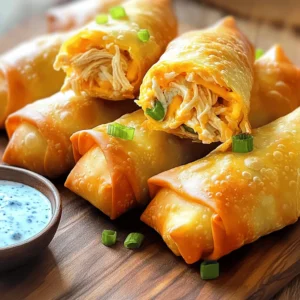 - 2 cups cooked chicken, shredded - ½ cup buffalo sauce - 1 cup shredded cheddar cheese - ½ cup green onions, chopped - 1 cup coleslaw mix - 12 egg roll wrappers - Cooking spray or olive oil for misting - Blue cheese or ranch dressing for serving To make the best Buffalo Chicken Egg Rolls, focus on fresh ingredients. Start with cooked chicken. Shredded rotisserie chicken works great for this recipe. The buffalo sauce adds a spicy kick. Adjust it to suit your taste. A good cheddar cheese melts well and gives flavor. Next, chop some green onions. They add a nice crunch and freshness. The coleslaw mix adds texture and a bit of sweetness. Finally, egg roll wrappers hold everything together. They are easy to find in stores. For a crispy finish, lightly mist the egg rolls with cooking spray or olive oil. This step helps them brown nicely in the air fryer. Serve with blue cheese or ranch dressing for a creamy dip. It pairs well with the spicy flavor of the egg rolls. First, take a large mixing bowl. Add 2 cups of shredded chicken. Pour in ½ cup of buffalo sauce. You can adjust the sauce for spice. Next, add 1 cup of shredded cheddar cheese. Toss in ½ cup of chopped green onions. Finally, mix in 1 cup of coleslaw mix. Stir everything until it is well combined. This filling is the heart of your egg rolls. Now, grab an egg roll wrapper. Lay it flat on a clean surface. Position it so one corner points toward you, like a diamond. Scoop about 2 tablespoons of the filling into the center. Fold the bottom corner over the filling. Tuck it in tightly to seal. Next, fold the two side corners toward the center. Roll from the bottom to the top to close the egg roll. If needed, use a bit of water on your fingers to seal the edges. Repeat this process for all the wrappers and filling. It's time to cook! Preheat your air fryer to 375°F (190°C). While waiting, lightly spray or brush the egg rolls with cooking spray or olive oil. Place the egg rolls in the air fryer basket. Make sure not to overcrowd them. Air fry for 10-12 minutes. Turn them halfway through. They should be golden brown and crispy when done. Once cooked, let them cool slightly before serving. Enjoy them with blue cheese or ranch dressing for dipping! To get crispy edges, sealing is key. After you fill the wrapper, fold the bottom corner tightly over the filling. Then, fold the sides towards the center. Finally, roll from the bottom to the top. If needed, use a bit of water on your fingers to seal the edges well. This helps keep the filling inside while cooking. For wrapping, I recommend laying the wrapper in a diamond shape. This method makes it easier to roll and seal. Buffalo sauce can be spicy, but you can tone it down. To make milder rolls, mix the buffalo sauce with some ranch dressing. You can also use less buffalo sauce in the filling. Start with ¼ cup and taste the mixture. This way, you keep the flavor without too much heat. You can always add more sauce later if you like it spicier. For even cooking, preheat your air fryer to 375°F (190°C). Place the egg rolls in the basket in a single layer. Avoid overcrowding the basket. This allows hot air to circulate and crisp up all sides. If you have many rolls, cook them in batches. Lightly spray or brush them with olive oil before cooking. This step adds extra crispiness and flavor. {{image_2}} You can easily switch chicken for turkey or pork. Turkey gives a lighter taste. It still holds the spicy buffalo flavor well. For pork, use shredded cooked pork. It adds a rich flavor. Just keep the buffalo sauce to balance the taste. Each option offers a fun twist. You can enjoy them in many ways. If you want a meat-free choice, try plant-based proteins. You can use shredded jackfruit or tofu. Both soak up flavor well. Add cheese alternatives for the creamy texture. Nutritional yeast gives a cheesy taste without dairy. Also, keep the coleslaw mix for crunch. This way, you get a filling veggie snack. Feel free to play with spices and sauces. Add garlic powder for a strong kick. Smoked paprika gives a nice depth to the taste. You can also experiment with different sauces. Try barbecue sauce for a sweet twist. Or add ranch seasoning for a creamy touch. Each variation makes your egg rolls unique and fun! To store your leftover buffalo chicken egg rolls, place them in an airtight container. Make sure they are completely cool before sealing. This helps keep them fresh. You can store them in the fridge for up to three days. If you want to keep them longer, consider freezing them instead. The best way to reheat your egg rolls is in the air fryer. This keeps them crispy. Preheat your air fryer to 375°F (190°C). Place the egg rolls in a single layer. Heat for about 5-7 minutes. Check them halfway to ensure even heating. They should be hot and crispy when done. If you want to freeze uncooked egg rolls, start by laying them out on a baking sheet. Make sure they are not touching. Freeze them for about an hour, or until solid. Then, place them in a freezer bag. Label the bag with the date. You can freeze them for up to three months. When ready to cook, just air fry them straight from the freezer. Yes, using store-bought rotisserie chicken saves time. It cuts your prep work in half. The chicken is already cooked and seasoned. This option makes your filling flavorful right away. Plus, it makes the dish super quick. Just shred the chicken and mix it with the other ingredients. You’ll have delicious egg rolls in no time. I love serving buffalo chicken egg rolls with a few tasty sides. Here are some great options: - Blue cheese or ranch dressing: Perfect for dipping. - Celery sticks: Adds a nice crunch and freshness. - Carrot sticks: A sweet side that pairs well. - French fries: Crispy fries go great with these rolls. - Salad: A light salad can balance the meal. These sides enhance your meal and make it feel complete. To get the crispiest egg rolls, follow these tips: - Preheat your air fryer: Heat it to 375°F (190°C) before cooking. - Spray with oil: Lightly mist the egg rolls with cooking spray or olive oil. This helps them brown nicely. - Don’t overcrowd: Place the egg rolls in a single layer. This allows hot air to circulate and crisp all sides. - Turn halfway through: Flip them at the halfway point to get even crispiness. By following these steps, your egg rolls will come out perfectly crispy every time. Enjoy! In this article, we explored making buffalo chicken egg rolls. We covered key ingredients, filling prep, and assembly steps. You learned helpful tips for perfecting your wraps, adjusting spice levels, and air fryer tricks. We also shared storage methods and answered common questions. Try these tasty rolls for a fun snack or dinner. Enjoy your cooking adventure!