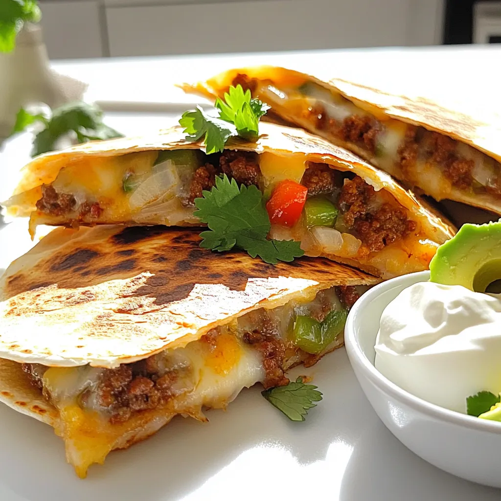 - 200g chorizo, diced - 1 small onion, finely chopped - 1 bell pepper (red or green), diced - 2 cloves garlic, minced - 1 cup shredded cheese (cheddar or Monterey Jack) The main stars of our chorizo quesadillas are chorizo and cheese. Chorizo adds a spicy kick. You’ll want to use good quality chorizo for great flavor. Onions and bell peppers bring sweetness and crunch. Fresh garlic enhances the taste. A mixture of cheddar or Monterey Jack cheese melts perfectly for a gooey texture. - 4 large flour tortillas - 2 tablespoons olive oil For the base, I prefer large flour tortillas. They hold the filling well and crisp up nicely. Olive oil helps the quesadillas brown and adds a slight richness. Be sure to use enough oil to coat your skillet. - Fresh cilantro, chopped (for garnish) - Sour cream or guacamole (for serving) Garnishes elevate the dish. Fresh cilantro adds brightness. Sour cream or guacamole gives a creamy touch. These sides balance the spice of the chorizo, making each bite delightful. - Brown the Chorizo Heat a skillet over medium heat. Add 1 tablespoon of olive oil. Once hot, add the diced chorizo. Cook it for about 5-7 minutes. Stir often until the chorizo is brown and crispy. - Add Onion and Bell Pepper Now, add the finely chopped onion and diced bell pepper. Cook for another 4-5 minutes. The veggies should soften but still have some crunch. - Assemble the Tortilla Layers On a new skillet, heat the remaining tablespoon of olive oil over medium-low heat. Place one tortilla in the skillet. Sprinkle half of the shredded cheese on top. Next, add half of the chorizo mixture. Then, top it with more cheese. Carefully place a second tortilla on top. - Cook Until Golden Brown Cook for 3-4 minutes until the bottom is golden brown. The cheese will start to melt. Flip the quesadilla using a large spatula and cook for another 2-3 minutes. Both sides should be golden brown and crispy. - Cut and Serve Remove the quesadilla from the skillet. Let it sit for a minute. Then, cut it into wedges. Repeat this for the rest of your quesadillas. - Recommended Garnishes Serve hot, garnished with fresh cilantro. Add sour cream or guacamole on the side. Enjoy your flavorful dish! To get a crispy quesadilla, use medium-low heat. This allows the tortillas to brown without burning. Use enough olive oil to coat the pan lightly. Flip the quesadilla carefully to keep it intact. After cooking, let it rest for a minute. This helps the cheese set and keeps the filling from spilling out. For gooey cheese, shred it yourself. Pre-shredded cheese often has anti-caking agents. Mix different cheeses to enhance flavor. Cheddar and Monterey Jack work well together. Layer cheese on both sides of the filling. This creates a cheesy barrier that holds everything together. Do not overload your tortillas. Too much filling makes them hard to flip. Stick to a moderate amount of chorizo and veggies. This ensures even cooking and keeps the quesadilla crispy. Avoid high heat when cooking. It can burn the tortillas while leaving the filling cold. Medium-low heat allows for even cooking. This way, your quesadillas turn out golden and hot throughout. Feel free to adjust the spices in your mix. Add more smoked paprika for a deeper flavor. For heat, toss in some chili powder or jalapeños. Start small and taste as you go. This way, you can find your perfect spice level. Fresh ingredients boost flavor and texture. Consider adding diced tomatoes or corn. Fresh herbs like cilantro add a nice touch. You can also serve with fresh salsa to enhance the taste. {{image_2}} Using Different Meats You can change up the chorizo for other meats. Try ground beef or chicken for a milder taste. Both will still give you a tasty quesadilla. Just cook the meat until it's done before adding veggies. Vegetarian Options If you want a veggie quesadilla, skip the meat. Use black beans or mushrooms instead. They add great flavor and texture. You can also add some spinach for added nutrition. Adding Spices Want to kick up the flavor? Add spices like cayenne or cumin. Just a pinch can make a big difference. Experiment to find what you like best. You can also use chili powder for more heat. Salsas and Sauces Salsas can add fun flavors. Try pico de gallo for freshness. Or go for a smoky salsa for depth. You can also drizzle some hot sauce on top for a spicy finish. Pairing with Mexican Rice Serve your quesadillas with Mexican rice. The rice complements the flavors well. It adds a nice balance to your meal. You can even mix in some corn or peas in the rice. Creating a Quesadilla Platter Make a platter for sharing. Use different quesadillas with various fillings. Include dips like sour cream and guacamole. This way, everyone can taste a bit of everything. To keep your chorizo quesadillas fresh, store them in the fridge. Wrap each quesadilla in plastic wrap or foil. Place them in an airtight container. This helps keep them from drying out. Your leftovers will stay good for about three days in the fridge. If you want to save them for longer, freezing is a great option. Wrap each quesadilla in plastic wrap tightly. Then, place them in a freezer-safe bag. Squeeze out as much air as possible. Frozen quesadillas can last up to three months. When it comes to reheating, I prefer the oven over the microwave. The oven helps keep the quesadillas crispy. Preheat your oven to 350°F (175°C). Place the quesadillas on a baking sheet. Bake for about 10-15 minutes until they are hot. If you use a microwave, the quesadilla may become soggy. To prevent this, place a paper towel under the quesadilla. Heat it in short bursts of 30 seconds. Check often to avoid overheating. How long do quesadillas last? If stored properly, they can last about three days in the fridge. In the freezer, they can last up to three months. Watch for signs of spoilage. If you see mold or a strange smell, throw them away. Additionally, if the texture seems off or they feel slimy, it’s best to discard them. Enjoy your chorizo quesadillas while they are fresh! I love using cheddar or Monterey Jack cheese for quesadillas. These cheeses melt well and add great flavor. You can also try a mix of both for more depth. Just make sure to shred the cheese yourself. Pre-shredded cheese has added ingredients that can affect the melt. Yes, you can use corn tortillas. They add a nice crunch and a more authentic taste. However, corn tortillas can break easily. To avoid this, warm them up before filling. This helps them stay soft and flexible. To spice up your chorizo quesadillas, add jalapeños or hot sauce. You can mix in some diced green chiles too. Another option is to add more smoked paprika or cayenne pepper to the mixture. Always taste as you go! Chorizo quesadillas can be part of a balanced diet. However, chorizo is high in fat and sodium. To make them healthier, use less chorizo and add more veggies like bell peppers and onions. You can also choose whole grain tortillas for extra fiber. To make a great chorizo quesadilla, gather your main ingredients like chorizo, onion, and cheese. Follow the steps to cook your filling and assemble your quesadilla. Use tips to avoid common mistakes and enhance flavor. Explore variations for different tastes. Store and reheat leftovers properly for later enjoyment. With these simple steps, you can create a delicious meal that impresses everyone. Enjoy your cooking adventure and feel proud of your tasty results!