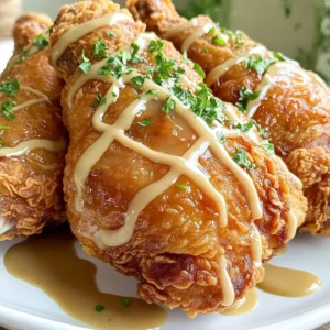 To make classic buttermilk fried chicken, gather these main ingredients: - 4 chicken thighs, bone-in, skin-on - 4 chicken drumsticks, bone-in, skin-on - 2 cups buttermilk - 2 cups all-purpose flour - 1 tablespoon garlic powder - 1 tablespoon onion powder - 1 teaspoon paprika - 1 teaspoon cayenne pepper (adjust for spice level) - Salt and pepper to taste - Vegetable oil for frying These ingredients create a rich and flavorful dish. The buttermilk helps tenderize the chicken. It also adds a tangy taste. The spices give the chicken its distinctive flavor. For the homemade gravy, you will need: - 2 tablespoons butter - 2 tablespoons all-purpose flour - 1 cup chicken broth - Salt and pepper to taste This gravy adds richness to the fried chicken. The butter and flour create a roux. The chicken broth brings in a savory depth. To enhance your meal, consider these garnishes and sides: - Fresh parsley, chopped (for garnish) - Mashed potatoes - Side salad Fresh parsley adds color and a hint of freshness. Mashed potatoes make a classic pairing. A side salad can balance the meal with crispiness. Enjoy your buttermilk fried chicken with these tasty options! To start, gather your chicken thighs and drumsticks. Place them in a large bowl. Pour in 2 cups of buttermilk. Make sure each piece is well coated. Cover the bowl and refrigerate it. Let the chicken marinate for at least 4 hours. For the best flavor, overnight is ideal. This step makes the chicken tender and juicy. In another bowl, mix your dry ingredients. Combine 2 cups of all-purpose flour, 1 tablespoon of garlic powder, 1 tablespoon of onion powder, 1 teaspoon of paprika, and 1 teaspoon of cayenne pepper. Add salt and pepper to taste. Stir well to blend everything. This mixture gives the chicken its amazing flavor and crispy texture. After marinating, take the chicken from the fridge. Let the excess buttermilk drip off. Dredge each piece in the flour mixture. Press lightly to ensure a good coating. Place the coated chicken on a wire rack. Let it rest for about 15 minutes. This step helps the coating stick better during frying. In a large skillet or Dutch oven, heat about 1 inch of vegetable oil. Use medium-high heat. The oil should reach about 350°F (175°C). Be careful not to let it smoke. Gently place the breaded chicken in the hot oil. Do not overcrowd the pan. Fry in batches for about 12-15 minutes per side. The chicken should turn golden brown and reach an internal temperature of 165°F (74°C). Transfer the fried chicken to a wire rack to drain any excess oil. In a separate saucepan, melt 2 tablespoons of butter over medium heat. Once melted, stir in 2 tablespoons of flour. Cook this mixture for about 1 minute until it turns light brown. Gradually whisk in 1 cup of chicken broth. Stir constantly until the gravy thickens, which takes about 3-5 minutes. Season with salt and pepper to taste. To serve, plate the fried chicken on a rustic dish. Drizzle the homemade gravy generously over the chicken. For a nice touch, sprinkle fresh chopped parsley on top. Pair it with mashed potatoes or a side salad for a complete meal. This dish looks as good as it tastes and will impress anyone at your table. To get that perfect crispy skin, use a few tricks. First, let the chicken marinate in buttermilk overnight. This step makes the meat juicy and tender. After coating the chicken in the flour mix, let it rest on a wire rack. This helps the coating stick better. When frying, make sure the oil is hot, around 350°F. Fry in batches, giving each piece space to cook evenly. Flip the chicken only once to avoid losing the crispy coating. Choosing the right oil is key. I recommend using vegetable oil. It has a high smoke point, which means it can handle the heat without burning. Other good options include canola or peanut oil. These oils let the chicken cook well and stay crispy. Avoid using olive oil, as it has a lower smoke point. You can save time with a few simple tricks. Marinate the chicken the night before. This allows flavors to soak in and cuts down on prep time. While the chicken marinates, mix your flour and spices. When you take the chicken out of the buttermilk, coat it quickly. If you're short on time, use a store-bought spice mix. This way, you can get that great flavor without all the extra steps. {{image_2}} Want more heat? Add cayenne pepper to your marinade. You can use 1 to 2 teaspoons, based on your spice love. You can also mix in hot sauce for a zesty kick. This will give your chicken a nice, spicy flavor. After frying, serve with a cooling dip, like ranch or yogurt. Baking is a healthier option. Preheat your oven to 425°F (220°C). After coating the chicken, place it on a baking sheet lined with parchment paper. Mist the chicken lightly with oil for crispiness. Bake for 35 to 45 minutes, turning halfway. Check for an internal temperature of 165°F (74°C) to ensure it’s done. For a gluten-free version, swap all-purpose flour for gluten-free flour. Almond flour or a gluten-free baking mix works well. Ensure your buttermilk is gluten-free, too. This way, everyone can enjoy fried chicken without worry. The taste and texture will still be delightful. Store leftover fried chicken in an airtight container. Keep it in the fridge. It lasts for about 3 to 4 days. Make sure the chicken is cool before sealing. This keeps it crispy and tasty. Lay paper towels at the bottom of the container to absorb moisture. To reheat fried chicken, use the oven for best results. Preheat your oven to 375°F (190°C). Place the chicken on a wire rack above a baking sheet. This helps air circulate, keeping it crispy. Heat for about 15-20 minutes, or until hot. You can also use an air fryer. Set it to 350°F (175°C) for about 8-10 minutes. You can freeze fried chicken for later use. Let it cool completely, then wrap each piece in plastic wrap. Place the wrapped chicken in a freezer bag. It can last for up to 3 months in the freezer. For the gravy, cool it down, then pour it into an airtight container. Freeze it for up to 2 months. Remember to label everything with dates! I recommend marinating the chicken for at least 4 hours. For best taste and texture, marinate it overnight. This helps the chicken soak up the buttermilk's tangy flavor. It also makes the meat juicy and tender. Yes, you can use chicken breasts. They will cook faster than thighs and drumsticks. Just remember to adjust your cooking time. Ensure the internal temperature reaches 165°F for safety. If you don't have buttermilk, you can easily make your own. Mix 1 cup of milk with 1 tablespoon of vinegar or lemon juice. Let it sit for about 5 minutes. This gives you a similar tangy flavor and acidity. To check if the chicken is done, use a meat thermometer. The internal temperature should be at least 165°F. You can also cut into a piece. The juices should run clear, not pink. Yes, you can prepare the gravy ahead of time. Just store it in the fridge after cooking. When ready to serve, warm it on the stove. If it thickens too much, add a splash of chicken broth to loosen it up. Fried chicken is a fun dish that anyone can make at home. We covered key ingredients, from chicken to gravy and tasty sides. I shared step-by-step instructions to help you fry the best chicken ever. You learned tips for crunchiness and time-saving tricks. Plus, I offered variations for every taste and how to store leftovers right. With these methods, you can enjoy delicious meals anytime. Enjoy your cooking journey!