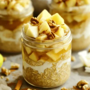 - 1 cup rolled oats - 1 cup almond milk (or any milk of choice) - 1 medium apple, peeled and diced - 1 tablespoon maple syrup (or honey) In this recipe, rolled oats serve as the base. They give the dish texture and fiber. Almond milk or any milk you choose keeps it creamy. Diced apple adds sweetness and crunch. Maple syrup or honey brings a touch of natural sweetness. - ¼ cup Greek yogurt (optional for creaminess) - 2 tablespoons chopped walnuts (or pecans) - ½ teaspoon vanilla extract Adding Greek yogurt makes the oats rich and creamy. Chopped walnuts or pecans give a nice crunch and healthy fats. A bit of vanilla extract enhances the flavor, making it taste more like dessert. - 1 teaspoon cinnamon - A pinch of salt Cinnamon is key for that warm, apple pie flavor. It adds depth and aroma. A pinch of salt balances the sweetness and enhances the taste of all the ingredients. To start, take a medium bowl. Combine the rolled oats, almond milk, maple syrup, cinnamon, vanilla extract, and a pinch of salt. Stir well until everything mixes together. This step ensures the oats soak up the flavors. Next, fold in the diced apple. Make sure the apple pieces are spread evenly in the mix. If you want a creamier texture, add the Greek yogurt. Mix until it blends smoothly into the oats. Now, divide the mixture into two clean jars or containers. This helps with portion control. Next, top each jar with chopped walnuts for a nice crunch. Cover the jars tightly with lids or plastic wrap. Place them in the fridge overnight, or for at least four hours. This chilling time lets the oats soften and absorb flavors. In the morning, take the jars out of the fridge. Give the oats a good stir. If you want them creamier, add a splash more almond milk. You can enjoy them cold straight from the jar. If you prefer warm oats, microwave each jar for 30 to 60 seconds. For an extra touch, drizzle some maple syrup on top. A sprinkle of cinnamon and some extra apple slices can make your dish look appealing. Enjoy your tasty apple pie overnight oats! You can switch up the fruits in your Apple Pie Overnight Oats. Try using pears for a juicy twist. Bananas add creaminess and sweetness too. You can mix and match to find your favorite flavor. When it comes to milk, I recommend almond milk. But you can use any milk you like. Cow's milk, oat milk, or even coconut milk work well. Each one gives a different taste and texture. Chilling time is key for great overnight oats. Let them sit in the fridge for at least four hours. This helps the oats soak up the milk. You get a creamy, soft texture. If your oats are too thick, add more milk. Stir in a splash at a time until it feels just right. You want it to be creamy, not dry. Garnish your oats with extra toppings for a fun touch. Drizzle some maple syrup on top. A sprinkle of cinnamon adds flavor and looks nice too. For a creative serving suggestion, add apple slices on the side. A dollop of Greek yogurt can make it feel fancy. Use clear jars to show off those layers of flavor. {{image_2}} You can spice up your Apple Pie Overnight Oats in fun ways. Adding raisins or dried cranberries brings a sweet burst. These fruits add chewiness and extra flavor. You can also sprinkle in nutmeg for a warm, cozy taste. Nutmeg pairs well with cinnamon and gives a deeper spice note. Need to keep it gluten-free? Use certified gluten-free oats. They taste just as good and keep your dish safe. If you want a dairy-free option, swap Greek yogurt for a plant-based yogurt. Almond milk is already dairy-free, making this dish easy to adapt. Feel free to change your toppings with the seasons! In fall, add caramelized apples or pecans for a festive touch. In summer, fresh berries like strawberries or blueberries work great. These seasonal fruits add color and flavor, keeping your breakfast exciting all year long. Store your leftover overnight oats in airtight containers. Glass jars work great. They keep the oats fresh and make it easy to grab and go. If you have more than two servings, divide them into separate jars. This way, you can enjoy them throughout the week. These oats can stay fresh in the fridge for up to five days. To maintain their best taste, eat them within three days. Check for signs of spoilage like a sour smell or change in color. If the oats look dry or clumpy, it’s best to toss them. You can enjoy your oats cold or warm. For a quick heat-up, use the microwave. Heat for 30 to 60 seconds. Stir halfway to ensure even warming. If you prefer the stovetop, add a little almond milk and heat in a small pot. Stir until warm, and enjoy! To make this dish vegan, swap honey with maple syrup. Use almond milk or any plant-based milk. For yogurt, try coconut yogurt or omit it for a lighter version. This keeps the creamy texture without the dairy. Yes, you can prepare Apple Pie Overnight Oats up to three days ahead. Store them in airtight jars in the fridge. It’s best to top with nuts right before serving. This keeps them crunchy and fresh. Overnight oats are full of fiber, which helps digestion. They provide steady energy throughout the day. Oats lower cholesterol and support heart health. Apples add vitamins and antioxidants. Walnuts give healthy fats and protein. This dish is a balanced breakfast choice. Apple pie overnight oats are easy to make and tasty. You learned the main ingredients, like oats and apple, and how to prepare them. I shared tips on customizing the oats and offered storage tips for leftovers. Try different fruits or nuts to find what you love. Remember, the best part is making it your own. Enjoy this healthy, quick meal that fits any time of year. Happy cooking!