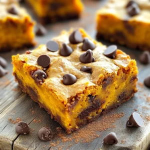 To make pumpkin chocolate chip blondies, you’ll need these key ingredients: - 1 cup pumpkin puree - ½ cup unsalted butter, melted - 1 cup brown sugar - ½ cup granulated sugar - 2 large eggs - 1 teaspoon vanilla extract - 2 cups all-purpose flour - 1 teaspoon baking powder - 1 teaspoon baking soda - 1 teaspoon ground cinnamon - ½ teaspoon nutmeg - ¼ teaspoon salt - 1 cup chocolate chips (semi-sweet or dark) - ½ cup chopped nuts (optional) You can make these blondies even better with a few add-ins. Consider using: - White chocolate chips for a creamy twist. - Dried cranberries for a tart flavor. - Shredded coconut for a chewy texture. - Pumpkin seeds for a crunchy bite. These add-ins can change the taste and look of your blondies. If you need to substitute some ingredients, here are a few options: - Instead of pumpkin puree, use mashed sweet potato. - Replace unsalted butter with coconut oil for a dairy-free option. - If you don’t have brown sugar, use an equal amount of granulated sugar. - For a gluten-free option, try almond flour or a gluten-free blend. These swaps can help you tailor the recipe to fit your needs while keeping it tasty. Start by preheating your oven to 350°F (175°C). This step is key for even baking. Next, grab an 8x8-inch baking pan. Grease it lightly to help the blondies release easily. Line the bottom and sides with parchment paper. Leave some paper hanging over the edges. This makes it easy to lift your blondies out later. In a large bowl, combine your melted butter, brown sugar, and granulated sugar. Whisk them together until smooth. Then, add the pumpkin puree, eggs, and vanilla extract. Mix well until everything is blended. In a separate bowl, whisk together the flour, baking powder, baking soda, ground cinnamon, nutmeg, and salt. This mix of dry ingredients helps the blondies rise. Gradually fold the dry mix into the pumpkin blend. Be gentle here! Overmixing can make the blondies tough. Finally, fold in the chocolate chips and any nuts if you want. Now, pour your batter into the greased and lined baking pan. Use a spatula to smooth the top. Place it in your preheated oven. Bake for 25-30 minutes. Check for doneness by inserting a toothpick in the center. It should come out clean or with a few moist crumbs. Once baked, let the blondies cool in the pan for about 10 minutes. Use the parchment paper to lift them out. Set them on a wire rack to cool completely. After that, cut them into squares and enjoy your tasty treat! To bake perfect pumpkin chocolate chip blondies, follow these tips. Use room temperature ingredients. This helps the batter mix well. Measure flour correctly. Too much flour can make blondies dry. Use a light hand when mixing. This keeps your blondies soft and chewy. Overmixing can make your blondies tough. Mix until the dry ingredients just blend in. You want to see some streaks of flour. Then, gently fold in the chocolate chips. This keeps the texture light and fluffy. Remember, less is more when it comes to mixing! To keep your blondies fresh, store them in an airtight container. They stay soft for up to five days. If you want to keep them longer, freeze them. Wrap each blondie in plastic wrap, then place them in a freezer bag. They can last up to three months in the freezer. Enjoy them straight from the freezer for a cold treat! {{image_2}} You can make these blondies your own by adding fun mix-ins. Try swapping in white chocolate chips for a sweet twist. You can also use butterscotch chips for a buttery flavor. Dried cranberries or raisins add a nice chewiness. If you want a crunch, add some chopped pecans or walnuts. These options keep the taste fresh and exciting. To make gluten-free blondies, swap the all-purpose flour for a gluten-free blend. Many brands work well and keep the texture nice. For a vegan version, replace the eggs with flax eggs. Mix one tablespoon of ground flaxseed with three tablespoons of water. Let it sit for a few minutes to thicken. You can also use coconut oil instead of butter for a dairy-free treat. These swaps make the recipe fit more diets. Seasonal spices can really enhance the flavor. In fall, add more cinnamon or some allspice. A pinch of cloves gives a warm touch. In winter, consider using peppermint extract for a festive flavor. For nuts, try adding pumpkin seeds for a seasonal crunch. You can even sprinkle some sea salt on top before baking for a sweet and salty mix. These variations keep your blondies unique and delicious! To keep your pumpkin chocolate chip blondies fresh, store them in an airtight container. This helps lock in moisture and flavor. Place parchment paper between layers to avoid sticking. Keep them at room temperature for up to three days. If you want to store them for longer, use the freezer. Freezing blondies is easy. First, let them cool completely. Cut them into squares and wrap each piece in plastic wrap. Then, place the wrapped squares in a freezer bag. Remove as much air as possible before sealing. These can last for up to three months in the freezer. When you want to enjoy them, thaw them in the fridge or at room temperature. These blondies stay tasty for about a week at room temperature. If you refrigerate them, they may last a bit longer, about ten days. However, expect some changes in texture. Freezing helps maintain their taste and softness over time. Enjoy these sweet treats whenever you crave something delicious! Yes, you can use fresh pumpkin. First, cook the pumpkin until soft. Then, blend it into a smooth puree. Make sure to drain any excess water. This will prevent your batter from becoming too wet. Fresh pumpkin adds a nice flavor. If you lack brown sugar, use granulated sugar. To mimic brown sugar, add a bit of molasses. For each cup of white sugar, add one tablespoon of molasses. This change will keep your blondies sweet and moist. You can also use coconut sugar as a substitute. To check if your blondies are ready, insert a toothpick into the center. If it comes out clean or with a few moist crumbs, they are done. The edges should look set and slightly golden. Don’t overbake them; they will continue to cook as they cool. This article covered everything you need to make tasty pumpkin chocolate chip blondies. We explored the key ingredients, helpful tips, and alternative options. You can mix in new flavors or substitute for health needs. Storing leftovers and understanding baking times are easy with the advice we shared. Trust these insights to bake with confidence. Enjoy your delicious blondies and have fun experimenting!