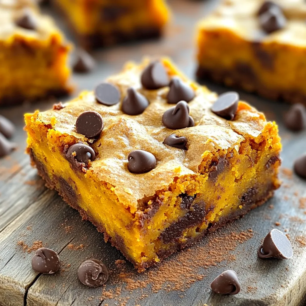To make pumpkin chocolate chip blondies, you’ll need these key ingredients: - 1 cup pumpkin puree - ½ cup unsalted butter, melted - 1 cup brown sugar - ½ cup granulated sugar - 2 large eggs - 1 teaspoon vanilla extract - 2 cups all-purpose flour - 1 teaspoon baking powder - 1 teaspoon baking soda - 1 teaspoon ground cinnamon - ½ teaspoon nutmeg - ¼ teaspoon salt - 1 cup chocolate chips (semi-sweet or dark) - ½ cup chopped nuts (optional) You can make these blondies even better with a few add-ins. Consider using: - White chocolate chips for a creamy twist. - Dried cranberries for a tart flavor. - Shredded coconut for a chewy texture. - Pumpkin seeds for a crunchy bite. These add-ins can change the taste and look of your blondies. If you need to substitute some ingredients, here are a few options: - Instead of pumpkin puree, use mashed sweet potato. - Replace unsalted butter with coconut oil for a dairy-free option. - If you don’t have brown sugar, use an equal amount of granulated sugar. - For a gluten-free option, try almond flour or a gluten-free blend. These swaps can help you tailor the recipe to fit your needs while keeping it tasty. Start by preheating your oven to 350°F (175°C). This step is key for even baking. Next, grab an 8x8-inch baking pan. Grease it lightly to help the blondies release easily. Line the bottom and sides with parchment paper. Leave some paper hanging over the edges. This makes it easy to lift your blondies out later. In a large bowl, combine your melted butter, brown sugar, and granulated sugar. Whisk them together until smooth. Then, add the pumpkin puree, eggs, and vanilla extract. Mix well until everything is blended. In a separate bowl, whisk together the flour, baking powder, baking soda, ground cinnamon, nutmeg, and salt. This mix of dry ingredients helps the blondies rise. Gradually fold the dry mix into the pumpkin blend. Be gentle here! Overmixing can make the blondies tough. Finally, fold in the chocolate chips and any nuts if you want. Now, pour your batter into the greased and lined baking pan. Use a spatula to smooth the top. Place it in your preheated oven. Bake for 25-30 minutes. Check for doneness by inserting a toothpick in the center. It should come out clean or with a few moist crumbs. Once baked, let the blondies cool in the pan for about 10 minutes. Use the parchment paper to lift them out. Set them on a wire rack to cool completely. After that, cut them into squares and enjoy your tasty treat! To bake perfect pumpkin chocolate chip blondies, follow these tips. Use room temperature ingredients. This helps the batter mix well. Measure flour correctly. Too much flour can make blondies dry. Use a light hand when mixing. This keeps your blondies soft and chewy. Overmixing can make your blondies tough. Mix until the dry ingredients just blend in. You want to see some streaks of flour. Then, gently fold in the chocolate chips. This keeps the texture light and fluffy. Remember, less is more when it comes to mixing! To keep your blondies fresh, store them in an airtight container. They stay soft for up to five days. If you want to keep them longer, freeze them. Wrap each blondie in plastic wrap, then place them in a freezer bag. They can last up to three months in the freezer. Enjoy them straight from the freezer for a cold treat! {{image_2}} You can make these blondies your own by adding fun mix-ins. Try swapping in white chocolate chips for a sweet twist. You can also use butterscotch chips for a buttery flavor. Dried cranberries or raisins add a nice chewiness. If you want a crunch, add some chopped pecans or walnuts. These options keep the taste fresh and exciting. To make gluten-free blondies, swap the all-purpose flour for a gluten-free blend. Many brands work well and keep the texture nice. For a vegan version, replace the eggs with flax eggs. Mix one tablespoon of ground flaxseed with three tablespoons of water. Let it sit for a few minutes to thicken. You can also use coconut oil instead of butter for a dairy-free treat. These swaps make the recipe fit more diets. Seasonal spices can really enhance the flavor. In fall, add more cinnamon or some allspice. A pinch of cloves gives a warm touch. In winter, consider using peppermint extract for a festive flavor. For nuts, try adding pumpkin seeds for a seasonal crunch. You can even sprinkle some sea salt on top before baking for a sweet and salty mix. These variations keep your blondies unique and delicious! To keep your pumpkin chocolate chip blondies fresh, store them in an airtight container. This helps lock in moisture and flavor. Place parchment paper between layers to avoid sticking. Keep them at room temperature for up to three days. If you want to store them for longer, use the freezer. Freezing blondies is easy. First, let them cool completely. Cut them into squares and wrap each piece in plastic wrap. Then, place the wrapped squares in a freezer bag. Remove as much air as possible before sealing. These can last for up to three months in the freezer. When you want to enjoy them, thaw them in the fridge or at room temperature. These blondies stay tasty for about a week at room temperature. If you refrigerate them, they may last a bit longer, about ten days. However, expect some changes in texture. Freezing helps maintain their taste and softness over time. Enjoy these sweet treats whenever you crave something delicious! Yes, you can use fresh pumpkin. First, cook the pumpkin until soft. Then, blend it into a smooth puree. Make sure to drain any excess water. This will prevent your batter from becoming too wet. Fresh pumpkin adds a nice flavor. If you lack brown sugar, use granulated sugar. To mimic brown sugar, add a bit of molasses. For each cup of white sugar, add one tablespoon of molasses. This change will keep your blondies sweet and moist. You can also use coconut sugar as a substitute. To check if your blondies are ready, insert a toothpick into the center. If it comes out clean or with a few moist crumbs, they are done. The edges should look set and slightly golden. Don’t overbake them; they will continue to cook as they cool. This article covered everything you need to make tasty pumpkin chocolate chip blondies. We explored the key ingredients, helpful tips, and alternative options. You can mix in new flavors or substitute for health needs. Storing leftovers and understanding baking times are easy with the advice we shared. Trust these insights to bake with confidence. Enjoy your delicious blondies and have fun experimenting!