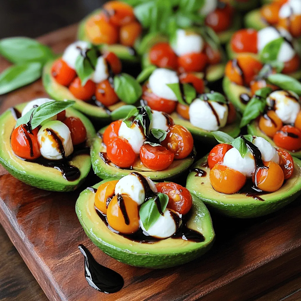 - 2 ripe avocados - 1 cup cherry tomatoes, halved - 1 cup fresh mozzarella balls, drained - ¼ cup fresh basil leaves, chopped - 2 tablespoons balsamic glaze - 1 tablespoon olive oil - Salt and pepper to taste Using high-quality ingredients makes a big difference. Fresh avocados give a creamy texture. Ripe cherry tomatoes add sweetness. Choose mozzarella balls that are fresh and soft. Fresh basil leaves bring bright flavor. Balsamic glaze should be thick and rich. When you pick top ingredients, your dish shines. Caprese stuffed avocados are not just tasty; they are healthy too. Avocados are full of good fats. They help your heart and keep you full. Cherry tomatoes add vitamins C and K. Mozzarella brings protein and calcium. This dish is light but satisfying. Plus, it's a good source of fiber. Enjoying this treat is a smart choice for your meal. Start by cutting the avocados in half lengthwise. Use a sharp knife for this. Carefully remove the pit with a spoon or knife. Make sure to be gentle. Next, scoop out a bit of the avocado flesh. This creates space for your filling. Chop the scooped-out flesh into small pieces. Set these aside for later use. In a mixing bowl, combine one cup of halved cherry tomatoes. Add one cup of fresh mozzarella balls that you drained. Toss in the chopped basil leaves and the small pieces of avocado you set aside. Drizzle two tablespoons of olive oil over the mix. Sprinkle salt and pepper to taste. Gently mix everything together. This step is key to blending the flavors. Grab your avocado halves. Spoon the Caprese salad mixture into each half. Fill them generously, but don’t overstuff. Drizzle balsamic glaze over the top for added flavor. This will make the dish shine. You can serve right away, or chill for up to 15 minutes. Chilling helps the flavors meld together nicely. Place the stuffed avocados on a platter for a beautiful presentation. Garnish with extra basil leaves and a drizzle of balsamic glaze. Enjoy your tasty treat! To find the perfect avocado, look for a few key signs. First, check the skin. It should be dark and slightly bumpy. Gently squeeze the avocado; it should yield just a bit but not feel mushy. If it feels hard, it is not ripe yet. You can also check the stem. If it pops off easily and is green underneath, the avocado is ripe. Avoid any with large dark spots or dents, as these may indicate overripeness or spoilage. Caprese stuffed avocados are a great treat for many occasions. You can serve them as a light lunch, a savory snack, or a colorful appetizer. Pair them with crusty bread or tortilla chips for added crunch. These stuffed avocados also shine at parties. Just prepare the filling ahead of time and stuff them just before serving. This keeps them fresh and tasty. Presentation is key to making your dish stand out. Place the stuffed avocados on a bright platter to catch the eye. Garnish them with extra basil leaves for a pop of color. A light drizzle of balsamic glaze adds shine and elegance. For added flair, sprinkle some sea salt on top. This enhances the flavors while making your dish look gourmet. {{image_2}} You can switch the cheese for a unique taste. Try feta for a tangy kick. Goat cheese adds creaminess and flavor. If you want a stronger taste, use aged cheddar. Each cheese brings a different twist to your Caprese stuffed avocados. Want a filling dish? Add protein like grilled chicken or shrimp. Diced turkey or ham also work well. You can even mix in chickpeas for a plant-based option. This makes the meal more balanced and satisfying. Make the most of seasonal produce. In summer, use fresh peaches or mangoes for sweetness. In the fall, add roasted butternut squash for warmth. Winter calls for citrus like orange or grapefruit to brighten the dish. Each seasonal swap keeps the flavors fresh and exciting. To keep your Caprese stuffed avocados fresh, store them in an airtight container. This helps prevent browning. If possible, keep the avocado halves separate from the salad mix. You can also sprinkle lemon juice on the avocado flesh to slow down browning. Aim to eat leftovers within a day for the best taste. Stuffed avocados are best enjoyed fresh. However, they can last in the fridge for about 1 day. If you store them properly, you may get an extra 24 hours. After that, the taste and texture may decline. Always check for freshness before eating. Reheating stuffed avocados is not recommended. They taste best cold or at room temperature. If you need to eat them warm, try to just warm the filling gently. Avoid using a microwave, as it can make the avocado mushy. Instead, use a low oven for a short time. Caprese stuffed avocados are a great dish for your health. They offer healthy fats from avocados. The fresh mozzarella adds protein and calcium. Cherry tomatoes provide vitamins A and C. Basil gives you antioxidants. This dish is low in carbs and high in flavor. Eating this meal can help you feel full longer. Yes, you can prepare parts of this recipe ahead of time. You can mix the Caprese salad mixture a few hours in advance. Just keep it in the fridge until you're ready to serve. However, I recommend waiting to stuff the avocados until right before you eat. This keeps the avocados fresh and green. You can get creative with your stuffing! Adding grilled chicken can make it heartier. You could also use different cheeses, like feta or goat cheese. For a spicy kick, consider adding jalapeños. You might even include nuts for a crunchy texture. The options are endless, so feel free to experiment! In this blog post, we explored the ingredients for Caprese stuffed avocados and their quality. We also covered step-by-step instructions on how to prepare and assemble this dish. You learned tips for choosing ripe avocados and how to present your plates beautifully. Variations offered ways to customize the recipe, making it your own. In my final thoughts, this dish is not just tasty; it’s also flexible and fun. Enjoy creating it for yourself and your loved ones!