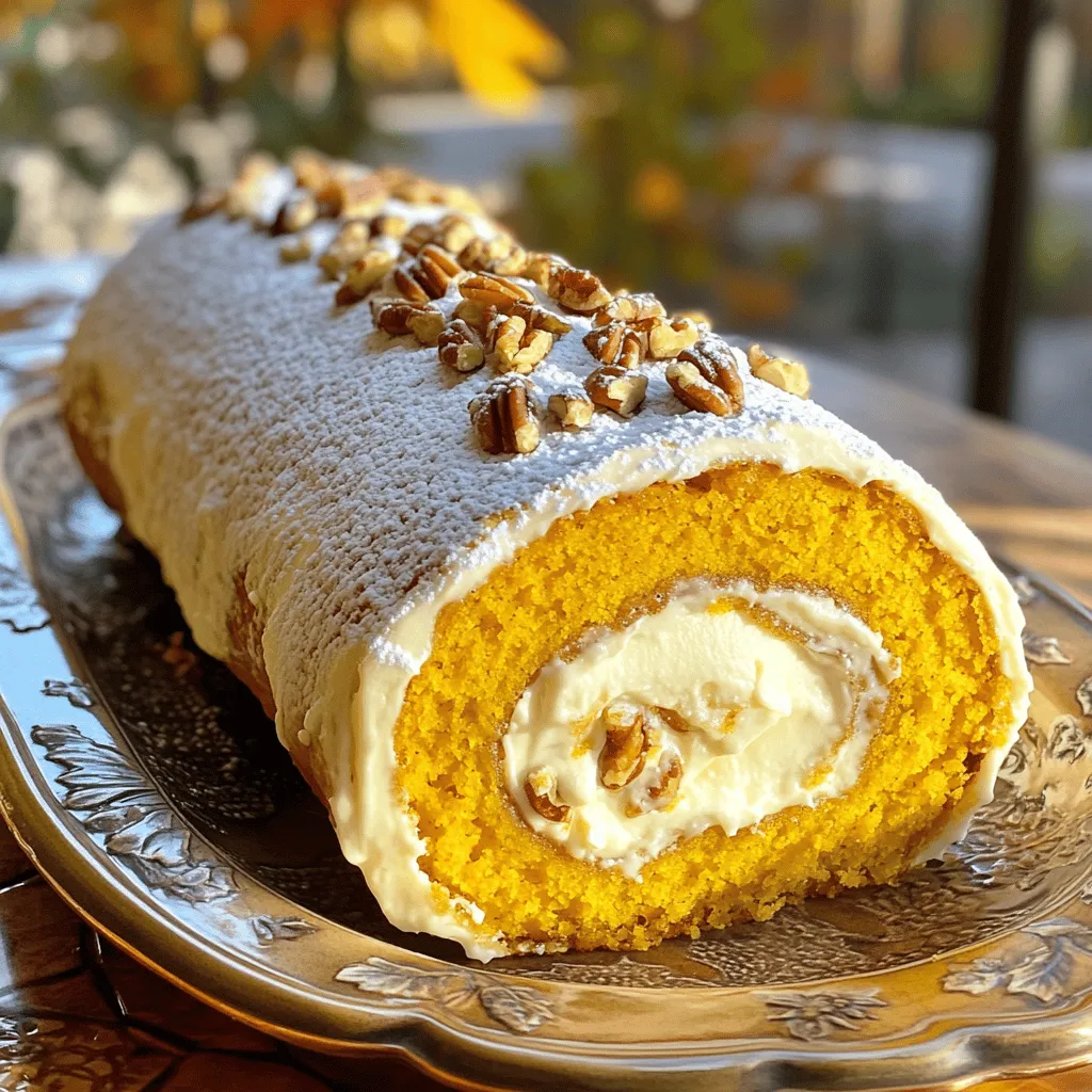 To make a delicious pumpkin roll cake, gather these main ingredients: - ¾ cup all-purpose flour - ½ teaspoon baking powder - ½ teaspoon baking soda - 1 teaspoon ground cinnamon - ½ teaspoon ground ginger - ¼ teaspoon ground nutmeg - ¼ teaspoon salt - 3 large eggs - 1 cup granulated sugar - 1 cup canned pumpkin puree - 1 teaspoon vanilla extract These ingredients work together to create a moist and flavorful cake. The spices bring warmth, while the pumpkin adds rich taste and color. For a lovely finish, consider these optional garnishes: - Chopped pecans or walnuts - Extra powdered sugar for dusting If you want a twist, you can add different fillings. Add chocolate chips or even a layer of caramel for a fun surprise. You can easily swap some ingredients if needed: - Use whole wheat flour instead of all-purpose flour for a healthier option. - Replace granulated sugar with coconut sugar for a lower glycemic index. - If you want a dairy-free filling, blend silken tofu with a bit of vanilla and sugar. These substitutions allow you to customize the cake to fit your taste and dietary needs. First, gather your ingredients. You need: - ¾ cup all-purpose flour - ½ teaspoon baking powder - ½ teaspoon baking soda - 1 teaspoon ground cinnamon - ½ teaspoon ground ginger - ¼ teaspoon ground nutmeg - ¼ teaspoon salt - 3 large eggs - 1 cup granulated sugar - 1 cup canned pumpkin puree - 1 teaspoon vanilla extract Start by preheating your oven to 350°F (175°C). Line a 15x10 inch jelly roll pan with parchment paper and grease it lightly. In a medium bowl, mix the flour, baking powder, baking soda, cinnamon, ginger, nutmeg, and salt. Whisk them well. In a large bowl, beat the eggs and granulated sugar until light and fluffy. This takes about 2-3 minutes. Add the pumpkin puree and vanilla extract, mixing until smooth. Next, add the dry mix to the wet mix. Stir gently until just combined. Pour the batter into the pan and spread it evenly with a spatula. Bake for 13-15 minutes. The cake is done when it springs back when touched. While the cake bakes, dust a clean kitchen towel with powdered sugar. When the cake is ready, remove it from the oven. Invert it onto the towel, then peel off the parchment paper. Starting from one short end, roll the cake with the towel into a log shape. It should be tight but not too tight. Let it cool completely in this rolled position. For the filling, beat the softened cream cheese, powdered sugar, lemon juice, and extra vanilla in a bowl. Mix until smooth and creamy. Once the cake is cool, unroll it carefully. Spread the cream cheese filling evenly on the cake. Then, roll the cake back up without the towel, starting from the short end. Wrap it in plastic wrap and chill it in the fridge for at least 2 hours. When it's time to serve, slice the pumpkin roll cake into rounds. You can garnish with chopped nuts if you like. Serve the slices on a decorative platter. Dust with more powdered sugar for an elegant touch. A sprig of mint adds freshness, too. Enjoy your delightful treat! To make a great pumpkin roll, start by baking your cake just right. It should spring back when you touch it lightly. This shows it is done. Use a clean kitchen towel dusted with powdered sugar. This helps prevent sticking. Once the cake bakes, you must act fast. Invert the cake onto the towel and peel off the parchment paper. Roll the cake tightly from one end. This helps it keep its shape. Let it cool rolled up. This step is key for a perfect roll. Baking can be tricky, but I have tips to help. First, measure your ingredients carefully. Too much flour can make the cake dry. Always whisk your dry ingredients well. This ensures they mix evenly. Don’t overmix when adding wet to dry. This can lead to a tough cake. If your cake cracks, don’t worry. You can hide it with filling. Just roll it up tight, and it will look great! Serving your pumpkin roll can be fun! Slice it into rounds for a nice look. Arrange the slices on a decorative platter. Dust them with powdered sugar for a sweet touch. If you want, add a sprig of mint for color. Chopped nuts on top add a nice crunch. For a festive feel, place it on a table with autumn decor. Your guests will love the look and taste! {{image_2}} You can spice up your pumpkin roll cake with extra flavors. Add more cinnamon or a pinch of cloves for warmth. You can also mix in some allspice for a deeper flavor. Each bite will burst with cozy fall vibes. For a twist, try a chocolate pumpkin roll. Simply add ¼ cup of cocoa powder to the dry mix. This gives a rich chocolate flavor. Pair it with dark chocolate in the filling for a sweet treat. It’s a fun way to enjoy two favorites in one. If you need gluten-free, use almond flour instead of all-purpose flour. Make sure to add a bit more baking powder. For dairy-free, swap the cream cheese with a nut-based cream. Coconut cream works well too! These easy swaps let everyone enjoy this cake. To keep your pumpkin roll cake fresh, refrigerate it in an airtight container. This helps it stay moist and tasty. You can also freeze it if you want to save some for later. Wrap the rolled cake in plastic wrap, then place it in a freezer bag. This protects it from freezer burn. When you’re ready to eat it, let it thaw in the fridge overnight. Reheating leftover slices is simple. You can use the microwave for quick heating. Place a slice on a plate, cover it with a damp paper towel, and heat for 10-15 seconds. This keeps it moist and soft. If you prefer, you can also use the oven. Preheat it to 350°F (175°C) and warm the slices for about 5-10 minutes. This will make the cake taste fresh again. Your pumpkin roll cake can last about 4-5 days in the fridge. Just make sure it’s wrapped well to keep it fresh. If you notice any changes in smell or texture, it’s best to toss it. Always trust your senses when it comes to food safety. Enjoy your delicious cake within the week for the best taste! Yes, you can make pumpkin roll cake ahead of time. I suggest baking the cake a day in advance. After it cools, wrap it tightly in plastic wrap. This keeps it fresh and moist. You can also prepare the filling a day before. Just store it in the fridge. When you are ready to serve, simply roll the cake, fill it, and chill it for a couple of hours. This method saves time and lets the flavors blend nicely. If you want to skip cream cheese, you have options. Mascarpone cheese works great as a substitute. It gives a rich and smooth texture. Greek yogurt is another choice. It adds a tangy flavor but is lighter. You can even use whipped cream mixed with a bit of sugar and vanilla. This option makes a light and airy filling. Experiment with flavors to find your favorite! If your pumpkin roll cake cracks, don’t worry! It happens sometimes. Here’s how to fix it. First, use the filling to cover the cracks. Spread it generously over the surface. This hides any flaws and adds flavor. If the crack is serious, you can slice the cake into smaller pieces. Arrange them on a plate and drizzle with chocolate or caramel sauce. This way, you can still serve it beautifully. Remember, it’s all about taste! In this post, we explored how to make a pumpkin roll cake. We covered main ingredients, optional garnishes, and easy substitutions. I shared step-by-step instructions for baking, rolling, and serving. We discussed tips for a perfect roll and how to avoid mistakes. You also learned about fun variations and storage methods. Now, it’s your turn to try this recipe. Enjoy the process and have fun in the kitchen!