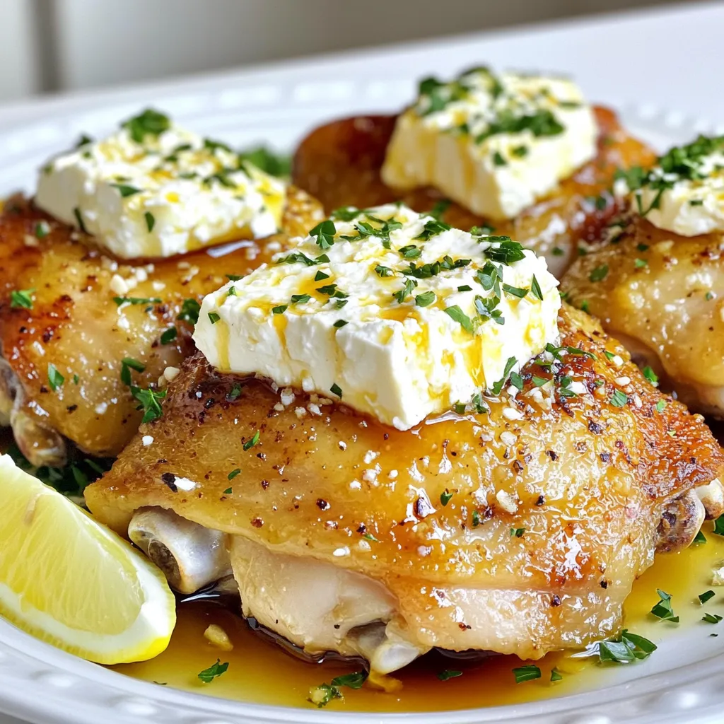 - 4 bone-in, skin-on chicken thighs - 1 block (8 oz) feta cheese - ¼ cup hot honey The main ingredients in this dish bring bold flavors together. The chicken thighs are juicy and tender. Feta cheese adds a creamy texture. Hot honey gives a sweet heat that makes every bite exciting. - 4 cloves garlic, minced - 2 tablespoons olive oil - 1 teaspoon smoked paprika - 1 teaspoon dried oregano The seasonings are key to great taste. Garlic brings aroma and depth. Olive oil helps the spices stick to the chicken. Smoked paprika adds warmth, while oregano gives a fresh note. Together, they create a simple yet powerful marinade. - Fresh parsley, chopped (for garnish) - Lemon wedges (for serving) Garnishes make the dish pop. Fresh parsley adds color and brightness. Lemon wedges enhance the flavors with a splash of acidity. These small details make a big difference in presentation and taste. - Preheat the oven to 400°F (200°C). This step is key for crispy skin. - In a large mixing bowl, mix olive oil, smoked paprika, oregano, minced garlic, salt, pepper, and hot honey. Stir until well blended. This marinade packs a lot of flavor. - Take the chicken thighs and coat them well in the marinade. Use your hands to ensure every part is covered. - Let the chicken marinate for at least 30 minutes. For a deeper flavor, marinate up to 4 hours in the fridge. This makes a big difference. - Place the block of feta cheese in a baking dish. Drizzle some hot honey over it. The feta will soak up the sweet and spicy goodness. - Arrange the marinated chicken thighs around the feta. Make sure the skin side is up. This helps create that crispy texture. - Drizzle any remaining marinade over both the chicken and feta. This adds flavor during baking. - Bake in the preheated oven for 35-40 minutes. The chicken should be cooked through, and the skin will be golden brown and crispy. The feta will turn creamy and delicious. - When done, carefully take the dish out of the oven. Use a fork to mix the feta and hot honey into a sauce. Spoon it over the chicken for extra flavor. To boost flavor, start by adjusting your seasonings. Use more smoked paprika for a deeper taste, or add more hot honey for extra sweetness and heat. You can also mix in fresh herbs like thyme or rosemary for a fresh twist. For marinating, aim for at least 30 minutes. If you can, let it sit in the fridge for 4 hours. This gives the chicken time to soak up all that yummy flavor. To ensure crispy skin, pat the chicken dry before marinating. The dryer the skin, the better it will crisp up. When baking, place the chicken skin-side up. This allows the fat to render out and crisp the skin nicely. To check doneness, use a meat thermometer. The internal temperature should reach 165°F (75°C). If the skin is golden brown and the juices run clear, your chicken is ready! For pairings, serve the chicken with a simple green salad or roasted veggies. The bright flavors of lemon wedges add a nice zing. For presentation, plate the chicken thighs on a large platter. Spoon the creamy feta sauce over the top and sprinkle fresh parsley for color. This makes for a stunning dish that is sure to impress! {{image_2}} You can change the protein in this recipe. Try chicken breast for a leaner option. If you're vegan, use tofu instead. Tofu absorbs flavors well, making it a great swap. For cheese, feta is creamy and tangy, but other cheeses work too. Goat cheese adds a different taste. Or use ricotta for a milder flavor. The hot honey gives this dish a kick, but you can adjust it. If you like less spice, use regular honey. Mix in red pepper flakes for more heat. You can also add vegetables. Bell peppers or zucchini roast well with the chicken. They soak up the flavors and add color to your plate. You can grill or bake the chicken. Grilling gives a nice char and smoky taste. Baking is easier and keeps the chicken juicy. If you're short on time, try an Instant Pot. Cook the chicken in the pot with the marinade. It takes less time and stays very tender. To store leftovers, let the chicken cool down first. Place the chicken thighs and feta in an airtight container. This keeps them fresh for up to three days in the fridge. When you are ready to enjoy them again, simply take them out and reheat. If you want to freeze this dish, wrap the chicken thighs tightly in plastic wrap. Then, place them in a freezer-safe bag. This method helps keep air out. You can freeze the dish for up to three months. It’s a great way to save extra servings. To reheat chicken thighs and keep them juicy, use the oven. Preheat the oven to 350°F (175°C). Place the chicken in a baking dish and cover it with foil. Heat for about 15-20 minutes. This method helps keep the skin crispy and the meat tender. You can also use a microwave, but the oven gives better results. Can I use boneless chicken thighs? Yes, you can use boneless chicken thighs. They will cook faster than bone-in thighs. Adjust the baking time to about 25-30 minutes. Always check that the chicken is fully cooked, reaching an internal temp of 165°F (74°C). How spicy is hot honey? Hot honey adds a sweet and spicy kick to your dish. The heat level varies by brand. If you want less heat, mix regular honey with a pinch of red pepper flakes. You can control the spice by adjusting the amount you use. Calorie count per serving This dish has about 400 calories per serving. This count includes the chicken, feta, and honey. If you add sides, the calorie total will increase. Allergy considerations This recipe contains dairy from the feta cheese. If you have a dairy allergy, consider using a dairy-free cheese. Always check labels for hidden allergens. Can the chicken be marinated overnight? Yes, marinating chicken overnight is great for flavor. Just cover it and place it in the fridge. The longer it sits, the better the taste. What's the best way to quickly prepare this dish? To save time, prep your marinade early. You can combine the ingredients and coat the chicken. Then, let it marinate while you prepare other sides. This cuts down on active time. This blog post covered a tasty chicken dish featuring chicken thighs, feta cheese, and hot honey. I shared tips for marinating, baking, and enhancing flavor. You learned about ingredient swaps and cooking methods to suit your taste. Remember, fresh parsley and lemon can brighten your meal. With these steps and tricks, you can make a delicious, adaptable dish. Enjoy experimenting with flavors and share your creations! Happy cooking!