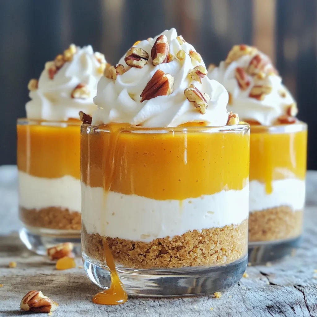 - 1 cup graham cracker crumbs - 2 tablespoons sugar - ½ teaspoon ground cinnamon - ¼ cup unsalted butter, melted - 1 cup cream cheese, softened - 1 cup pumpkin puree - ½ cup powdered sugar - 1 teaspoon vanilla extract - 1 teaspoon ground ginger - ½ teaspoon nutmeg - 1 cup whipped cream To create these delightful pumpkin cheesecake cups, you need a few key ingredients. First, graham cracker crumbs form the tasty crust. The cream cheese gives the filling a rich and creamy texture. Adding pumpkin puree offers a lovely fall flavor. Finally, whipped cream adds lightness and makes it dreamy. - Chopped pecans - Caramel sauce Optional garnishes take this treat to the next level. Chopped pecans give a nice crunch. A drizzle of caramel sauce adds sweetness and flair. - Alternative sweeteners - Dairy-free options You can easily swap ingredients if you need to. Use alternative sweeteners like honey or maple syrup instead of sugar. For a dairy-free option, try using coconut cream instead of cream cheese. These swaps keep the recipe delicious and accessible for everyone. - First, mix the graham cracker crumbs, sugar, and ground cinnamon in a bowl. - Then pour in the melted butter. Stir until the mixture looks like wet sand. - Next, take about 2 tablespoons of this mix and spoon it into each cup. - Press down firmly to form a solid base for your cheesecake. - In another bowl, beat the softened cream cheese until it's smooth and creamy. - Now add the pumpkin puree, powdered sugar, vanilla extract, ground ginger, and nutmeg. - Mix everything together until it's fully combined and smooth. - Gently fold in the whipped cream. This makes the filling light and fluffy. - Spoon the pumpkin cheesecake filling on top of the graham cracker crust in each cup. - Fill each cup all the way to the rim. - Finally, refrigerate the cups for at least 3 hours. This helps them set well. Enjoy the process and watch your delicious no bake pumpkin cheesecake cups come together! To get the best texture in your No Bake Pumpkin Cheesecake Cups, folding in the whipped cream is key. This step helps keep your filling light and airy. When you fold, use a spatula and gently mix. Start from the bottom and lift the mixture over itself. This method avoids deflating the whipped cream. Refrigeration time also plays a big role. Aim for at least three hours in the fridge. This time allows the filling to set properly. If you can, let them chill overnight. This extra time enhances the flavors and gives a firmer texture. Using clear cups is a great way to show off your dessert. You can see the beautiful layers of crust and filling. This makes your cheesecake cups look fancy. For final garnishes, add a dollop of whipped cream on top right before serving. Sprinkle with chopped pecans for extra crunch. If you want, you can drizzle some caramel sauce over the top. This adds a sweet touch and makes it even prettier. Pair your pumpkin cheesecake cups with warm drinks like coffee or tea. The flavors blend well and make a cozy treat. These cups are perfect for fall gatherings or holiday parties. They impress guests and are easy to serve. You can also enjoy them on a quiet night at home. They bring a slice of autumn joy with every bite. {{image_2}} You can easily change the flavor of your No Bake Pumpkin Cheesecake Cups. Here are a couple of fun ideas: - Adding chocolate: Mix in some melted chocolate with the pumpkin filling. You can use dark or milk chocolate. This gives a rich twist to your dessert. - Spice adjustments: If you like a spicier taste, add more ginger or even a pinch of cayenne. This adds warmth and depth to your cups. Want to serve more people? You can adjust the serving size with ease: - Scaling up for gatherings: Simply double or triple the recipe. Make sure you have enough cups ready. This way, everyone can enjoy your tasty treat. - Miniature versions for parties: Use smaller cups or shot glasses. This creates bite-sized delights that are perfect for parties. You can also make these cheesecake cups fit different diets: - Gluten-free options: Replace regular graham crackers with gluten-free ones. This way, everyone can join in on the fun. - Vegan substitutes: Use vegan cream cheese and coconut whipped cream. This keeps the flavors while being plant-based. Feel free to get creative with these variations! Each change can make the dessert feel fresh and exciting. To keep your No Bake Pumpkin Cheesecake Cups fresh, use the right containers. I recommend glass jars or plastic cups. They are easy to seal and show off your dessert. Make sure to cover them with a tight lid or plastic wrap. This keeps air out and prevents drying. These cheesecake cups can last in the fridge for about 4 days. After that, they may lose their texture and taste. If you want to freeze them, that's an option too. Just make sure you use freezer-safe containers. They can last up to 2 months in the freezer. When you take them out of the fridge or freezer, check the texture. If they seem a bit firm, let them sit at room temperature for about 10 minutes. This softens them up. For a nice touch, add a dollop of fresh whipped cream on top. A sprinkle of chopped pecans adds a crunchy bite and looks great! Yes, you can make these cups a day before. This makes them great for parties. Just cover them tightly with plastic wrap. Place them in the fridge until you are ready to serve. The flavors will blend well overnight. This also helps the cheesecake set properly. You will know the cheesecake is set when it feels firm to the touch. Gently press the top with your finger. If it springs back and holds its shape, it's ready. The edges should also look firm while the center can be slightly soft. Chill them for at least 3 hours to ensure the best texture. Yes, you can use Greek yogurt instead of cream cheese. It gives a nice tangy flavor. Silken tofu is another good option for a dairy-free choice. Just blend it until smooth. You can also try using mascarpone cheese for a rich taste. Each of these options will change the flavor a bit, but they work well. In this blog post, I covered how to make No Bake Pumpkin Cheesecake Cups. We discussed the must-have ingredients like graham cracker crumbs, cream cheese, and whipped cream. I shared steps for making the crust and filling, along with tips for the best texture. You can also explore variations and storage methods. Remember, these cups are not just tasty; they are easy to customize. Enjoy making them for any gathering or just a treat at home. Happy baking!
