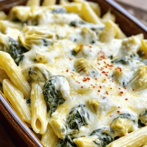 To make your Spinach Artichoke Pasta Bake, gather these simple ingredients: - 12 ounces penne pasta - 1 can (14 ounces) artichoke hearts, drained and chopped - 4 cups fresh spinach, chopped - 1 cup ricotta cheese - 1 cup cream cheese, softened - 1 cup shredded mozzarella cheese, plus more for topping - 1/2 cup grated Parmesan cheese - 3 cloves garlic, minced - 1 teaspoon lemon juice - 1/2 teaspoon red pepper flakes (optional for heat) - Salt and pepper to taste - 1 tablespoon olive oil Choosing fresh ingredients makes your dish taste better. Here are some tips: - Pasta: Look for high-quality penne pasta that feels firm and has no cracks. - Artichokes: Choose canned artichoke hearts packed in water for better flavor. - Spinach: Pick bright green spinach without wilting or yellow leaves. - Cheese: Opt for blocks of cheese instead of pre-shredded for creaminess and flavor. - Garlic: Fresh garlic should feel firm and smell strong. Avoid soft or sprouted bulbs. If you have allergies or different tastes, here are some easy swaps: - Dairy-Free: Use vegan cream cheese and dairy-free cheese. - Gluten-Free: Swap penne pasta with gluten-free pasta made from brown rice or quinoa. - Low-Carb: Replace pasta with spiralized zucchini or cauliflower rice. - Extra Flavor: Add cooked chicken or shrimp for protein. - Vegetables: Mix in bell peppers, mushrooms, or broccoli for more veggies. Start by gathering all your ingredients. You will need: - 12 ounces penne pasta - 1 can (14 ounces) artichoke hearts, drained and chopped - 4 cups fresh spinach, chopped - 1 cup ricotta cheese - 1 cup cream cheese, softened - 1 cup shredded mozzarella cheese, plus more for topping - 1/2 cup grated Parmesan cheese - 3 cloves garlic, minced - 1 teaspoon lemon juice - 1/2 teaspoon red pepper flakes (optional for heat) - Salt and pepper to taste - 1 tablespoon olive oil Chop the spinach and artichokes. Mince the garlic. This prep will help you move quickly. Fill a large pot with water. Add salt and bring it to a boil. Once boiling, add the penne pasta. Cook it until al dente, which is about 8-10 minutes. Stir occasionally to avoid sticking. Drain the pasta and set it aside. In a large skillet, heat the olive oil over medium heat. Add the minced garlic and sauté it for about a minute. Then, add the chopped spinach. Cook until the spinach wilts, about 2-3 minutes. In a big mixing bowl, combine the ricotta cheese, cream cheese, 1 cup of mozzarella, Parmesan cheese, and lemon juice. Add the spinach and garlic mixture. Mix well and season with salt, pepper, and red pepper flakes if you want some heat. Next, fold in the cooked pasta and chopped artichoke hearts. Make sure everything is well coated. Spoon the mixture into a greased 9x13 inch baking dish. Spread it evenly across the dish. Top with more mozzarella cheese. Now, preheat your oven to 375°F (190°C). Place the baking dish in the oven and bake it for 25-30 minutes. Look for bubbly, golden cheese on top. Once done, let it cool for a few minutes. Then, serve it up and enjoy this creamy delight! To boost the flavor of your sauce, use fresh garlic. Minced garlic brings a bright taste. You can also add lemon juice for a zing. A touch of red pepper flakes gives a nice kick. Don't forget to season your cheese mix with salt and pepper. Taste as you go to find the right balance. Another trick is to sauté the spinach and garlic in olive oil. This step adds depth to the sauce. Make sure to cook the spinach until it wilts down. This keeps the texture nice and avoids excess water in your dish. One common mistake is overcooking the pasta. Cook it until al dente. This means it should still have some firmness. If you cook it too long, the pasta can become mushy when baked. Another mistake is not letting the cheese mixture combine well. Mix everything thoroughly to ensure every bite is creamy. Also, using low-quality cheese can affect the flavor. Go for fresh or high-quality cheese for the best taste. Serve this pasta bake with a simple green salad. A light salad helps balance the rich flavors. You can also add garlic bread on the side for a crunchy texture. For a fun touch, garnish with fresh herbs like basil or parsley. Not only does it add color, it also enhances the flavor. Consider pairing your dish with a glass of white wine for an enjoyable meal. {{image_2}} You can easily add protein to your Spinach Artichoke Pasta Bake. Chicken or shrimp works great. For chicken, use cooked, shredded chicken. It adds nice texture and flavor. For shrimp, use medium-sized shrimp. Sauté them briefly before mixing them into the pasta. This way, both options boost the meal's protein. They also make your dish more filling and satisfying. If you want a vegetarian twist, add more veggies to the mix. Zucchini, bell peppers, or mushrooms are great choices. Just chop them up and sauté them with the spinach. This adds color and nutrients to your dish. You can also try adding broccoli or cauliflower for extra crunch. These veggies blend well with the creamy sauce and artichokes. For a gluten-free version, swap out the penne pasta. Look for gluten-free pasta made from rice or chickpeas. These options cook well and taste good. You can also use spiralized veggies, like zucchini or carrots. They make a light, healthy base. Just remember to adjust cooking times, as gluten-free pasta may cook differently. To keep your spinach artichoke pasta bake fresh, let it cool first. Once cooled, cover it tightly with plastic wrap or aluminum foil. You can also transfer it to an airtight container. Store it in the fridge for up to four days. Always label your container with the date. This helps you track how long it has been stored. When you are ready to enjoy leftovers, reheating is key. Preheat your oven to 350°F (175°C). Place the pasta bake in an oven-safe dish. Cover it with foil to keep it moist. Bake for about 20 minutes, or until heated through. If you prefer the top crispy, remove the foil for the last five minutes. You can also reheat individual portions in the microwave for about 1 to 2 minutes. If you want to save some pasta bake for later, freezing is a great idea. First, let the dish cool completely. Cut it into portions for easier thawing. Wrap each portion tightly in plastic wrap and then in aluminum foil. Alternatively, use freezer bags. Label them with the date. You can freeze for up to three months. To reheat, let it thaw overnight in the fridge before baking it. You can serve this dish with a fresh green salad. A simple side salad adds a nice crunch. Garlic bread also pairs well, adding warmth and flavor. You might enjoy serving it with roasted vegetables for extra color. A light, crisp white wine makes the meal feel special. Consider serving a fruit dessert for a sweet finish. Yes, you can mix and match cheeses. Cream cheese gives a nice texture. You might try adding goat cheese for tanginess. Cheddar cheese can add a sharp flavor. For a fun twist, use pepper jack for heat. Always pick cheeses you enjoy to make the dish your own. Preparation takes about 15 minutes. Cooking the pasta adds another 10 minutes. Baking the pasta bake takes 25-30 minutes. In total, you can expect to spend around 45 minutes. This makes it a quick meal option for busy nights. In this post, we covered how to make a tasty Spinach Artichoke Pasta Bake. We explored the best ingredients, cooking steps, and tips for flavor. I shared ways to avoid common mistakes and how to store leftovers. This dish is flexible with options for protein and vegetables. With the right ingredients and techniques, you can create a meal everyone will love. Enjoy the process, and happy cooking!