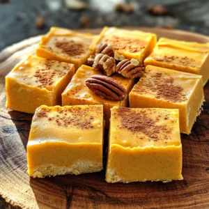 To make white chocolate pumpkin fudge, you need just a few main ingredients. These create its rich and creamy texture. Here’s what you will need: - 1 cup canned pumpkin puree - 2 cups white chocolate chips - 1 teaspoon vanilla extract - ½ teaspoon ground cinnamon - ¼ teaspoon ground nutmeg - ¼ teaspoon ground ginger - ¼ teaspoon salt - 1 can (14 ounces) sweetened condensed milk Each ingredient plays a role in flavor and consistency. The pumpkin puree adds moisture and a lovely fall flavor. The white chocolate chips give the fudge its sweet and creamy base. The spices enhance the taste, making each bite a delight. You can add a few optional ingredients too. These can make your fudge even more fun and tasty. Consider using: - ½ cup chopped pecans Chopped pecans add a nice crunch. They also give a nutty flavor that pairs well with the fudge. Feel free to get creative and try other nuts or fruits! To make your fudge look pretty, consider adding toppings. These can also boost the flavor. Here are some ideas: - A sprinkle of cinnamon - Whole pecans on top These simple toppings add charm and enhance the fall vibe. Plus, they make your fudge stand out when you serve it! First, grab an 8x8-inch baking dish. Line it with parchment paper. Leave some paper hanging over the sides. This helps you lift out the fudge later. Make sure the paper covers the bottom and sides well. Next, take a medium saucepan and place it on low heat. Add 2 cups of white chocolate chips and one can of sweetened condensed milk. Stir them together. Keep stirring until the chocolate melts and everything is smooth. This step is key to a creamy fudge. Once the mixture is smooth, remove the pan from heat. Now, add 1 cup of canned pumpkin puree. Also, mix in 1 teaspoon of vanilla extract, ½ teaspoon of ground cinnamon, ¼ teaspoon of ground nutmeg, ¼ teaspoon of ground ginger, and a pinch of salt. Stir until all ingredients blend well. This will give your fudge that warm, fall flavor. Pour the mixture into your prepared baking dish. Use a spatula to spread it evenly. Then, cover the dish and place it in the fridge. Chill for at least 4 hours. Once firm, lift the fudge out using the parchment paper. Cut it into squares. Now your fudge is ready to enjoy! To get the right texture for your fudge, heat is key. Use low heat when melting the white chocolate chips and sweetened condensed milk. Stir until smooth. If your fudge feels too soft, add more chocolate chips to thicken it. This helps create a firmer fudge that holds its shape. For a richer taste, consider adding a pinch of sea salt. It enhances the sweet flavors. You can also add a splash of maple syrup for extra depth. Try using flavored extracts like almond or orange for a fun twist. Each small change can make a big impact on your fudge's flavor. Make your fudge look as good as it tastes! Use a nice platter to serve it. A sprinkle of cinnamon on top adds color and warmth. You can also place whole pecans on the fudge for decoration. Cut the fudge into neat squares to impress your guests. Each piece should look inviting and delicious. {{image_2}} You can mix things up with flavors in white chocolate pumpkin fudge. Try adding a splash of maple syrup for a sweet twist. You can also use flavored extracts, like almond or hazelnut. Adding a bit of orange zest gives a nice citrus touch. If you love spices, increase the nutmeg or even add cloves for warmth. Each change can create a new taste adventure. If you want to cut back on sugar, there are options. You can use honey or agave syrup in place of sweetened condensed milk. Coconut cream works well too, if you want a rich taste. Just remember, using a different sweetener might change the fudge's texture. Always check the amounts, as some sweeteners are sweeter than others. Making this fudge vegan is easy! Use dairy-free white chocolate chips instead of regular ones. Replace sweetened condensed milk with a non-dairy version, like coconut or almond milk. Make sure to check the labels for any hidden dairy. This way, everyone can enjoy this tasty treat! To keep your white chocolate pumpkin fudge fresh, store it in an airtight container. Line the container with parchment paper to prevent sticking. If you have leftovers, you can layer the fudge with parchment in between each layer. This helps keep it nice and neat. Your fudge can last up to two weeks in the fridge. For longer storage, you can freeze it. Cut the fudge into squares before freezing. Wrap each piece in plastic wrap, then place them in a freezer bag. This way, it can stay fresh for up to three months in the freezer. When you're ready to enjoy your fudge, let it thaw in the fridge overnight. If you want to warm it up, place it in the microwave for 10-15 seconds. This will make it soft and creamy again. Serve it chilled or slightly warm, and enjoy the delightful flavors! Yes, you can use dark chocolate. It will change the taste. The fudge will become richer and less sweet. If you want a deeper flavor, dark chocolate works well. Make sure to chill the fudge long enough. Four hours is good, but overnight is better. You can also add more chocolate chips. This will help make the fudge thicker and firmer. You can try coconut cream or a mix of milk and sugar. Both options will give a similar sweetness. Just keep in mind that the texture may change slightly. Yes, this fudge is gluten-free! All the ingredients are safe for those who avoid gluten. Just make sure your chocolate chips are also gluten-free. This post covers the key elements of making White Chocolate Pumpkin Fudge. We explored the main ingredients, optional add-ins, and tasty toppings. I shared the step-by-step guide for the fudge, from preparation to cutting. We discussed tips for great consistency and flavor, plus variations for dietary needs. Lastly, I provided smart storage options for your fudge. I hope you feel ready to try this vanilla twist on a fall favorite! Enjoy your baking journey!
