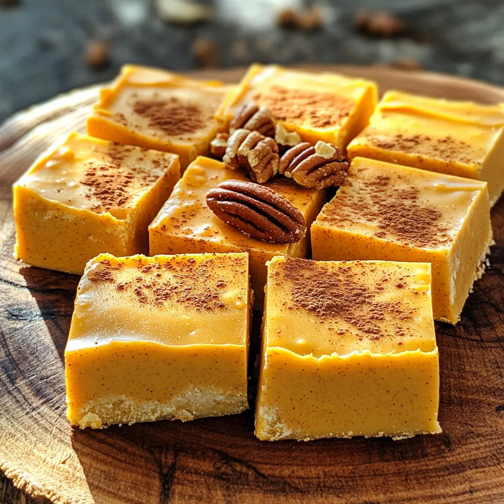 To make white chocolate pumpkin fudge, you need just a few main ingredients. These create its rich and creamy texture. Here’s what you will need: - 1 cup canned pumpkin puree - 2 cups white chocolate chips - 1 teaspoon vanilla extract - ½ teaspoon ground cinnamon - ¼ teaspoon ground nutmeg - ¼ teaspoon ground ginger - ¼ teaspoon salt - 1 can (14 ounces) sweetened condensed milk Each ingredient plays a role in flavor and consistency. The pumpkin puree adds moisture and a lovely fall flavor. The white chocolate chips give the fudge its sweet and creamy base. The spices enhance the taste, making each bite a delight. You can add a few optional ingredients too. These can make your fudge even more fun and tasty. Consider using: - ½ cup chopped pecans Chopped pecans add a nice crunch. They also give a nutty flavor that pairs well with the fudge. Feel free to get creative and try other nuts or fruits! To make your fudge look pretty, consider adding toppings. These can also boost the flavor. Here are some ideas: - A sprinkle of cinnamon - Whole pecans on top These simple toppings add charm and enhance the fall vibe. Plus, they make your fudge stand out when you serve it! First, grab an 8x8-inch baking dish. Line it with parchment paper. Leave some paper hanging over the sides. This helps you lift out the fudge later. Make sure the paper covers the bottom and sides well. Next, take a medium saucepan and place it on low heat. Add 2 cups of white chocolate chips and one can of sweetened condensed milk. Stir them together. Keep stirring until the chocolate melts and everything is smooth. This step is key to a creamy fudge. Once the mixture is smooth, remove the pan from heat. Now, add 1 cup of canned pumpkin puree. Also, mix in 1 teaspoon of vanilla extract, ½ teaspoon of ground cinnamon, ¼ teaspoon of ground nutmeg, ¼ teaspoon of ground ginger, and a pinch of salt. Stir until all ingredients blend well. This will give your fudge that warm, fall flavor. Pour the mixture into your prepared baking dish. Use a spatula to spread it evenly. Then, cover the dish and place it in the fridge. Chill for at least 4 hours. Once firm, lift the fudge out using the parchment paper. Cut it into squares. Now your fudge is ready to enjoy! To get the right texture for your fudge, heat is key. Use low heat when melting the white chocolate chips and sweetened condensed milk. Stir until smooth. If your fudge feels too soft, add more chocolate chips to thicken it. This helps create a firmer fudge that holds its shape. For a richer taste, consider adding a pinch of sea salt. It enhances the sweet flavors. You can also add a splash of maple syrup for extra depth. Try using flavored extracts like almond or orange for a fun twist. Each small change can make a big impact on your fudge's flavor. Make your fudge look as good as it tastes! Use a nice platter to serve it. A sprinkle of cinnamon on top adds color and warmth. You can also place whole pecans on the fudge for decoration. Cut the fudge into neat squares to impress your guests. Each piece should look inviting and delicious. {{image_2}} You can mix things up with flavors in white chocolate pumpkin fudge. Try adding a splash of maple syrup for a sweet twist. You can also use flavored extracts, like almond or hazelnut. Adding a bit of orange zest gives a nice citrus touch. If you love spices, increase the nutmeg or even add cloves for warmth. Each change can create a new taste adventure. If you want to cut back on sugar, there are options. You can use honey or agave syrup in place of sweetened condensed milk. Coconut cream works well too, if you want a rich taste. Just remember, using a different sweetener might change the fudge's texture. Always check the amounts, as some sweeteners are sweeter than others. Making this fudge vegan is easy! Use dairy-free white chocolate chips instead of regular ones. Replace sweetened condensed milk with a non-dairy version, like coconut or almond milk. Make sure to check the labels for any hidden dairy. This way, everyone can enjoy this tasty treat! To keep your white chocolate pumpkin fudge fresh, store it in an airtight container. Line the container with parchment paper to prevent sticking. If you have leftovers, you can layer the fudge with parchment in between each layer. This helps keep it nice and neat. Your fudge can last up to two weeks in the fridge. For longer storage, you can freeze it. Cut the fudge into squares before freezing. Wrap each piece in plastic wrap, then place them in a freezer bag. This way, it can stay fresh for up to three months in the freezer. When you're ready to enjoy your fudge, let it thaw in the fridge overnight. If you want to warm it up, place it in the microwave for 10-15 seconds. This will make it soft and creamy again. Serve it chilled or slightly warm, and enjoy the delightful flavors! Yes, you can use dark chocolate. It will change the taste. The fudge will become richer and less sweet. If you want a deeper flavor, dark chocolate works well. Make sure to chill the fudge long enough. Four hours is good, but overnight is better. You can also add more chocolate chips. This will help make the fudge thicker and firmer. You can try coconut cream or a mix of milk and sugar. Both options will give a similar sweetness. Just keep in mind that the texture may change slightly. Yes, this fudge is gluten-free! All the ingredients are safe for those who avoid gluten. Just make sure your chocolate chips are also gluten-free. This post covers the key elements of making White Chocolate Pumpkin Fudge. We explored the main ingredients, optional add-ins, and tasty toppings. I shared the step-by-step guide for the fudge, from preparation to cutting. We discussed tips for great consistency and flavor, plus variations for dietary needs. Lastly, I provided smart storage options for your fudge. I hope you feel ready to try this vanilla twist on a fall favorite! Enjoy your baking journey!