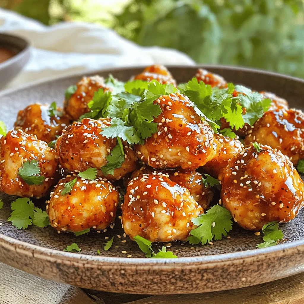 - 1 lb boneless, skinless chicken breast, cut into bite-sized pieces - ⅓ cup honey - 2 tablespoons Sriracha sauce (adjust for spice preference) - 1 tablespoon soy sauce - 1 teaspoon garlic powder - 1 teaspoon ground ginger - ½ teaspoon salt - ½ teaspoon black pepper - 1 tablespoon cornstarch - Fresh cilantro, chopped (for garnish) - Sesame seeds (for garnish) The main ingredients create a sweet and spicy mix. The chicken gives a tender base. Honey adds a rich sweetness. Sriracha brings heat, and soy sauce adds depth. Together, they create a marinade that coats the chicken perfectly. The seasonings enhance flavor. Garlic powder and ground ginger add warmth and aroma. Salt and black pepper balance the dish. Cornstarch helps the chicken get crispy in the air fryer. It makes each bite exciting. For garnishes, fresh cilantro adds color and freshness. Sesame seeds give a nice crunch. They make the dish look beautiful and taste even better. Each ingredient plays an important role in making these chicken bites juicy and flavorful. To make the marinade, I start by mixing honey, Sriracha sauce, soy sauce, garlic powder, ground ginger, salt, and black pepper in a bowl. This mix gives the chicken a sweet and spicy kick. I stir it well to combine all the flavors. After that, I add chicken pieces to the bowl. I ensure each piece is coated in the marinade. I cover the bowl with plastic wrap. I let it sit in the fridge for at least 30 minutes. For more flavor, I suggest marinating for up to 2 hours. Once the chicken is marinated, I pull it from the fridge. Next, I sprinkle cornstarch over the chicken pieces. I gently toss the chicken to coat it evenly. This step is key for a crispy texture. After that, I preheat the air fryer to 400°F (200°C) for about 5 minutes. This ensures the chicken cooks evenly. I place the marinated chicken in a single layer in the air fryer basket. If my air fryer is small, I might have to cook the chicken in batches. I cook the chicken bites for 10 to 12 minutes. I shake the basket halfway through cooking for even results. The chicken should turn golden and reach an internal temperature of 165°F (75°C). Once done, I carefully take the chicken bites out and transfer them to a serving platter. For an extra touch, I drizzle any leftover honey Sriracha sauce on top and garnish with chopped cilantro and sesame seeds. To get the best texture for your chicken, marinating is key. Let the chicken soak in the marinade for at least 30 minutes. For more flavor, go for 2 hours if you can. This helps the chicken absorb the sweet and spicy notes. Using cornstarch is just as important. It gives the chicken a nice crispy layer when air frying. Sprinkle it over the marinated chicken and toss it well. This simple step makes all the difference. Want more heat? You can easily adjust the Sriracha amount. Start with 2 tablespoons for a good kick. If you like it milder, use just 1 tablespoon. You can also add other spices, like paprika or cayenne, for extra flavor. This way, you can customize your chicken bites to match your taste. Pair these chicken bites with rice or a fresh salad. They also go well with crispy veggies. For a nice touch, serve the chicken on a platter. Drizzle extra honey Sriracha sauce on top. Don't forget to sprinkle some fresh cilantro and sesame seeds for color. This makes the dish pop and look more inviting. {{image_2}} You can switch up the flavor by using different hot sauces. Try a smoky chipotle sauce for a deeper taste. You can also use a sweet and sour sauce for a tangy twist. Barbecue sauce adds a nice sweetness too. Mix and match to find what you love best! Chicken thighs work great if you want a juicier bite. They take longer to cook, about 15 minutes, so keep an eye on them. You can also use tofu for a tasty vegan option. Just cut it into cubes and marinate as you would the chicken. It cooks faster, around 10 minutes. If you're gluten-free, choose a gluten-free soy sauce. Coconut aminos is a great substitute too. You can also use honey substitutes like agave syrup for a lower-calorie option. This keeps the dish sweet while cutting calories. Store your Air Fryer Honey Sriracha Chicken Bites in the fridge. Let them cool down first. Place the bites in an airtight container. This keeps them fresh and tasty. You can store them for up to four days. To freeze the chicken bites, let them cool completely. Arrange them in a single layer on a baking sheet. Freeze until solid, then transfer to a freezer bag. Squeeze out the air to prevent freezer burn. For best taste, use them within three months. To reheat, place them in the air fryer at 350°F (175°C) for about 8-10 minutes. They should be hot and crispy again. In the fridge, chicken bites last about four days. Look for any off smells or color changes. If they smell bad or look slimy, toss them out. One serving of Air Fryer Honey Sriracha Chicken Bites has about 300 calories. This includes the chicken and the tasty sauce. Nutritional breakdown: - Protein: 25 grams - Carbohydrates: 30 grams - Fat: 10 grams These bites give you a good mix of protein and flavor without too many calories. This makes them great for a snack or a meal. Yes, you can use frozen chicken for this recipe. Just remember to thaw it first. Thawing helps the chicken absorb the marinade better. Tips for using frozen chicken: - Thaw the chicken in the fridge overnight. - If you’re in a hurry, you can use the microwave to thaw it. Just make sure to cook it right after. - After thawing, follow the same steps for marinating and cooking. Using frozen chicken saves time and is often more convenient. These chicken bites pair well with several side dishes. You can create a complete meal with ease. Recommended side dishes and drinks: - Steamed rice or fried rice - Fresh salad with a light dressing - Crispy vegetables like broccoli or carrots - Cold drinks like iced tea or lemonade These options balance the spicy and sweet flavors of the chicken bites, making your meal even better. This post covered how to make Air Fryer Honey Sriracha Chicken Bites. We went over main ingredients like chicken, honey, and Sriracha. Then, I shared tips on marinating and cooking to get the best texture. You also learned variations, storage tips, and serving ideas. In short, these bites are tasty and easy to make. Enjoy customizing them to fit your taste!