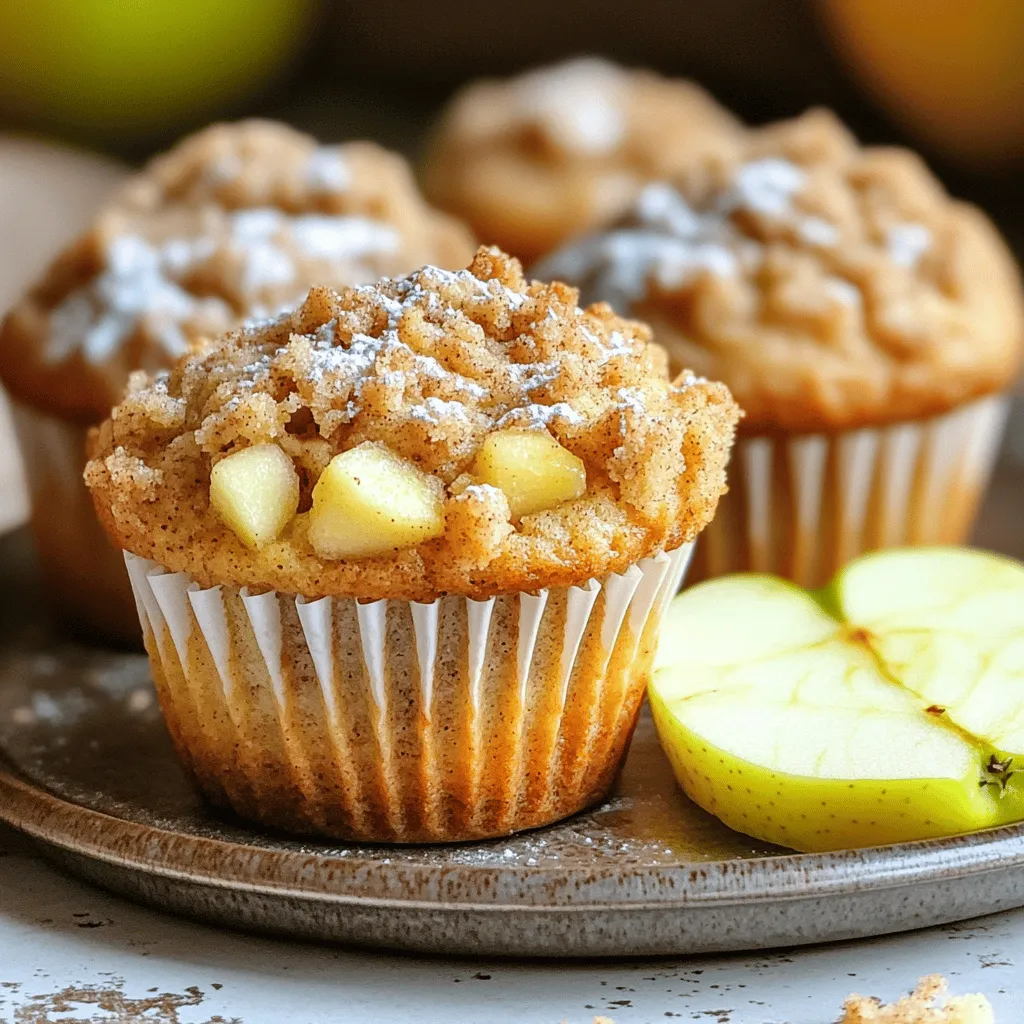 To make these apple crumb muffins, you need: - 1 ½ cups all-purpose flour - 1 cup granulated sugar - ½ teaspoon baking soda - 1 teaspoon baking powder - ½ teaspoon salt - 1 teaspoon ground cinnamon - ½ cup unsalted butter, melted and cooled - 2 large eggs - 1 teaspoon vanilla extract - ½ cup milk - 2 cups apples, peeled, cored, and diced For the delicious crumb topping, gather these: - ½ cup brown sugar - ½ cup rolled oats - ½ cup all-purpose flour - 1 teaspoon ground cinnamon - ¼ cup cold unsalted butter, cubed Choosing the right apples makes a big difference. I prefer sweeter varieties like Fuji or Honeycrisp. These apples add flavor and sweetness to your muffins. Look for firm apples with bright colors. Avoid any that feel soft or have bruises. Fresh apples will give your muffins a better taste and texture. First, set your oven to 350°F (175°C). This temperature is perfect for baking muffins. While the oven heats, prepare your muffin tin. You can use paper liners or grease it with cooking spray. This step helps prevent the muffins from sticking. In a large bowl, combine the dry ingredients. Use 1 ½ cups of all-purpose flour, 1 cup of granulated sugar, ½ teaspoon of baking soda, 1 teaspoon of baking powder, ½ teaspoon of salt, and 1 teaspoon of ground cinnamon. Whisk these ingredients together until they blend well. This mixture gives the muffins structure and flavor. In another bowl, mix the wet ingredients. You need ½ cup of melted butter, 2 large eggs, 1 teaspoon of vanilla extract, and ½ cup of milk. Stir these until smooth. Next, pour the wet mix into the dry mix. Gently fold them together. Avoid over-mixing; this keeps the muffins light and fluffy. Finally, add 2 cups of diced apples to the batter. Fold them in until they are evenly mixed. For the crumb topping, take a small bowl. Combine ½ cup of brown sugar, ½ cup of rolled oats, ½ cup of all-purpose flour, and 1 teaspoon of cinnamon. Mix these well. Then, add ¼ cup of cold, cubed unsalted butter to the bowl. Use your fingers or a pastry cutter to mix until it looks like coarse crumbs. This topping adds a crunchy texture to your muffins. Now, fill each muffin cup about ¾ full with the batter. Sprinkle the crumb topping generously over each muffin. Place the tin in the preheated oven and bake for 18-22 minutes. To check if they are done, insert a toothpick into the center. If it comes out clean, your muffins are ready. Let them cool in the pan for 5 minutes, then move them to a wire rack. Enjoy the warm, delightful scent as they cool! To avoid common mistakes, measure your flour correctly. Too much flour makes muffins dry. Always spoon flour into your measuring cup and level it off. Mix the wet and dry ingredients gently. Over-mixing makes tough muffins. Finally, don’t skip the crumb topping. It adds flavor and crunch. For a perfect crumb texture, use cold butter for the topping. Cold butter creates those lovely crunchy bits. Mix the topping until it looks like coarse crumbs. If it feels too wet, add a bit more flour. Sprinkle the topping generously on each muffin before baking to ensure a nice crust. Serve these muffins warm for the best taste. A light sprinkle of powdered sugar makes them look fancy. Pair them with a slice of fresh apple and a cup of tea or coffee. They are great for breakfast or as a snack. You can also try adding a dollop of whipped cream on top for a treat! {{image_2}} You can add nuts or dried fruits to your apple crumb muffins. Walnuts or pecans add crunch. Dried cranberries or raisins can add sweetness. When you mix in these extras, use about ½ cup. This will keep the balance of flavors just right. Chop the nuts coarsely and fold them in with the diced apples. If using dried fruits, chop them smaller for even mixing. For a gluten-free version, swap the all-purpose flour. Use a gluten-free blend instead. Make sure it has a binding agent like xanthan gum. This helps give the muffins structure. You can also use almond flour or coconut flour, but adjust the liquid. These flours absorb more moisture. You might need to add an extra tablespoon of milk to keep the batter moist. You can enhance the flavor of your muffins easily. Adding spices like nutmeg or ginger can add warmth. A splash of almond or maple extract can give a nice twist. When mixing the batter, use ¼ teaspoon of nutmeg or ginger. For extracts, a teaspoon is perfect. This makes the muffins unique and more flavorful. To keep your apple crumb muffins fresh, store them in an airtight container. This helps lock in moisture and flavor. Place them at room temperature for up to three days. If you want to keep them longer, consider freezing. For long-term storage, freeze the muffins after they cool completely. Wrap each muffin in plastic wrap. Then place the wrapped muffins in a freezer-safe bag. They can last up to three months in the freezer. When ready to enjoy, just take out the number you need. To reheat the muffins, use your oven or microwave. For the oven, preheat to 350°F (175°C). Place the muffins on a baking sheet for about 10 minutes. For the microwave, heat each muffin for 15-20 seconds. Enjoy them warm for the best taste! To keep your muffins moist, use apples that are juicy. You can use sweeter varieties of apples. Adding a little extra butter also helps. Make sure not to over-mix the batter. Over-mixing can make them dry. Use fresh ingredients for the best results. Yes, you can use other fruits. Pears, berries, or peaches work great. Just ensure the fruit is ripe. Diced fruits will blend well into the batter. Adjust the sugar if your fruit is less sweet. Apple crumb muffins stay fresh for about three days at room temperature. Store them in an airtight container. If you want them to last longer, refrigerate them for up to a week. They can also be frozen for about three months. To warm leftover muffins, preheat your oven to 350°F. Place the muffins on a baking sheet. Heat them for about 5-7 minutes. You can also use a microwave for 15-20 seconds. Enjoy them warm for the best taste. You now know how to make delicious apple crumb muffins from scratch. We covered the key ingredients, clear steps, and helpful tips to avoid mistakes. I shared fun variations and explained how to store your muffins for later. Remember, fresh apples make a big difference in taste. With these insights, you can enjoy tasty muffins anytime. Dive into your baking adventure, and let every bite remind you of the effort you put into it. Enjoy your apple muffins!