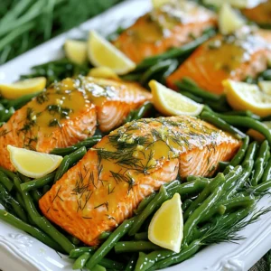- 4 salmon fillets (about 6 ounces each) - 1 pound fresh green beans, trimmed - 1 lemon, zested and juiced - 3 tablespoons fresh dill, chopped - 2 tablespoons olive oil For this dish, the salmon is the star. Each fillet provides rich, flaky goodness. Pair it with fresh green beans for a crunchy texture. The lemon adds a bright zing, while the dill gives it a fresh herb flavor. Olive oil helps bind everything together and gives a nice sheen. - 3 cloves garlic, minced - Salt and pepper to taste - 1 teaspoon paprika - Lemon wedges for serving Garlic brings a savory punch to this dish. Salt and pepper are essential to enhance all the flavors. Paprika adds a gentle warmth, making the meal more inviting. Finally, lemon wedges are perfect for serving. A squeeze of fresh lemon right before eating can brighten the plate. These ingredients combine to make a simple yet delightful meal. You’ll enjoy how they work together to create a balanced flavor profile. 1. Preheat your oven to 400°F (200°C). This heat helps cook the salmon and beans perfectly. 2. Line a large baking sheet with parchment paper. This makes cleanup quick and easy. 3. In a small bowl, whisk together the lemon juice, lemon zest, chopped dill, olive oil, minced garlic, paprika, salt, and pepper. This mixture will add great flavor. 1. Place the salmon fillets on one side of the baking sheet. Make sure they have space between them for even cooking. 2. Brush half of the lemon dill mixture over the salmon fillets. This adds moisture and taste. 3. On the other side of the baking sheet, spread the trimmed green beans in a single layer. 4. Drizzle the remaining lemon dill mixture over the green beans. Toss them to coat evenly. This step enhances their flavor. 1. Roast in the preheated oven for 15-20 minutes. The salmon should flake easily with a fork when it is done. 2. The green beans should be tender but still crisp. This gives them a nice texture. 3. Keep an eye on the dish while it cooks. You want both the salmon and beans to reach the right doneness. 4. Once done, remove the sheet pan from the oven. Let it cool slightly before serving. To cook salmon and green beans evenly, place them on the same sheet pan. Salmon cooks fast, while beans need a bit longer. Try to spread the beans out in a single layer. This helps them roast well without steaming. If your beans are small, check them after 10 minutes. You might need to adjust the cooking time based on your oven. Some ovens run hot or cool. Always keep an eye on both ingredients. For a vibrant display, serve the salmon and beans on a large platter. Drizzle any leftover pan juices over the dish. This adds flavor and a nice shine. Garnish with extra dill and lemon wedges. The bright colors will make the dish pop. You can also use a sprinkle of paprika for extra flair. This simple touch can make your meal look gourmet. {{image_2}} You can switch out the salmon for other fish. Try using cod, trout, or tilapia. These fish work well with the lemon and dill flavor too. If you want to go meatless, try tofu. Just make sure to press it first to remove extra water. For greens, green beans are tasty, but you can use asparagus or broccoli. Snap peas also add a nice crunch. You can even mix different veggies together for more flavor. Just cut them to similar sizes for even cooking. You can spice things up by adding a pinch of red pepper flakes. This will give your dish a little kick! If you want different herbs, try parsley or thyme. Both add fresh flavors that work well with salmon. For the lemon dill mixture, consider adding a splash of honey or mustard. This gives a sweet and tangy twist. You can also use lime juice instead of lemon for a different zest. Feel free to get creative and find what you like best! To keep your leftover salmon and beans fresh, let them cool first. Place them in airtight containers. This step prevents moisture loss and keeps flavors intact. Store the containers in the fridge. Your dish can last up to three days this way. If you want to store it longer, consider freezing. Just remember, freezing may change the texture. For the best results, reheat your salmon and beans in the oven. Set it to 350°F (175°C). Place the dish in a baking pan, cover it with foil, and heat for about 10-15 minutes. This method helps maintain the texture of the fish and keeps the beans crisp. You can also use the microwave, but be cautious. Heat it in short intervals to avoid drying out the salmon. Always check the temperature to ensure it's warm throughout. How long does it take to cook the salmon? It takes about 15 to 20 minutes to cook salmon. The salmon is done when it flakes easily with a fork. I find that checking at 15 minutes is best to avoid overcooking. Can I use frozen salmon instead? Yes, you can use frozen salmon. Just remember to thaw it first. Thawing allows the salmon to cook evenly. Frozen salmon may need a few extra minutes in the oven. What other vegetables work well on a sheet pan? You can use many vegetables on a sheet pan. Asparagus, bell peppers, or zucchini are great choices. Make sure to cut them into similar sizes for even cooking. What to serve with lemon dill salmon & beans? This dish pairs well with rice or quinoa. You can also serve it with a fresh salad. A light, tangy dressing complements the flavors nicely. Can this dish be made ahead of time? Yes, you can prep this dish ahead of time. Marinate the salmon and beans in the fridge for a few hours. This saves time and boosts the flavor when you’re ready to cook. This blog post covered a simple lemon dill salmon dish. You learned about key ingredients like salmon, green beans, and fresh herbs. I shared easy steps for cooking and tips to enhance your meal's look and taste. Remember, you can swap ingredients or add spices for variety. Proper storage and reheating tips keep leftovers fresh. Enjoy cooking and impressing others with your new skills! This dish is tasty and adjustable, making it a great choice for meal planning.