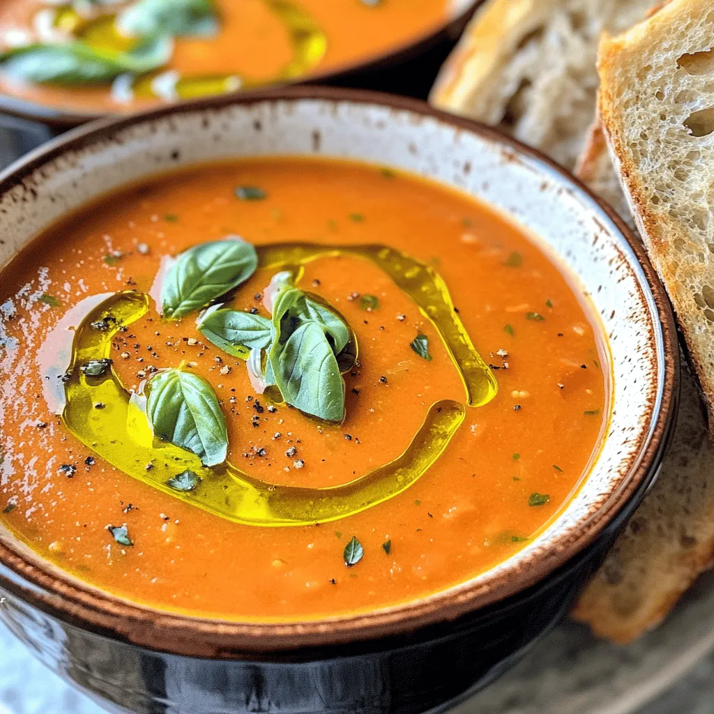 - 2 cans (28 oz each) whole peeled tomatoes - 1 medium onion, chopped - 4 cloves garlic, minced - 2 cups vegetable broth - 1 tablespoon olive oil - 1 teaspoon sugar (to balance acidity) - 1 teaspoon dried oregano - 1 teaspoon salt (adjust to taste) - ½ teaspoon black pepper - 1 cup fresh basil leaves, loosely packed - ½ cup heavy cream (or coconut cream for a dairy-free option) I love using whole peeled tomatoes for this soup. They add rich flavor and texture. The fresh basil leaves brighten the dish and give it a lovely aroma. Vegetable broth is key for depth, but you can also use chicken broth if you prefer. Chopping the onion and mincing the garlic really builds the base of flavor. Olive oil adds some richness, while sugar helps balance the natural acidity of the tomatoes. Dried oregano, salt, and black pepper round out the taste perfectly. - Sugar to balance acidity - Olive oil for flavor - Seasonings (oregano, salt, pepper) You might want to add a little extra sugar if the soup tastes too tart. Olive oil is not just for cooking; it also boosts the flavor. Feel free to add more herbs or spices based on your taste. - Slow cooker - Immersion blender - Measuring cups and spoons A slow cooker is essential for this recipe. It lets the flavors blend beautifully over time. An immersion blender makes it easy to purée the soup to your liking. Measuring cups and spoons help ensure that each ingredient is just right. Start by chopping one medium onion and mincing four cloves of garlic. The onion adds sweetness and depth. The garlic brings a lovely aroma. After that, measure and gather all your ingredients. You will need two cans of whole peeled tomatoes, two cups of vegetable broth, one tablespoon of olive oil, one teaspoon of sugar, one teaspoon of dried oregano, one teaspoon of salt, and half a teaspoon of black pepper. Don't forget the star of the dish: one cup of fresh basil leaves and half a cup of heavy cream, or use coconut cream for a dairy-free option. Now, combine all the ingredients in the slow cooker. Pour in the tomatoes with their juice. Add the chopped onion, minced garlic, vegetable broth, olive oil, sugar, oregano, salt, and black pepper. Stir gently to mix everything well. Cover the slow cooker and set it to low for 6 to 8 hours or high for 3 to 4 hours. Cooking it on low makes the flavors blend beautifully, while high cooking saves time. Once the cooking time is up, it’s time for the fresh basil. Add the basil leaves to the soup, and grab your immersion blender. Blend the soup until it reaches the texture you want. If you like it chunkier, blend just half. After blending, stir in the heavy cream or coconut cream. Taste and adjust the seasoning if needed. Let it heat for another 10 to 15 minutes on low. Now, you’re ready to serve this warm, tasty Tomato Basil Soup! To get the best taste, adjust your seasoning. Start with salt and pepper. You can taste the soup before serving. If it needs more flavor, add a pinch of salt or pepper. Balancing acidity is key. Add a teaspoon of sugar to smooth out the sharpness of the tomatoes. This small step makes a big difference. You can choose between chunky or smooth soup. If you like a chunky texture, blend just half of the soup. For a creamy consistency, blend it all. Use an immersion blender for the best results. It makes blending easy and quick. Make sure to blend until you reach your desired texture. Garnishing is important for a great look. Add fresh basil leaves on top of each bowl. A drizzle of olive oil adds shine and flavor. Serve with crusty bread to complete the meal. The bread soaks up the soup and makes it even better. Enjoy the colors and textures on your plate! {{image_2}} You can easily make this soup fit your needs. For a dairy-free option, use coconut cream instead of heavy cream. This swap gives the soup a rich texture without dairy. If you're vegan, simply skip the cream altogether. The soup remains tasty with just the tomatoes and herbs. For a fresher taste, consider using fresh tomatoes instead of canned ones. You will need about 4 pounds of ripe tomatoes for the same flavor. Another option is to add more herbs. Try thyme or parsley for an extra layer of flavor. These herbs work well with the basil and create a complex taste. This soup pairs nicely with salads or sandwiches. A simple green salad or a grilled cheese can complement the soup well. You can also transform the soup into a pasta sauce. Just blend it a little less and serve it with your favorite pasta. This gives you a new way to enjoy the same great flavors. To store your soup, let it cool first. Transfer it to an airtight container. It will stay fresh in the fridge for about 3 to 5 days. For longer storage, you can freeze it. Use freezer-safe bags or containers. Make sure to leave some space for expansion. The soup can last up to 3 months in the freezer. When reheating your soup, the stovetop is best. Pour the soup into a pot. Heat it over medium-low heat. Stir it often to prevent sticking. If you want to use the microwave, place it in a microwave-safe bowl. Heat it in short bursts, stirring in between. If the soup is too thick, add a splash of broth or water to adjust the consistency. In the fridge, your soup lasts about 3 to 5 days. If you see any signs of spoilage, like off smells or mold, it's best to throw it out. Always trust your senses when it comes to food safety. If it looks or smells wrong, it's better to be safe than sorry. Cooking slow cooker tomato basil soup takes 6-8 hours on low or 3-4 hours on high. The low setting lets the flavors blend well. The high setting cooks it faster, but you may lose some depth in flavor. I often choose the low setting. It gives me time to enjoy my day while the soup cooks. Yes, you can use fresh tomatoes! To replace canned tomatoes, use about 10-12 medium fresh tomatoes. First, you need to blanch and peel them. Cut them into quarters and add them to the slow cooker. This method gives the soup a bright and fresh taste. Remember that fresh tomatoes can vary in flavor, so taste as you go! Tomato basil soup pairs well with many dishes. Here are some great ideas: - Grilled cheese sandwiches for a classic combo. - Crusty bread to soak up the soup. - Salads for a light and fresh side. - Pasta for a heartier meal. Choose what you love most. Each option adds a nice touch to your meal! This guide shows you how to make delicious slow cooker tomato basil soup. You learned about the key ingredients, kitchen tools, and step-by-step instructions. We also shared tips to enhance flavor and texture. Dietary variations and storage tips help you adapt the recipe to your needs. Enjoy crafting this comforting soup using fresh ingredients and simple techniques. You can impress guests or simply treat yourself. Remember, cooking is fun and rewarding! Dive in and savor each spoonful of your creation.