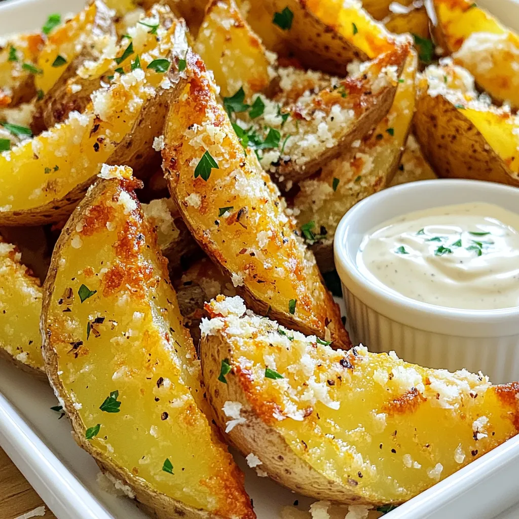 - 4 large russet potatoes - ¼ cup grated Parmesan cheese - 2 tablespoons olive oil - 1 teaspoon garlic powder - 1 teaspoon onion powder - ½ teaspoon smoked paprika - ½ teaspoon dried oregano - Salt and pepper to taste - Fresh parsley, chopped When I make Parmesan potato wedges, I want them crispy and flavorful. Start with fresh russet potatoes. They have the right starchiness for great texture. Wash and scrub them well. No dirt should remain. I slice each potato into about eight wedges. Aim for even sizes to cook them uniformly. Next, I use olive oil to coat the wedges. This helps the seasoning stick and promotes crispiness. I mix grated Parmesan cheese with garlic powder, onion powder, smoked paprika, dried oregano, salt, and pepper. This blend gives the wedges a tasty kick. I toss the potato wedges in the seasoning well. Each wedge should get a nice coating. Before cooking, I preheat my air fryer to 400°F (200°C). This step is key for crispiness. I arrange the wedges in a single layer. Avoid overcrowding. It ensures that each wedge cooks evenly. Cooking takes about 15-20 minutes. I shake the basket halfway through. The wedges will turn golden brown and crispy. For a fresh touch, I sprinkle chopped parsley on top before serving. It adds a pop of color and brightness. - Wash and scrub the potatoes. - Slice into wedges (about 8 wedges per potato). Start by giving your russet potatoes a good wash. This removes dirt and makes them clean. After that, slice each potato into about eight wedges. Aim for even sizes to help them cook well. - Toss potato wedges with olive oil. - Combine Parmesan and spices in a bowl. Next, put your potato wedges in a large bowl. Drizzle olive oil over them and toss until each wedge is coated. In a separate bowl, mix the grated Parmesan cheese with garlic powder, onion powder, smoked paprika, oregano, salt, and pepper. This blend gives the wedges a tasty kick. - Preheat the air fryer to 400°F (200°C). - Arrange wedges in a single layer. - Cook for 15-20 minutes, shaking halfway. Now, preheat your air fryer to 400°F (200°C). Once it’s ready, place the potato wedges in the fryer basket in a single layer. This helps them cook evenly and get crispy. Cook for 15-20 minutes, but remember to shake the basket halfway through. This step ensures all sides get that golden-brown color you want. To get those perfect crispy wedges, start with the right coating. Use enough olive oil so each wedge glistens. This helps the seasonings stick. Mix your Parmesan and spices well before adding to the wedges. Even coverage is key. Preheating the air fryer is also important. Set it to 400°F (200°C) before adding your wedges. This step ensures they cook evenly and get that nice crunch. These potato wedges shine when served with tasty dips. Creamy ranch and garlic aioli are my favorites. They add flavor and richness. For a fun touch, serve the wedges on a wooden platter. A white dish also makes the golden color pop. Garnish with fresh parsley before serving. It adds color and a fresh taste. You can customize the flavors of your wedges easily. Love heat? Add a pinch of cayenne pepper. Prefer something milder? Skip the smoked paprika. If you want a cheese alternative, try cheddar or nutritional yeast. Both can give a great flavor boost while keeping it dairy-free. {{image_2}} You can switch it up by using sweet potatoes. They add a natural sweetness and a vibrant color. Sweet potato wedges get crispy, too, and taste great with Parmesan. Another option is to try Yukon Gold potatoes. They are creamy and have a buttery taste. You can even mix different types of potatoes for more fun and flavor. To make your wedges unique, add herbs and spices. Fresh rosemary gives a nice touch. You can also sprinkle some chili powder for a bit of heat. If you want to change the cheese, try cheddar. It melts well and has a rich flavor. Nutritional yeast is a great choice for a vegan option. It adds a cheesy taste without dairy. If you don't have an air fryer, no worries! You can bake these wedges in the oven. Preheat your oven to 425°F (220°C) and spread the wedges on a baking sheet. Bake for 25-30 minutes, flipping halfway through. For a classic crispy taste, you can deep fry the wedges. Heat oil in a pot and fry them until golden. This method gives a crunchy texture, but it adds more oil. Choose what works best for you! To keep your Parmesan potato wedges fresh, store them in an airtight container. Place a piece of parchment paper in between the layers to absorb moisture. This helps keep them crispy. You can keep them in the fridge for up to three days. If you want to store them longer, freezing is a great option. Let the wedges cool completely. Then, spread them in a single layer on a baking sheet. Freeze until solid, then transfer to a freezer bag. This way, they can last for up to three months. To re-crisp your wedges, use the air fryer. Preheat the air fryer to 400°F (200°C). Place the wedges in a single layer and heat for about 5 to 7 minutes. This method keeps them crispy and delicious. You can also use the microwave, but that may make them soft. If you choose the oven, preheat it to 400°F (200°C) and heat the wedges for about 10 minutes. This helps maintain some crunch. When stored correctly, your Parmesan potato wedges can stay fresh for up to three days in the fridge. Check for signs of spoilage, like an off smell or a mushy texture. If they look or smell bad, it’s best to toss them. Keeping an eye on freshness ensures you get the best taste every time you enjoy them. To achieve crispy potato wedges, follow these tips: - Cut the potatoes evenly into wedges for uniform cooking. - Coat them well with olive oil; this helps with crispiness. - Use a mix of Parmesan and spices to enhance the crunch. - Preheat your air fryer before cooking; this gives a better texture. - Cook in a single layer; overcrowding can make them soggy. Yes, you can use different cheeses. Here are some options: - Cheddar gives a sharp flavor. - Gouda adds a creamy, smoky taste. - Nutritional yeast is great for a vegan option. Each cheese alters the flavor, so choose based on your taste. Cooking potato wedges in an air fryer takes about 15-20 minutes. - Preheat your air fryer to 400°F (200°C). - Cook the wedges for 15-20 minutes, shaking halfway. - They should be golden brown and crispy when done. Soaking potatoes before cooking is not required but has benefits. - Soaking helps remove extra starch, leading to crispier wedges. - If you're short on time, you can skip this step. - Direct frying works, but soaking can enhance the final texture. This post shared how to make crispy and tasty potato wedges in an air fryer. We covered the key ingredients, step-by-step cooking methods, and tips to customize flavors. Remember, you can adjust seasonings and try different potatoes to suit your taste. Storing and reheating leftovers was also discussed for easy enjoyment later. Now, you have the tools to create great wedges anytime. Enjoy your cooking and discovering new flavors!