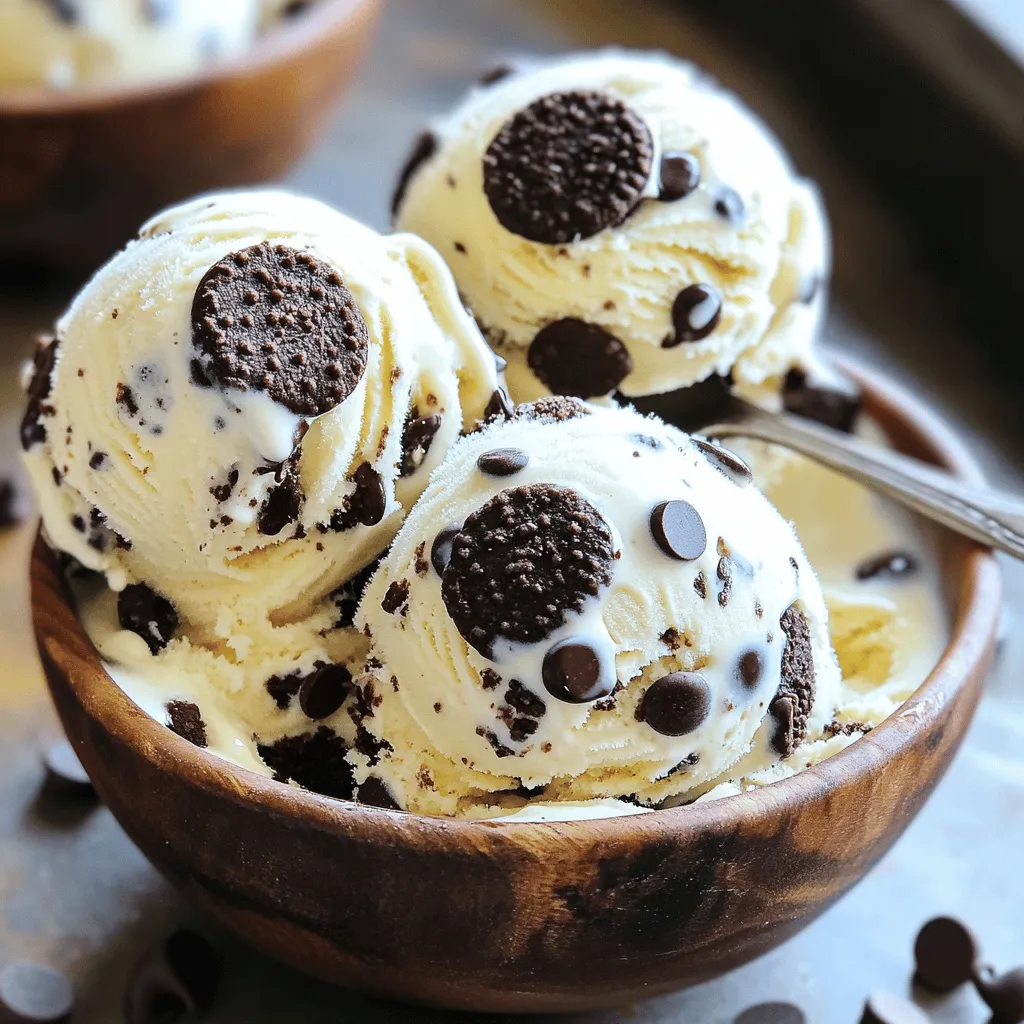 To make this tasty ice cream, you will need: - 2 cups heavy whipping cream - 1 cup sweetened condensed milk - 1 teaspoon vanilla extract - 1 cup crushed chocolate sandwich cookies (like Oreos) - ½ cup mini chocolate chips (optional) These ingredients come together to create a smooth and creamy treat. The heavy whipping cream gives the ice cream its fluffy texture. The sweetened condensed milk adds sweetness and creaminess, while the vanilla extract enhances the flavor. The chocolate sandwich cookies deliver that classic cookies and cream taste. You can play with flavors by adding: - ½ cup chopped nuts (like pecans or walnuts) - ½ cup crushed candy bars (like Snickers or Reese's) - A swirl of chocolate or caramel sauce These additions can make your ice cream even more fun and unique. You can mix and match to find your favorite combo! When choosing cookies, I suggest these brands: - Oreo - Hydrox - Famous Amos These brands provide a great crunch and rich taste. They are perfect for blending into your ice cream. Using quality cookies will make your ice cream delightfully delicious! To start, grab a large mixing bowl. Pour in 2 cups of heavy whipping cream. Use an electric mixer to whip the cream. Set the speed to medium-high. Whip for about 3 to 4 minutes. You want to see stiff peaks form. This step gives your ice cream its light texture. Now, take a separate bowl. Add 1 cup of sweetened condensed milk. Pour in 1 teaspoon of vanilla extract. Mix these well until they blend smoothly. This mixture brings a sweet, rich flavor to your ice cream. Next, gently fold the whipped cream into the condensed milk mixture. Do this slowly to keep the lightness. Once they mix well, it's time for the fun part! Add 1 cup of crushed chocolate sandwich cookies. If you like, toss in ½ cup of mini chocolate chips. Fold everything in until the cookies are spread evenly. Now, pour your mix into a loaf pan or an airtight container. Smooth the top with a spatula for evenness. Cover it with plastic wrap or a lid. Place it in the freezer for at least 4 to 6 hours. This waiting time helps it freeze and firm up. After that, scoop it into bowls or cones and enjoy! To get the best whipped cream, start with cold cream. Cold cream whips better and faster. Use a clean bowl and beaters for the best results. I whip the heavy cream on medium-high speed. It takes about 3-4 minutes to get stiff peaks. Stiff peaks mean the cream holds its shape well. This step is key for a light and airy ice cream. Ice crystals can ruin your ice cream's smoothness. To avoid them, freeze the mixture quickly. Use a shallow container for faster freezing. Cover the ice cream tightly to keep air out. This helps keep the texture creamy. Stir the ice cream after two hours of freezing. This breaks up any crystals forming. Repeat if you want a super smooth finish. When serving, scoop the ice cream into bowls or cones. You can add more crushed cookies on top. Drizzle chocolate syrup for extra sweetness. A sprinkle of mini chocolate chips makes it fun. Serve this ice cream with fresh berries for a nice touch. Enjoy it on a hot day or after dinner. It's a treat everyone loves! {{image_2}} You can switch up the cookie type for fun. Try chocolate chip cookies for a twist. Vanilla wafers can also add a new flavor. If you want a crunch, use peanut butter cookies. Each cookie brings its own taste and texture, making the ice cream unique. Just remember, crush the cookies before adding them in! Adding flavors can make your ice cream even better. You might stir in some caramel or fudge for a sweet swirl. Try adding crushed peppermint candies for a holiday treat. You can also mix in fruit purees like strawberry or raspberry for a fruity kick. The options are endless, and you can be as creative as you want! If you need a dairy-free version, use coconut cream instead of heavy whipping cream. This gives a rich flavor and creamy texture. For sweetened condensed milk, look for dairy-free brands made from coconut or almond. You can still enjoy cookies and cream ice cream without dairy. Just follow the same steps, and you’ll have a tasty treat! To keep your No-Churn Cookies and Cream Ice Cream fresh, use an airtight container. This helps prevent freezer burn and keeps flavors intact. Make sure to smooth the top of the ice cream before sealing it. Cover the surface with plastic wrap, then put the lid on. This extra step gives you a better seal. No-Churn Cookies and Cream Ice Cream lasts about two to three weeks in the freezer. After that, it may lose some taste and texture. For the best experience, enjoy it within the first week. If you have leftovers, note when you made it for easy tracking. If your ice cream melts, you can refreeze it. Make sure to stir it well before refreezing. This helps mix the texture and flavors evenly. However, repeated thawing and freezing can affect the creaminess. Try to keep it frozen once it sets for the best result. Yes, you can whip the cream by hand. Use a whisk and a large bowl. It will take more time and effort, about 8-10 minutes. Keep whisking until you see stiff peaks. This makes the ice cream light and fluffy. You can use coconut cream or a dairy-free whipping cream. They work well and still give you a nice texture. Make sure to chill the cream before whipping. This helps it whip better and hold its shape. Yes, it's easy to make a vegan version. Use coconut cream instead of heavy cream. Swap sweetened condensed milk for a dairy-free version. You can find these at most stores. This way, everyone can enjoy the treat! If your ice cream is too soft, freeze it longer. Try placing it in the freezer for an extra hour or two. If you need it firmer, let it sit in the freezer overnight. This will help it set better. Making No-Churn Cookies and Cream Ice Cream is simple and fun. You learned about key ingredients, like whipped cream and condensed milk, and how to mix them right. Tips help you get the best texture and flavor every time. You can even switch up cookies or add swirls to make it your own. Remember to store it well, so it stays fresh longer. Now, you’re ready to impress friends and family with your tasty homemade treat! Enjoy every creamy bite.