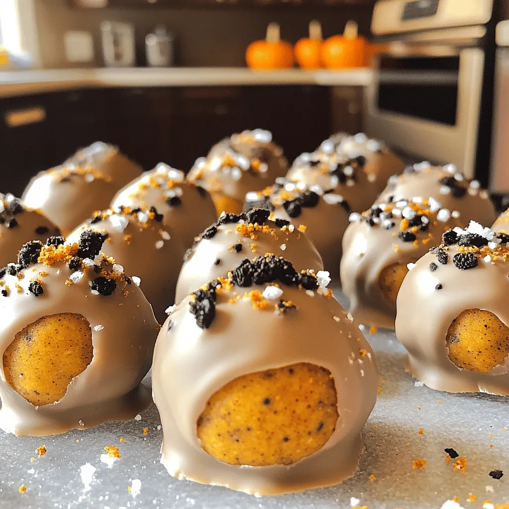 Here’s what you need to make Pumpkin Spice Oreo Truffles: - 1 package (15.25 oz) Pumpkin Spice Oreo cookies - 8 oz cream cheese, softened - 1 teaspoon vanilla extract - 1 cup white chocolate chips - 1 teaspoon pumpkin spice blend - 1 tablespoon coconut oil (optional for melting chocolate) - A pinch of sea salt - Extra crushed Oreo cookies for garnish (optional) Each ingredient plays a key role in flavor and texture. The Pumpkin Spice Oreo cookies bring that warm, seasonal taste. The cream cheese adds a rich creaminess that balances the sweetness. Vanilla extract enhances all the flavors, making every bite delightful. White chocolate chips give a smooth coating that complements the spiced filling. The pumpkin spice blend adds depth and warmth. Coconut oil makes the melted chocolate smoother, but it’s optional. A pinch of sea salt helps to enhance the sweetness. If you want a bit of crunch, crushed Oreo cookies make a tasty garnish. Gather these ingredients, and you’ll be ready to create a fall treat that everyone will love! Start by taking your Pumpkin Spice Oreo cookies. Place them in a food processor. Pulse them until they turn into fine crumbs. This step is key for the best texture. Next, take a large bowl and combine the crumbs with the softened cream cheese and vanilla extract. Mix it well until you have a dough-like consistency. This mixture should be smooth and easy to work with. Now it’s time to shape your truffles. Use your hands to roll the mixture into small balls, about one inch in size. Make sure they are evenly sized for a nice look. Once formed, place the balls on a baking sheet lined with parchment paper. Keep them spaced apart, so they don’t stick together. Next, refrigerate the truffles for about 30 minutes. This will help them firm up and makes coating easier. While they chill, it’s time to melt the white chocolate. In a microwave-safe bowl, combine the white chocolate chips, pumpkin spice, and coconut oil if you choose to use it. Heat it in the microwave in 30-second bursts, stirring in between. This helps prevent burning. Once melted and smooth, take out the chilled truffles. Dip each one into the melted chocolate, making sure they are fully coated. Use a fork to lift them out and let any extra chocolate drip off. Place them back on the parchment-lined baking sheet. While the chocolate is still wet, sprinkle a pinch of sea salt and some crushed Oreo cookies on top. This adds great flavor and a nice crunch. Finally, chill the truffles again for another 30 minutes to let the chocolate fully set. To soften cream cheese, take it out of the fridge. Let it sit at room temperature for about 30 minutes. You can also microwave it for about 10 seconds. Just make sure it doesn’t get too warm. When rolling truffles, keep your hands slightly damp. This helps the mixture not stick. Roll them gently into balls about one inch wide. Don’t worry if they aren’t perfect; they will still taste great! To melt white chocolate without burning, use a microwave-safe bowl. Heat the chocolate in 30-second bursts. Stir after each interval until smooth. Never rush this step; slow and steady wins. Adding a tablespoon of coconut oil to the chocolate helps it melt smoothly. The oil gives it a nice shine too. If you don’t have coconut oil, that’s okay. The truffles will still taste amazing! For extra flair, consider toppings like crushed nuts or sprinkles. These add a nice crunch and color. You can also use different types of chocolate for coating. Dark chocolate gives a rich taste, while milk chocolate adds sweetness. Using extra crushed Oreo cookies as a garnish is a fun way to tie in the flavor. Just sprinkle them on while the chocolate is still wet. This makes your truffles look beautiful and taste even better! {{image_2}} You can change up the flavor of your Pumpkin Spice Oreo truffles. Try using different Oreo cookies. For example, golden Oreos add a fun twist. They make the truffles taste light and sweet. You can also mix in a splash of orange zest. This adds a fresh, zesty flavor that brightens the truffles. It’s a simple way to make your treats unique and exciting. The coating can change the whole feel of your truffles. You can use dark chocolate instead of white chocolate. Dark chocolate gives a rich taste that pairs well with pumpkin spice. If you want something fun, try candy melts or chocolate bark. These options come in many colors and flavors. They can make your truffles stand out. Just melt them like you do with white chocolate for easy coating. You can make these truffles fit different diets. For gluten-free options, use gluten-free Oreo cookies. They work just as well and taste great. If you want vegan truffles, swap out cream cheese for a vegan cream cheese. You can also use nut butter or coconut cream. This way, everyone can enjoy these tasty treats. Making simple swaps helps you cater to many dietary needs without losing flavor. To keep your Pumpkin Spice Oreo Truffles fresh, store them in the fridge. Place them in an airtight container. This will help them stay moist and tasty. Make sure to separate layers with parchment paper to avoid sticking. If you want to keep them longer, freezing is a great option. Place the truffles in a single layer on a baking sheet. Once frozen, transfer them to a freezer-safe bag. They will stay good for up to three months in the freezer. To thaw, just take them out and let them sit at room temperature for about 30 minutes. In the fridge, these truffles can last about one week. After that, they may lose their taste or texture. Look for signs of spoilage. If you notice a strange smell or change in color, it's best to toss them out. Keeping an eye on your treats will ensure you enjoy them at their best! Yes, you can make these truffles ahead of time. They taste even better after resting. For the best results, prepare the truffles and chill them. Store them in an airtight container in the fridge. They can stay fresh for up to a week. You can also freeze them for up to a month. Just make sure to let them thaw in the fridge before serving. If you don't have cream cheese, try using mascarpone cheese. It offers a creamy texture and mild flavor. Another option is Greek yogurt. It will give a tangy taste and a bit less creaminess. Silken tofu is also a great vegan choice. Blend it until smooth for a similar texture. To balance the sweetness, try reducing the amount of white chocolate. You can also add a pinch of sea salt to enhance the flavors. If you want a less sweet truffle, mix in some unsweetened cocoa powder. This will give a nice depth without adding extra sugar. These Pumpkin Spice Oreo truffles are fun to make and delicious to eat. You can shape the cookie mixture into truffles, coat them in white chocolate, and add your favorite toppings. Don't forget the tips for texture and melting chocolate. You can also try different flavors, storage methods, and dietary options. Remember, these treats can be made ahead and adjusted to your taste. Enjoy creating your own sweet twist on this fall favorite!