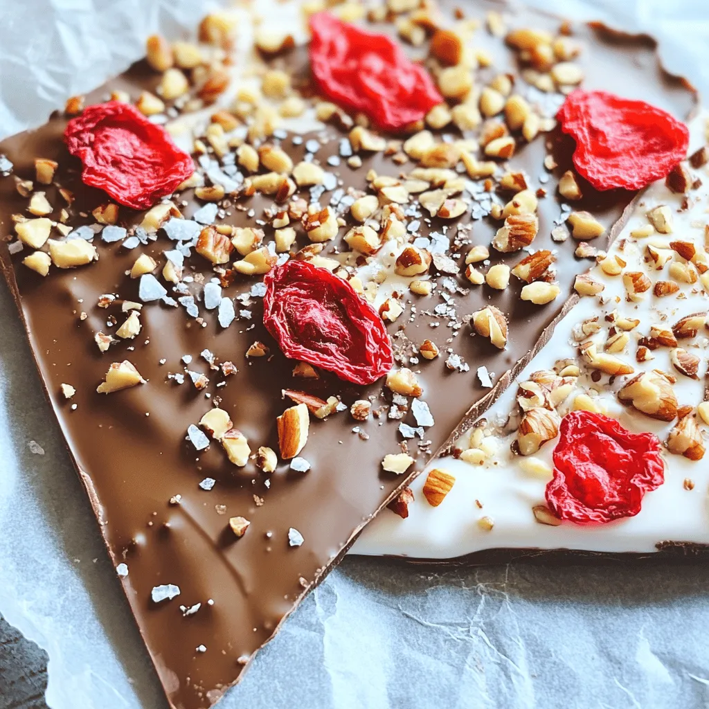 To make Chocolate Greek Yogurt Bark, you need the following ingredients: - 2 cups plain Greek yogurt - ¼ cup honey or maple syrup - ½ cup dark chocolate chips - ¼ cup freeze-dried strawberries (or other fruits like raspberries or blueberries) - 2 tablespoons chopped nuts (e.g., almonds or pistachios) - Pinch of sea salt Each ingredient plays a key role in creating this tasty treat. The Greek yogurt serves as the base, giving it a creamy texture. Honey or maple syrup adds sweetness, while dark chocolate chips bring rich flavor. Freeze-dried strawberries add a fun crunch and fruity taste. Finally, nuts add a nice bite, and sea salt enhances all the flavors. You can swap ingredients based on what you have. Here are some ideas: - Use plain yogurt instead of Greek yogurt for a lighter option. - Maple syrup can replace honey if you prefer a vegan alternative. - Try white chocolate chips if you love a sweeter taste. - Any dried fruit works well. Try banana chips or dried apricots. - Choose different nuts, like walnuts or pecans, for variety. These swaps let you personalize your bark while keeping it delicious. This recipe is not just tasty; it also offers health benefits: - Greek yogurt is high in protein and good for digestion. - Honey provides natural sweetness and has antioxidants. - Dark chocolate is rich in antioxidants and may boost heart health. - Freeze-dried strawberries are low in calories and high in vitamins. - Nuts add healthy fats and protein, helping you feel full. Making this snack can fuel your body while satisfying your sweet tooth. First, grab a mixing bowl and add 2 cups of plain Greek yogurt. Next, pour in ¼ cup of honey or maple syrup. Stir well until the mixture is smooth and creamy. This step adds sweetness and balances the tartness of the yogurt. Now, line a baking sheet with parchment paper. Pour the yogurt mixture onto the paper. Use a spatula to spread it evenly, making a rectangle about ¼-inch thick. This thickness helps it freeze well, so be sure to cover the whole area. Take a microwave-safe bowl and add ½ cup of dark chocolate chips. Heat it in the microwave for 30 seconds, then stir. Repeat this until the chocolate is fully melted and smooth. Drizzle the melted chocolate over the yogurt using a spoon. Swirl it gently with the back of the spoon for a pretty marbled effect. To get that creamy, smooth texture in your bark, mix the Greek yogurt and honey well. You want no lumps. Use a spatula to spread the yogurt mixture evenly. Aim for a ¼-inch thick layer. This thickness helps it freeze well and makes it easy to break into pieces later. For melting chocolate, use a microwave-safe bowl. Heat the chocolate chips in short bursts of 30 seconds. Stir after each interval to avoid burning. Look for a smooth, glossy finish. If it gets too thick, add a tiny bit of coconut oil to help it flow better. This keeps your drizzle looking nice and neat. Toppings make your bark fun and tasty. Freeze-dried strawberries add a sweet, fruity crunch. You can also use raspberries or blueberries for variety. Chopped nuts like almonds or pistachios add a nice bite and a bit of healthy fat. Finally, a pinch of sea salt boosts all the flavors. Don't skip this step; it makes a big difference! {{image_2}} You can change the fruit in this recipe easily. I love using freeze-dried strawberries, but you can try other fruits. Raspberries and blueberries work well too. These fruits add a nice tartness. You can also use bananas or peaches if you want fresh fruit. Just slice them thin. Remember, fresh fruit has more water, which can change the texture. Honey offers a rich sweetness, but maple syrup is a great choice too. If you want to cut sugar, try using stevia or monk fruit. These sweeteners can make the bark low-calorie. However, they might change the flavor slightly. Always taste as you mix to find what you like best. Nuts add crunch and flavor to your bark. Almonds and pistachios are my favorites. You can also use walnuts or pecans for a different taste. If you want some extra nutrition, try adding seeds. Chia seeds or sunflower seeds work well. They bring a nice texture and health benefits too. Just sprinkle them on top before freezing. To keep your chocolate Greek yogurt bark fresh, place it in an airtight container. Make sure to layer parchment paper between the pieces. This helps prevent sticking and keeps it easy to grab. Always seal the container tightly to avoid freezer burn. The best way to store this bark is in the freezer. Wrap the container in plastic wrap for extra protection. You can also cut the bark into pieces before freezing. This way, you can take out just what you want. It’s a great snack for any time! When stored correctly, chocolate Greek yogurt bark lasts about two months in the freezer. After that, the taste and texture may change. Always check for ice crystals or changes in smell before eating. If it looks or smells odd, it’s best to toss it. Enjoy your bark while it’s fresh for the best flavor! Greek yogurt bark is a fun and tasty snack. You mix Greek yogurt with sweeteners, then freeze it. It becomes a solid treat that you can break into pieces. I love adding chocolate and fruits for flavor. The result is a creamy, crunchy, and sweet snack. Yes, you can use flavored Greek yogurt! It adds extra taste to your bark. Just remember that flavored yogurts can change the sweetness level. You may need less honey or syrup. Experiment with different flavors like vanilla or berry to find your favorite. It takes about 2 to 3 hours to freeze Greek yogurt bark. Make sure it is firm before you break it into pieces. If you want to make it ahead of time, it can stay in the freezer longer. Just keep it in an airtight container to prevent freezer burn. You learned about making delicious Chocolate Greek Yogurt Bark. We discussed the key ingredients, step-by-step prep, and helpful tips to achieve the best texture. Protect your creation with proper storage practices. Enjoy exploring variations with fruits, nuts, and sweeteners. Remember, you can easily customize this treat. So, get creative and make it your own!