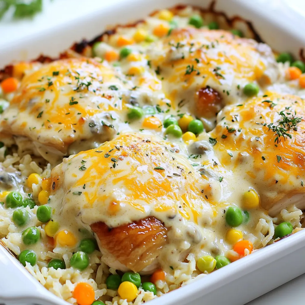 - 4 boneless, skinless chicken thighs - 1 cup jasmine rice - 1 medium onion, chopped - 3 cloves garlic, minced - 1 can (10.5 oz) cream of mushroom soup - 1 cup chicken broth - 1 cup whole milk - 1 cup frozen mixed vegetables (peas, carrots, corn) - ½ cup shredded cheddar cheese (optional for topping) - 1 teaspoon dried thyme - 1 teaspoon paprika - Salt and pepper to taste - Fresh parsley for garnish When making Creamy Smothered Chicken and Rice Casserole, you need to gather all your ingredients first. The main stars are the chicken, rice, onion, and garlic. These simple items create a flavorful base. You can use chicken thighs for their tenderness. Jasmine rice adds a lovely aroma and texture. Chopped onion and minced garlic make the dish fragrant and tasty. Next, you’ll need some creamy elements. The cream of mushroom soup brings richness. Chicken broth adds depth, while whole milk makes it dreamy and smooth. Don’t forget about the frozen mixed veggies! They brighten the dish and add color. If you love cheese, sprinkle some cheddar on top for extra flavor. For seasoning, dried thyme and paprika work wonders. They bring warmth and a slight kick. Finally, salt and pepper to taste help balance everything. Finish with fresh parsley for a touch of brightness. Now you have all the ingredients ready! This mix is sure to create a comforting and delicious casserole. - Preheat your oven to 375°F (190°C). - In a large ovenproof skillet, heat two tablespoons of olive oil over medium heat. - Add one chopped onion and sauté for about three to four minutes. The onion should soften. - Stir in three minced garlic cloves and cook for one more minute. You want it fragrant. - Season four chicken thighs with salt, pepper, one teaspoon of dried thyme, and one teaspoon of paprika. - Place the thighs in the skillet and sear for about four to five minutes on each side. They should turn golden brown. - Once done, remove the chicken and set it aside. - In the same skillet, combine one cup of jasmine rice, one can of cream of mushroom soup, one cup of chicken broth, and one cup of whole milk. - Stir the mixture until everything is well blended. - Add one cup of frozen mixed vegetables, which can include peas, carrots, and corn. - Place the seared chicken thighs on top of the rice mixture. - Cover the skillet with a lid or aluminum foil. - Transfer it to the preheated oven and bake for 30 minutes. - After 30 minutes, remove the cover and sprinkle on half a cup of shredded cheddar cheese, if you like. - Bake for another 10 minutes, or until the cheese melts and bubbles. - Once out of the oven, let it sit for five minutes before serving. Garnish with fresh parsley for a nice touch. - Use whole milk for richer flavor. - Opt for homemade cream of mushroom soup if possible. To make your casserole creamy, whole milk is key. It adds richness and depth. If you can, try making your own cream of mushroom soup. It tastes better and adds freshness. You can find simple recipes online. - Ensure even browning of chicken by not overcrowding the skillet. - Let the casserole rest for a few minutes for easier serving. When searing chicken, space is important. Don’t crowd the skillet. This helps the chicken brown well. Browning adds flavor to your dish. After baking, let the casserole sit for five minutes. This makes serving easier and helps flavors meld. - Serve directly from the skillet or plate in shallow bowls. - Garnish with extra parsley for added color. You can serve this dish right from the skillet for a cozy feel. If you prefer, use shallow bowls to dish it out. A sprinkle of fresh parsley adds a nice touch. It brightens the dish and makes it look great. Enjoy your meal! {{image_2}} You can easily change the meat in this dish. Substitute chicken with turkey or pork thighs for a new taste. If you want a leaner option, use boneless chicken breasts. Both options keep the dish moist and flavorful. Rice is a key part of this casserole. For a healthier option, try brown rice. It adds more fiber and nutrients. If you’re looking for a low-carb version, quinoa or cauliflower rice works great. Both options give a nice texture while cutting down on carbs. You can customize your casserole with a mix of vegetables. Seasonal veggies like bell peppers or zucchini add fresh flavors. Using fresh vegetables instead of frozen makes a big difference in taste. They bring out the dish's natural sweetness and crunch. You can store your creamy smothered chicken and rice casserole in the fridge. Place it in an airtight container. It stays fresh for up to 3 days. Make sure it cools down first. This step helps avoid moisture buildup and keeps it tasty. Freezing is a great option if you want to save some for later. I recommend freezing in individual portions. This makes reheating easy. For the best flavor, try to eat it within 2 to 3 months. Remember, the longer it sits, the less yummy it becomes. When you want to enjoy your casserole again, reheat it in the oven. Set it to 350°F and heat until hot throughout. If it seems a bit dry, add a splash of milk. This keeps the casserole creamy and delicious. Yes, you can make this casserole ahead of time. Just assemble it and place it in the fridge. When you're ready to eat, bake it straight from the refrigerator. This is perfect for busy nights. Yes, there is a vegetarian version. You can replace the chicken with beans or tofu. Use vegetable broth instead of chicken broth. This way, you keep the creamy texture and flavor without meat. I love to pair this casserole with a fresh green salad. Roasted vegetables also work well for a complete meal. These sides add color and nutrition to your plate. This blog post covered making a delicious Creamy Smothered Chicken and Rice Casserole. We discussed the main and additional ingredients, including chicken, rice, and veggies. I provided step-by-step instructions for preparing, assembling, and baking the dish. You also learned tips for achieving a creamy texture and various options for meat and rice. Finally, we explored storage and reheating methods. Enjoy this comforting meal with your loved ones. It's easy, tasty, and sure to please everyone at the table.