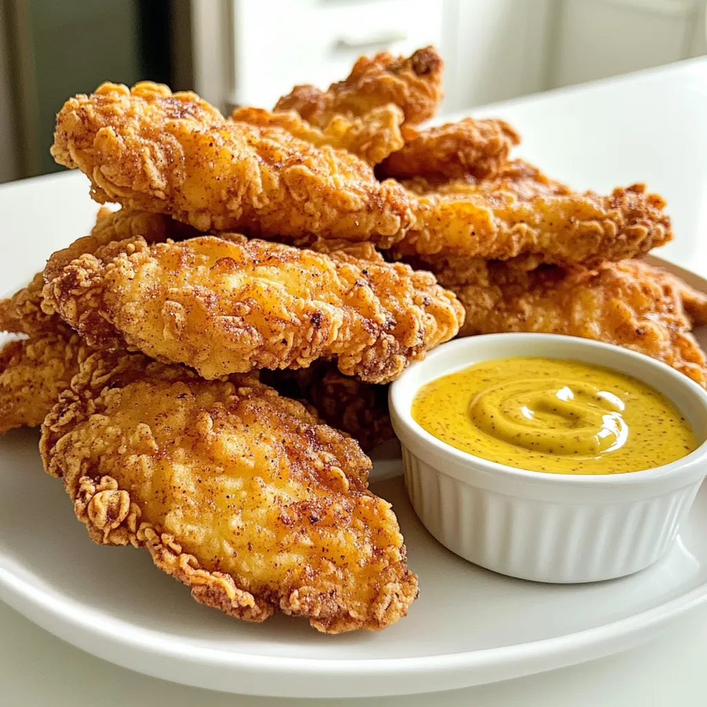 To make these tasty chicken tenders, you need: - 1 lb chicken tenders - 1 cup buttermilk - 1 teaspoon garlic powder - 1 teaspoon onion powder - 1 teaspoon paprika - 1 teaspoon salt - ½ teaspoon black pepper - 1 cup all-purpose flour - ½ cup cornstarch - Vegetable oil (for frying) These ingredients give the tenders a juicy inside and a crispy outside. The buttermilk helps tenderize the chicken. The garlic and onion powders add great flavor. The paprika gives it a nice color and a bit of warmth. For the sweet honey mustard dip, you will need: - ½ cup mayonnaise - ¼ cup honey - 2 tablespoon Dijon mustard - 1 tablespoon apple cider vinegar - Salt and pepper to taste This dip is creamy and sweet, with a tangy kick. The honey balances the mustard's sharpness. You can adjust the flavors to your liking. Add more honey for sweetness or more mustard for a bold taste. To make your dish look even better, consider these garnishes: - Fresh parsley - Fresh rosemary Adding fresh herbs gives a nice touch. They brighten the plate and add a pop of color. You can place them around the chicken or on top for a beautiful finish. Start by making the marinade. In a large bowl, mix 1 cup of buttermilk, 1 teaspoon garlic powder, 1 teaspoon onion powder, 1 teaspoon paprika, 1 teaspoon salt, and ½ teaspoon black pepper. This mixture gives the chicken great flavor and helps it stay juicy. Add the chicken tenders and coat them well. Cover the bowl and refrigerate for at least 1 hour. If you have time, let it marinate overnight for extra taste. While the chicken marinates, prepare the dredging mixture. In a separate bowl, combine 1 cup of all-purpose flour and ½ cup of cornstarch. This blend creates a crispy crust. Stir well to mix them evenly and set aside for later use. Now it's time to heat the oil. In a large skillet or deep fryer, pour enough vegetable oil to cover the bottom by about 1 inch. Heat the oil to 350°F (175°C). A thermometer helps ensure the right temperature. This step is key for crispy chicken. Once the chicken is marinated, take it out of the fridge. Let the excess buttermilk drip off each tender. Then, dredge each piece in the flour-cornstarch mixture. Make sure to cover each tender evenly. A thick coating gives you that crunchy texture. Carefully place the coated chicken tenders in the hot oil. Do this in batches to avoid overcrowding. Fry them for about 5-7 minutes. Look for a golden brown color. Turn them occasionally for even cooking. Check that the internal temperature reaches 165°F (75°C) for safety. While the chicken fries, you can make the honey mustard dip. In a small bowl, whisk together ½ cup mayonnaise, ¼ cup honey, 2 tablespoon Dijon mustard, and 1 tablespoon apple cider vinegar. Add a pinch of salt and pepper to taste. Adjust the sweetness or tanginess based on your preference. This dip pairs perfectly with the chicken. Once the chicken is cooked, transfer it to a wire rack lined with paper towels. This helps drain excess oil. Serve the crispy chicken tenders on a rustic board. Garnish with fresh herbs like parsley. Place the honey mustard dip in a small bowl on the side. This makes for an inviting display and a delicious meal. To get crispy chicken tenders, start with a good dredging. Mix flour and cornstarch equally. This mix helps create a crunchy crust. When frying, do not overcrowd the pan. Fry in batches for even cooking. Cook each tender until golden brown. This usually takes about 5 to 7 minutes. Always check that the chicken's inside is fully cooked. The right temperature is 165°F (75°C). For frying, I recommend using vegetable oil. It has a high smoke point. This means it won’t burn easily. Canola oil is another good choice. Both oils give a nice flavor and crispiness. Avoid using olive oil because it burns at lower temperatures. Marinating is key to flavor. I suggest at least 1 hour in the fridge. If you have more time, marinate overnight for deeper flavor. The buttermilk tenderizes the chicken. It also adds moisture. This step is crucial for juicy tenders. {{image_2}} To spice things up, add heat to your chicken tenders. Mix in cayenne pepper or hot sauce into the buttermilk marinade. You can start with 1 teaspoon of cayenne. Adjust according to your taste. This adds a fiery kick that balances well with the honey mustard dip. Serve these spicy tenders with cooling sides, like coleslaw or cucumber salad. If you prefer a lighter option, try baking the chicken tenders. Follow the same marinating steps. Instead of frying, preheat your oven to 400°F (200°C). Line a baking sheet with parchment paper. After dredging the chicken, place them on the sheet. Bake for 15-20 minutes, flipping halfway through. Ensure they reach an internal temperature of 165°F (75°C). The result? Crispy, healthier tenders that still taste great. While honey mustard is a classic, feel free to explore other dips. For a zesty twist, create a sriracha mayo by mixing mayonnaise with sriracha sauce. For a tangy option, try a yogurt ranch dip. Mix plain yogurt with ranch seasoning for a fresh flavor. Each dip adds a new layer of taste to your chicken tenders. To keep your chicken tenders fresh, let them cool down first. Place them in an airtight container. They stay good in the fridge for up to 3 days. To keep them crispy, avoid stacking them too much. You can also layer them with paper towels to absorb extra moisture. When it's time to eat those yummy leftovers, you can reheat them in the oven. Preheat your oven to 375°F (190°C). Spread the chicken tenders on a baking sheet. Bake for about 10-15 minutes or until they are hot and crispy again. You can also use an air fryer. Just heat it to 350°F (175°C) and cook for about 5-7 minutes. This method keeps them nice and crunchy. For longer storage, freeze the chicken tenders. First, let them cool completely. Then, place them in a freezer-safe bag or container. They can last up to 3 months in the freezer. When you’re ready to eat, thaw them in the fridge overnight. Reheat as mentioned above for the best taste and texture. You can use regular milk, but it won’t be as rich. Buttermilk adds a tangy flavor. It also helps tenderize the chicken. If you don’t have buttermilk, add one tablespoon of vinegar to a cup of milk. Let it sit for five minutes. This creates a quick substitute. The best way to check is by using a meat thermometer. The chicken should reach an internal temperature of 165°F (75°C). If you don't have a thermometer, cut into a tender. The meat should be white, and the juices should run clear. Yes! You can make the honey mustard dip ahead of time. Just mix all the ingredients and store it in the fridge. It tastes even better after sitting for a few hours. This allows the flavors to blend. You can keep it in the fridge for up to one week. These tasty chicken tenders pair well with various sides. Try serving them with coleslaw, fries, or a fresh salad. You can also add some corn on the cob for a fun touch. You can store leftover fried chicken tenders in the fridge for up to four days. Keep them in an airtight container. For longer storage, freeze them for up to three months. Reheat in the oven for the best texture. You’ve learned about the key ingredients for tasty chicken tenders and honey mustard dip. I shared step-by-step instructions to make the perfect meal. We explored tips to get that crispy texture and discussed fun variations. Plus, I provided storage tips to keep leftovers fresh. Now, you can impress friends and family with your cooking skills. Enjoy making these chicken tenders and let your creativity shine!