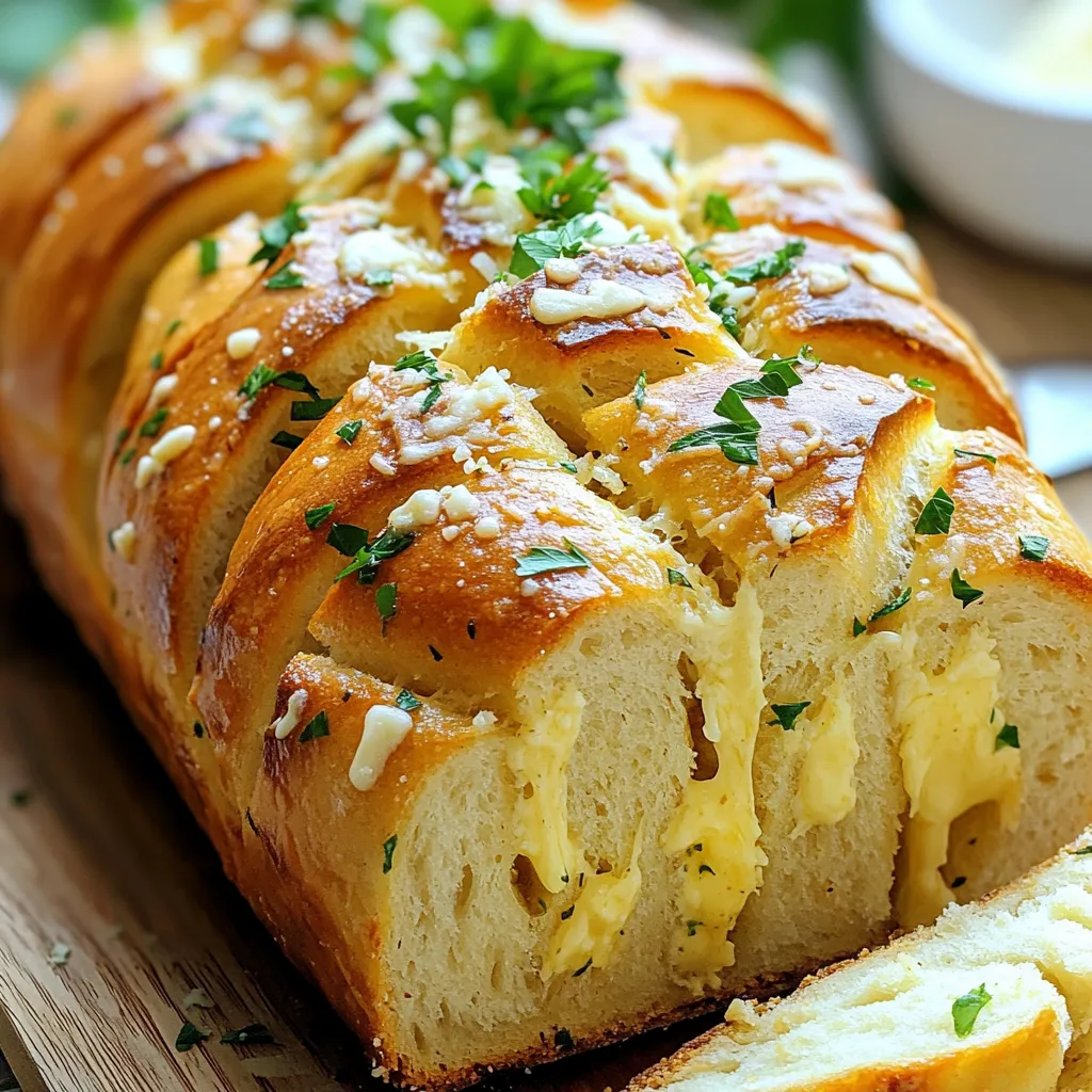 To make Garlic Parmesan Pull-Apart Bread, you need the following items: - 1 loaf of fresh Italian bread or sourdough - 4 tablespoons unsalted butter, melted - 6 cloves garlic, minced - 1 cup grated Parmesan cheese - 2 tablespoons fresh parsley, finely chopped - 1 teaspoon dried oregano - 1 teaspoon salt - ½ teaspoon black pepper Each ingredient plays a key role. The bread is the base. It holds all the flavors. The butter adds richness. Garlic gives a strong, tasty kick. Parmesan cheese brings a nice, salty bite. Fresh parsley adds color and brightness. Oregano gives a warm, earthy taste. Salt and pepper enhance all these flavors. Using fresh ingredients is best. Fresh bread is soft and warm. Fresh garlic is more flavorful. Fresh parsley adds color and flavor. Choose high-quality cheese for a richer taste. Make sure to measure all your items ahead of time. This way, you will have everything ready when you cook. - Preheat oven and slice the bread: Start by preheating your oven to 375°F (190°C). This heat makes the bread golden and crisp. Take your loaf of Italian bread or sourdough and slice it into sections. Cut about 1 inch apart. Be careful not to cut all the way through. You want the bottom of the loaf to stay intact. - Make the garlic butter mixture: In a bowl, melt 4 tablespoons of unsalted butter. Add 6 minced garlic cloves, 1 teaspoon of dried oregano, 1 teaspoon of salt, and ½ teaspoon of black pepper. Mix this all together well. The aroma will be amazing! - Coat the bread with garlic butter: Use a pastry brush or a spoon to coat the inside cuts of the bread with the garlic butter mixture. Make sure to get into all the little crevices. This step gives the bread a rich flavor. - Sprinkle Parmesan cheese: Now it’s time to add the good stuff! Take 1 cup of grated Parmesan cheese and sprinkle it evenly over the buttered sections of bread. Let some cheese fall into the cuts for extra flavor. - Bake covered and then uncovered: Place your bread on a baking sheet lined with parchment paper. Cover it loosely with aluminum foil. Bake it for about 15 minutes. After that, remove the foil and bake for another 10 minutes. You want the top to be golden brown and crispy. - Add fresh parsley for garnish: Once the bread is done, take it out of the oven. Sprinkle 2 tablespoons of finely chopped fresh parsley on top. This adds a nice touch of color and freshness. Serve the warm pull-apart bread right away. Encourage everyone to tear apart the loaf and enjoy! Choosing the right type of bread Use fresh Italian bread or sourdough. These breads have the right texture. They hold the garlic butter well. This helps keep the bread soft inside. The crust gets crispy when baked. Modifying baking time for crispiness Baking time matters for the perfect crunch. Bake the bread covered for 15 minutes. This keeps the inside soft. Then remove the foil and bake for 10 more minutes. This step makes the top golden brown and crispy. Adding herbs and spices Feel free to play with flavors! You can add herbs like basil or thyme. They bring more taste to the bread. A dash of red pepper flakes adds heat if you like spice. Mix these into the garlic butter for a fun twist. Serving suggestions Serve this bread warm for the best taste. Pair it with soup or salad for a meal. It also makes a great snack at parties. You can even add a side of marinara sauce for dipping. {{image_2}} You can switch up the cheese in your Garlic Parmesan Pull-Apart Bread. Mozzarella brings a nice stretch. It melts beautifully and adds a mild flavor that pairs well with garlic. Cheddar gives a sharp taste that many love. It adds a rich, savory bite to the bread. If you follow a vegan diet, try vegan cheese substitutes. Many brands offer great options today. Look for one that melts well. It will still give you that cheesy experience without dairy. Get creative with your garlic butter! You can infuse it with herbs or spices. Try adding rosemary or thyme for a fresh twist. These herbs add depth and flavor to each bite. If you like some heat, consider making spicy garlic butter. Add a pinch of red pepper flakes or a dash of hot sauce. This will give your bread a fantastic kick. It’s a fun way to surprise your guests! To keep your Garlic Parmesan Pull-Apart Bread fresh, follow these tips: - Refrigerating leftovers: Wrap the bread tightly in plastic wrap or foil. This helps keep the moisture in. Store it in the fridge for up to three days. - Freezing pull-apart bread: If you have more bread than you can eat, freezing is great. Wrap it in plastic wrap and then in foil. It can last for up to three months in the freezer. Be sure to label the wrap with the date. To enjoy your bread as if it were fresh, reheating is key: - How to reheat for freshness: Preheat your oven to 350°F (175°C). Remove the bread from its wrap. Place it on a baking sheet. Heat for about 10 to 15 minutes. This will warm it through and help restore some of that crispiness. - Tips to maintain texture: You can cover the bread loosely with foil while reheating. This keeps it from getting too dry. If you want a crispier crust, remove the foil for the last few minutes of reheating. Can I use pre-made dough? Yes, you can use pre-made dough. It saves time and effort. Choose a dough that fits your taste, like pizza dough or biscuit dough. Just follow the same steps for cutting and filling. How long will the bread stay fresh? The bread stays fresh for about 2 days at room temperature. Keep it in a sealed bag to keep it soft. If you want it to last longer, refrigerate it for up to a week. Can I prepare this bread ahead of time? Yes, you can prepare it ahead. Slice and coat the bread, then wrap it tightly. Store it in the fridge for up to 24 hours. Just bake it when you are ready to serve. What to do if bread is too soggy? If the bread is too soggy, it may have too much butter or garlic mixture. Make sure you don't overdo it. You can bake it longer to help it crisp up. Keep an eye on it to avoid burning. How to prevent burning? To prevent burning, cover the bread with foil for the first part of baking. This shields it from direct heat. After 15 minutes, remove the foil. This way, the top can brown nicely without burning. This blog post covered how to make delicious garlic pull-apart bread. We discussed the key ingredients, step-by-step instructions, and tips for the best texture and flavor. You can explore variations with different cheeses or flavored butters. Storing and reheating tips keep your bread fresh and tasty. Remember, making this bread is simple and fun. Enjoy sharing this dish with others. You’ll impress them with your tasty creation!