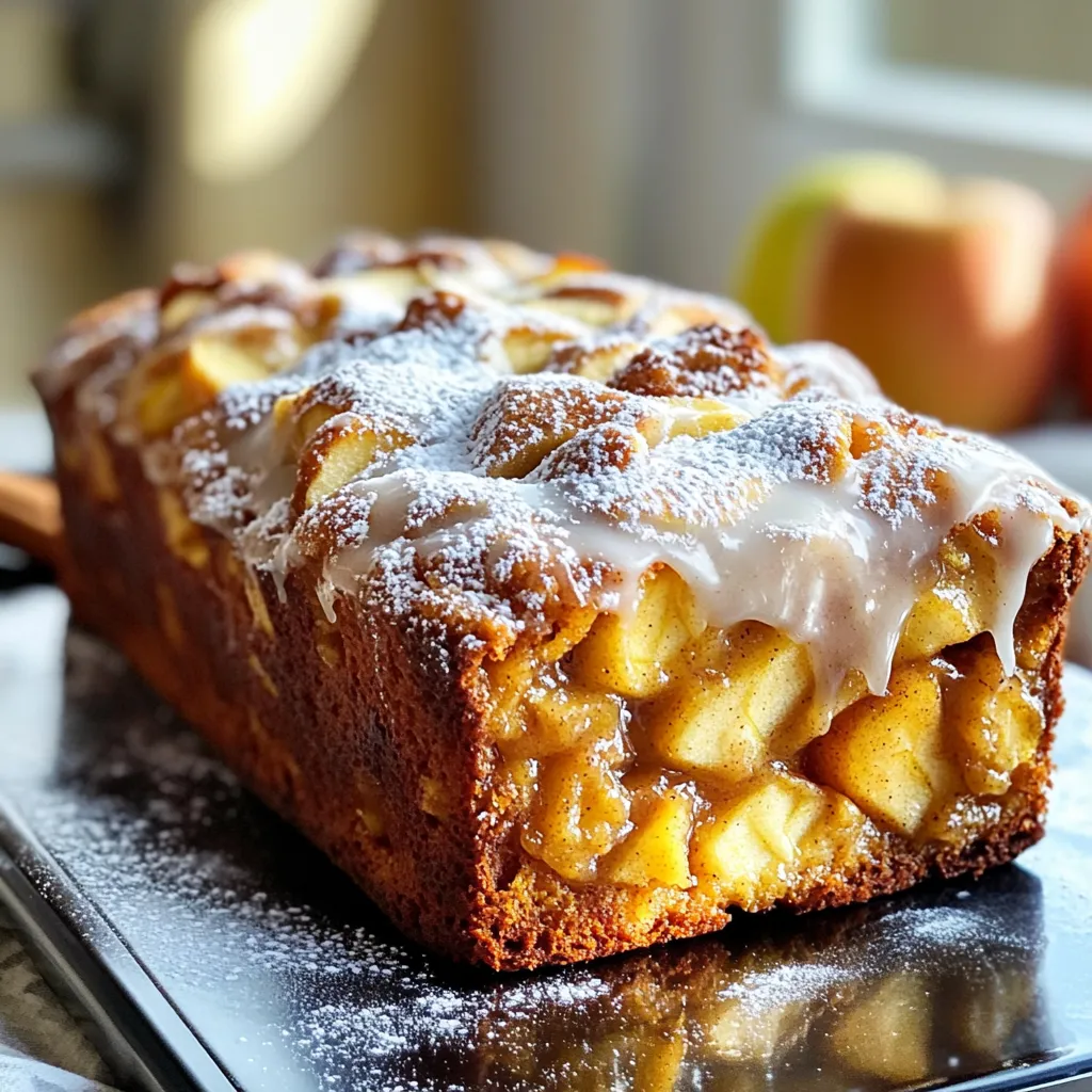 To make a tasty Apple Fritter Loaf, you will need the following key ingredients: - 2 medium apples, peeled, cored, and diced - 1 ½ cups all-purpose flour - 1 teaspoon baking powder - ½ teaspoon baking soda - ½ teaspoon salt - 1 teaspoon ground cinnamon - ½ teaspoon nutmeg - ¾ cup granulated sugar - ⅓ cup brown sugar, packed - 2 large eggs - ½ cup unsweetened applesauce - ⅓ cup vegetable oil - 1 teaspoon vanilla extract - ¼ cup chopped walnuts or pecans (optional) - 1 cup powdered sugar (for glaze) - 2 tablespoons milk (for glaze) For an extra burst of flavor, consider adding these optional ingredients: - ¼ cup raisins or dried cranberries for sweetness - 1 tablespoon lemon juice to brighten the taste - ½ teaspoon vanilla bean paste for a richer vanilla flavor If you have allergens, here are some substitutions you can use: - Gluten-free flour can replace all-purpose flour for a gluten-free loaf. - Applesauce can be replaced with mashed bananas for a different taste. - Vegetable oil can be swapped with melted coconut oil for a tropical twist. - Eggs can be replaced with ¼ cup of unsweetened applesauce or a flax egg (1 tablespoon ground flaxseed mixed with 2.5 tablespoons water). These tips help make this recipe fit many diets while keeping it delicious. Enjoy your baking! First, we need to get our oven ready. Preheat your oven to 350°F (175°C). Next, grease and flour a 9x5-inch loaf pan, or use parchment paper. This helps with easy removal later. In a medium bowl, combine the dry ingredients. Whisk together 1 ½ cups of all-purpose flour, 1 teaspoon of baking powder, ½ teaspoon of baking soda, ½ teaspoon of salt, 1 teaspoon of ground cinnamon, and ½ teaspoon of nutmeg. Set this bowl to the side. In a large bowl, mix together the granulated sugar and brown sugar. Add in 2 large eggs. Beat this mixture until it looks a bit frothy. Then, pour in ½ cup of unsweetened applesauce, ⅓ cup of vegetable oil, and 1 teaspoon of vanilla extract. Stir until smooth. Now, it's time to combine the mixtures. Gradually add your dry ingredients to the wet mix. Stir just until they come together. Finally, fold in 2 medium apples that are peeled, cored, and diced. If you like, add ¼ cup of chopped walnuts or pecans. Be gentle not to over-mix. Pour your batter into the prepared loaf pan. Use a spatula to smooth the top. Now, place the pan in your preheated oven. Bake for 50 to 60 minutes. To check if it's done, insert a toothpick into the center. If it comes out clean, your loaf is ready! Once baked, let the loaf cool in the pan for about 10 minutes. Then, carefully turn it out onto a wire rack to cool completely. This step is important for the best texture. While your loaf cools, let’s make the glaze. In a small bowl, whisk together 1 cup of powdered sugar and 2 tablespoons of milk. Mix until it’s smooth. If it seems too thick, add a little more milk until you reach the right consistency. Once the loaf is cool, drizzle the glaze over the top. Allow it to set before slicing. Enjoy your tasty Apple Fritter Loaf! When picking apples for baking, go for firm ones. I like using Granny Smith or Honeycrisp. These apples hold their shape and add a nice tartness. Avoid soft apples like McIntosh, as they break down too much. Freshness matters, so choose apples that feel heavy and have smooth skin. If you can, smell them. A sweet aroma often means good flavor. To get the right texture, mix your ingredients gently. Over-mixing can make your loaf tough. When adding apples, fold them in carefully. Don't worry if the batter looks a bit lumpy; that’s okay! Also, using room temperature eggs helps the batter blend better. Ensure your baking powder and baking soda are fresh. This ensures a good rise, making your loaf light and fluffy. One common mistake is not measuring ingredients accurately. Use measuring cups and spoons for best results. Also, don’t skip greasing the pan; it helps the loaf release easily. Keep an eye on the baking time. Ovens vary, so check your loaf a bit early. A toothpick should come out clean when it’s done. Lastly, resist the urge to slice it too soon; let it cool for better flavor and texture! {{image_2}} You can change up this loaf with various nuts. Try walnuts or pecans. They add a nice crunch and flavor. If you want a twist, use almonds or hazelnuts. You can also explore different spices. Try cardamom or allspice for a unique taste. Dried fruits like cranberries or raisins can be a great addition too. They bring extra sweetness and texture to your loaf. To make this loaf gluten-free, use a gluten-free flour blend. These blends often work well in recipes like this. For a vegan version, swap eggs with flax eggs. Mix one tablespoon of flaxseed meal with three tablespoons of water for each egg. Replace applesauce with a banana puree for added moisture. Use a plant-based oil, like coconut oil, to keep it vegan-friendly. This way, everyone can enjoy this delicious treat. You can change the fruits based on the season. In fall, use fresh pears or pumpkin puree for a cozy flavor. In winter, add spices like ginger or cloves for warmth. In spring, fresh berries can add a burst of brightness. In summer, using peaches or nectarines can give your loaf a juicy twist. Each season brings new flavors to explore in your Apple Fritter Loaf. To keep your Apple Fritter Loaf fresh, wrap it tightly in plastic wrap. This method keeps moisture in and prevents it from drying out. You can store it at room temperature for up to three days. If you want to keep it longer, consider refrigerating it. Just remember to let it cool completely before wrapping. To freeze your Apple Fritter Loaf, slice it first. This way, you can take out just what you need. Wrap each slice in plastic wrap, then place them in a freezer-safe bag. This method helps avoid freezer burn. You can freeze the loaf for up to three months. When you’re ready to enjoy it, simply thaw in the fridge overnight. For the best taste, reheat slices in the oven. Preheat the oven to 350°F (175°C). Place the slices on a baking sheet and warm them for about 10 minutes. This keeps the loaf soft and nice. If you are in a hurry, you can use the microwave. Heat each slice for about 15-20 seconds. Enjoy your warm Apple Fritter Loaf! Yes, you can use different apples. I suggest using tart apples like Granny Smith or sweet ones like Fuji. Mixing apples adds great flavor and texture. Just make sure the apples are firm. Soft apples can turn mushy in the loaf. The loaf stays fresh for about 3 to 4 days at room temperature. Just store it in an airtight container. For longer storage, keep it in the fridge for up to a week. You can also freeze the loaf for up to 3 months. Absolutely! You can make the glaze ahead of time. Just store it in the fridge in a sealed container. When ready to use, let it come to room temperature. You might need to add a bit of milk to get the right consistency again. Apple Fritter Loaf pairs well with coffee or tea. It’s also tasty with a scoop of vanilla ice cream. For a fun twist, try serving it with whipped cream or caramel sauce. Enjoy it warm or at room temperature for the best experience. Making an Apple Fritter Loaf is rewarding and fun. We covered key ingredients, from apples to possible swaps for allergens. I shared step-by-step instructions to create the best batter, bake it perfectly, and make a tasty glaze. Tips helped you choose the right apples and avoid common mistakes. Plus, we explored fun variations and storage tips for your loaf. Baking this treat can bring smiles and joy. So, roll up your sleeves and enjoy creating delicious memories!