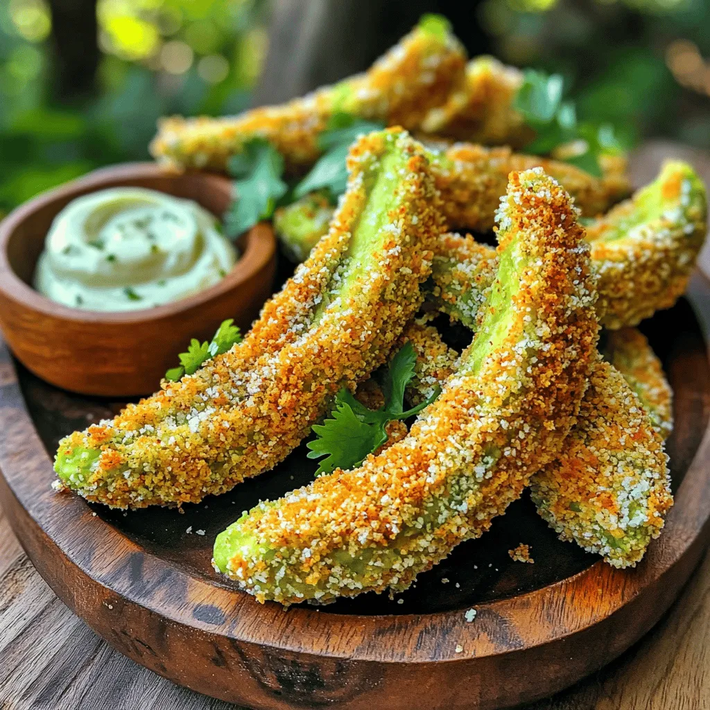 To make Air Fryer Parmesan Avocado Fries, gather the following items: - 2 ripe avocados - 1 cup breadcrumbs (panko gives extra crunch) - ½ cup grated Parmesan cheese - 1 teaspoon garlic powder - 1 teaspoon paprika - Salt and pepper to taste - 2 large eggs - 1 tablespoon olive oil You can add more flavors to your fries. Try these options: - Chili powder for heat - Italian seasoning for extra herbs - Lemon zest for brightness - Cayenne pepper for a spicy kick If you don't have some ingredients, here are smart swaps: - Use nutritional yeast instead of Parmesan for a vegan option. - Swap breadcrumbs for crushed cornflakes for a gluten-free choice. - Replace eggs with a mixture of ground flaxseed and water for a plant-based option. - Olive oil can be swapped with avocado oil for a similar taste. First, grab two ripe avocados. Slice them in half and take out the pit. Use a spoon to scoop out the flesh gently. Cut each half into wedges or fries. Keep the size even for cooking. This helps them cook evenly. In a bowl, mix one cup of breadcrumbs with half a cup of grated Parmesan cheese. Add one teaspoon of garlic powder and one teaspoon of paprika. Season with salt and pepper to taste. Stir this mixture well. In another bowl, beat two large eggs. Add one tablespoon of olive oil. Whisk until smooth. Preheat your air fryer to 400°F (200°C). Dip each avocado fry into the egg mix first. Let any extra egg drip off. Then, coat it in the breadcrumb mix. Press gently to make it stick. Place the coated fries in a single layer in the air fryer basket. You may need to work in batches. Cook for 8-10 minutes. Flip the fries halfway through for even crispiness. When they turn golden brown, they are ready. Let them cool for a couple of minutes before serving. To cut avocados well, choose ripe ones. A ripe avocado yields to gentle pressure. Start by slicing the avocado in half lengthwise. Twist the halves to separate them. Remove the pit carefully with a spoon or a knife. Next, scoop the flesh out slowly to avoid bruising. For fries, cut each half into wedges. Aim for even sizes for even cooking. To make your fries crispy, coat them evenly. The egg mixture helps the breadcrumbs stick. Press the breadcrumbs onto the avocado fries firmly. Using panko breadcrumbs can give a great crunch. Preheat your air fryer fully to 400°F (200°C) before cooking. Air fry for 8-10 minutes, flipping halfway through for even heat. Allow them to cool slightly before serving; this retains crispiness. Avoid using unripe avocados; they won’t taste good. Don’t skip preheating the air fryer; it ensures crispness. If you overcrowd the basket, fries may not cook evenly. Remember to flip the fries halfway for the best results. Lastly, don’t rush the cooling time. Letting them sit for a couple of minutes helps keep them crispy. {{image_2}} To make spicy avocado fries, add heat to your coating. Mix in 1-2 teaspoons of cayenne pepper or chili powder with the breadcrumbs and cheese. This gives a kick to your fries. You can also serve them with a spicy dip, like sriracha mayo, for extra flavor. Adjust the spice to your taste! For cheese-stuffed avocado fries, scoop out some flesh from the avocado halves. Fill the space with your favorite cheese, like mozzarella or pepper jack. Then, coat and air fry as usual. This creates a gooey, cheesy center that pairs perfectly with the crispy coating. It adds a fun twist to the classic recipe. You can make these fries vegan by swapping a few ingredients. Use aquafaba, the liquid from canned chickpeas, instead of eggs. For cheese, try nutritional yeast or vegan cheese shreds. Use gluten-free breadcrumbs if needed. Follow the same steps for coating and cooking. You still get crispy fries without any animal products! To keep your leftover avocado fries fresh, place them in an airtight container. Make sure they cool down first. Store them in the fridge for up to 2 days. This helps maintain their flavor and texture. If you want to enjoy them later, it's best to reheat them to make them crispy again. For the best results, use your air fryer to reheat the fries. Set the air fryer to 350°F (175°C). Heat the fries for about 3-5 minutes. This method helps restore their crunch. Avoid using the microwave, as it can make them soggy. If you don't have an air fryer, you can use a conventional oven at the same temperature. You can freeze the avocado fries if you want to make them ahead. Place the uncooked, breaded fries in a single layer on a baking sheet. Freeze them for about 1-2 hours. Once frozen, transfer them to a freezer-safe bag. They can last up to 3 months in the freezer. When ready to cook, no need to thaw. Just air fry them straight from the freezer, adjusting the time as needed. Yes, you can use other cheeses. Cheddar or mozzarella can add great flavor. Each cheese gives a unique taste. Experiment to find your favorite. You may want to mix cheeses for more depth. Try using a blend of Parmesan and Cheddar for a rich, savory bite. The fries are done when they are golden brown and crispy. After 8-10 minutes, check their color. They should look deliciously crunchy. You can flip them halfway through to ensure even cooking. If they need more time, add a couple of minutes. Avocado fries taste great with many dipping sauces. Lime aioli adds a zesty twist. Spicy ranch also works well for a kick. You can try garlic dip or classic ketchup too. For a fun twist, mix Greek yogurt with herbs for a fresh sauce. Each sauce enhances the flavor of the fries. Avocado fries are a tasty twist on a classic snack. We covered their ingredients, from seasonings to substitute options. I shared step-by-step prepping and cooking instructions. Tips helped you avoid common mistakes and achieve the right crispiness. I also explored fun variations, like spicy and cheese-stuffed options. Remember to store leftovers properly for maximum flavor. Enjoy your tasty avocado fries and make them your very own!