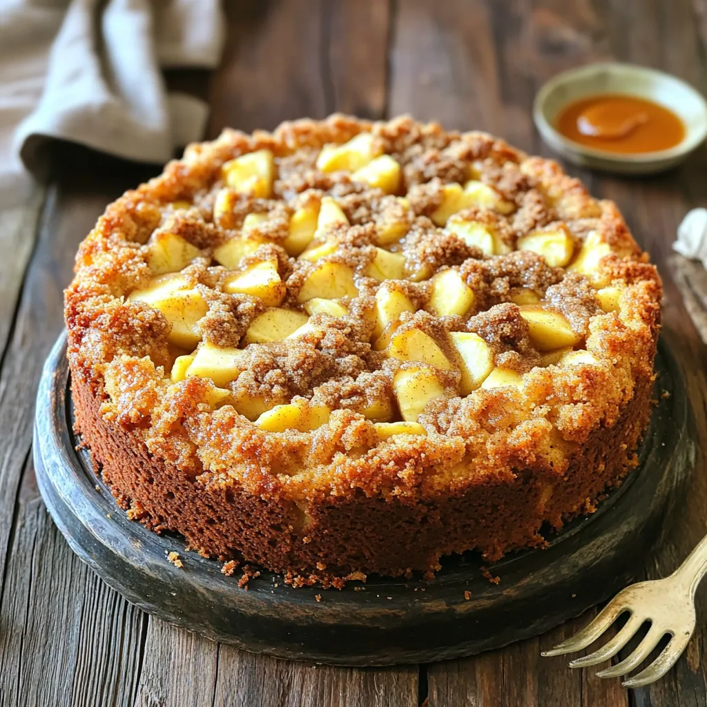 - 2 medium apples, peeled, cored, and diced - 1 teaspoon lemon juice - 2 cups all-purpose flour - 1 ½ cups granulated sugar, divided - 1 tablespoon baking powder - ½ teaspoon baking soda - ½ teaspoon salt - 1 teaspoon ground cinnamon - ½ cup unsalted butter, softened - 2 large eggs - 1 teaspoon vanilla extract - 1 cup buttermilk The main ingredients for the apple streusel coffee cake create a soft and moist texture. Apples add natural sweetness and flavor. Lemon juice keeps the apples fresh and bright. Flour, sugar, and baking powder help the cake rise and hold its shape. Eggs and butter give richness. - ½ cup all-purpose flour - ½ cup brown sugar - 1 teaspoon ground cinnamon - ¼ cup unsalted butter, melted The streusel topping adds a sweet, crunchy layer. Flour and brown sugar form the base. Cinnamon gives warmth and spice. Melted butter binds everything together, creating a delicious crumb. - 1 cup chopped pecans or walnuts Adding nuts to your coffee cake gives it extra texture and flavor. Pecans and walnuts work well with apples. They add a lovely crunch and richness. Feel free to skip them if you prefer a nut-free cake. First, set your oven to 350°F (175°C). This is the perfect temperature for our coffee cake. Next, grease and flour a 9x13-inch baking pan. You can also use parchment paper for easy removal later. Now, take two medium apples. Peel, core, and dice them into small pieces. Toss the apples with one teaspoon of lemon juice in a bowl. This keeps them fresh and bright. In another large bowl, whisk together two cups of flour, one cup of granulated sugar, baking powder, baking soda, salt, and one teaspoon of cinnamon. Mixing these dry ingredients ensures they blend well in the batter. In a separate bowl, mix half a cup of softened unsalted butter with the remaining half cup of granulated sugar. Beat until it looks light and fluffy. This step adds air to your batter. Next, add two large eggs, one at a time. Mix well after each egg. Finally, stir in one teaspoon of vanilla extract for that sweet flavor. Now, it's time to bring it all together. Alternately add the dry mixture and one cup of buttermilk to the butter mixture. Start and end with the dry ingredients. Mix until just combined. Be careful not to overmix; this keeps your cake tender. Gently fold in the diced apples and chopped nuts if you want some crunch. For the streusel topping, combine half a cup of flour, half a cup of brown sugar, and one teaspoon of cinnamon in a small bowl. Add a quarter cup of melted butter and mix until crumbly. This topping adds a sweet crunch. Pour the batter into the prepared pan and smooth the top with a spatula. Sprinkle the streusel evenly over the batter. Now, place the pan in your preheated oven. Bake for 35 to 40 minutes. To check if it’s done, insert a toothpick into the center. If it comes out clean, your cake is ready! Let it cool in the pan for 10 minutes. Then, transfer it to a wire rack. This helps it cool evenly. Enjoy this warm or at room temperature! To get a soft and fluffy cake, use room-temperature ingredients. This includes butter, eggs, and buttermilk. Mixing the butter and sugar until light and fluffy helps add air. Be gentle when combining wet and dry ingredients. Overmixing can make the cake dense. Spice up the flavor with a pinch of nutmeg or ginger. You can also use different apples, like Granny Smith or Honeycrisp, for a unique taste. If you want a nutty crunch, add chopped pecans or walnuts. You can even try a swirl of caramel for extra sweetness. Store leftover cake in an airtight container. This keeps it fresh for up to three days on the counter. If you want to keep it longer, wrap it in plastic wrap and freeze it. It will stay good for about three months. When ready to eat, just thaw it at room temperature. {{image_2}} You can switch up the apples for other fruits. Peaches add a sweet, juicy twist. Berries like blueberries or raspberries give a nice tart flavor. If you use berries, reduce sugar slightly. This way, you keep the balance of sweetness and tartness. Each fruit brings its unique taste to the cake. It's fun to experiment! To make this cake gluten-free, use a gluten-free flour blend. Many brands work well for baking. Just ensure it has a good mix of starches and proteins. Also, check that your baking powder is gluten-free. The rest of the ingredients usually fit into a gluten-free diet. This way, everyone can enjoy a slice! If you're looking for a vegan option, swap eggs for flax eggs. Mix one tablespoon of flaxseed meal with two and a half tablespoons of water. Let it sit until thick. For buttermilk, combine plant milk with vinegar or lemon juice. Use coconut oil instead of butter for the fat. These swaps keep the cake moist and delicious! Store your apple streusel coffee cake at room temperature for up to three days. Keep it in an airtight container to maintain moisture. If your home is warm, it’s best to refrigerate the cake. It can last up to a week in the fridge. However, the cake may dry out a bit. Always wrap it tightly in plastic wrap or foil. You can freeze this coffee cake for up to three months. Cool the cake completely before wrapping it. Use plastic wrap and then aluminum foil to protect it from freezer burn. Label the package with the date. When you’re ready to enjoy it, thaw in the fridge overnight or at room temperature for a few hours. To reheat, preheat your oven to 350°F (175°C). Place the cake in the oven for about 10-15 minutes. This warms it through and revives the flavors. You can also use the microwave for quick reheating. Heat a slice for about 20-30 seconds, but the oven method is best for taste. Enjoy it warm for the best experience! Yes, you can use different apples. I suggest tart apples like Granny Smith or Honeycrisp. They add a nice balance to the sweet cake. If you want a sweeter taste, try Fuji or Gala apples. Just remember, different apples will change the flavor a bit. To check if the cake is done, insert a toothpick into the center. If it comes out clean, the cake is ready. If there is wet batter, it needs more time. Keep an eye on it after about 30 minutes. Baking times may vary based on your oven. If you don't have buttermilk, you can make your own. Mix 1 cup of milk with 1 tablespoon of vinegar or lemon juice. Let it sit for about 5 minutes. You can also use yogurt or milk mixed with sour cream for a similar effect. This coffee cake stays fresh for about 3 days at room temperature. If you store it in an airtight container, it can last up to a week in the fridge. For longer storage, freeze it for up to 3 months. Just thaw it in the fridge before serving. In this blog post, we explored the key ingredients for apple streusel coffee cake and detailed the steps to make it. We included tips for texture and flavor, plus different variations and storage methods. Remember, this cake is not just for breakfast; it’s great for any time. Enjoy crafting your cake and don’t be afraid to experiment. Happy baking!