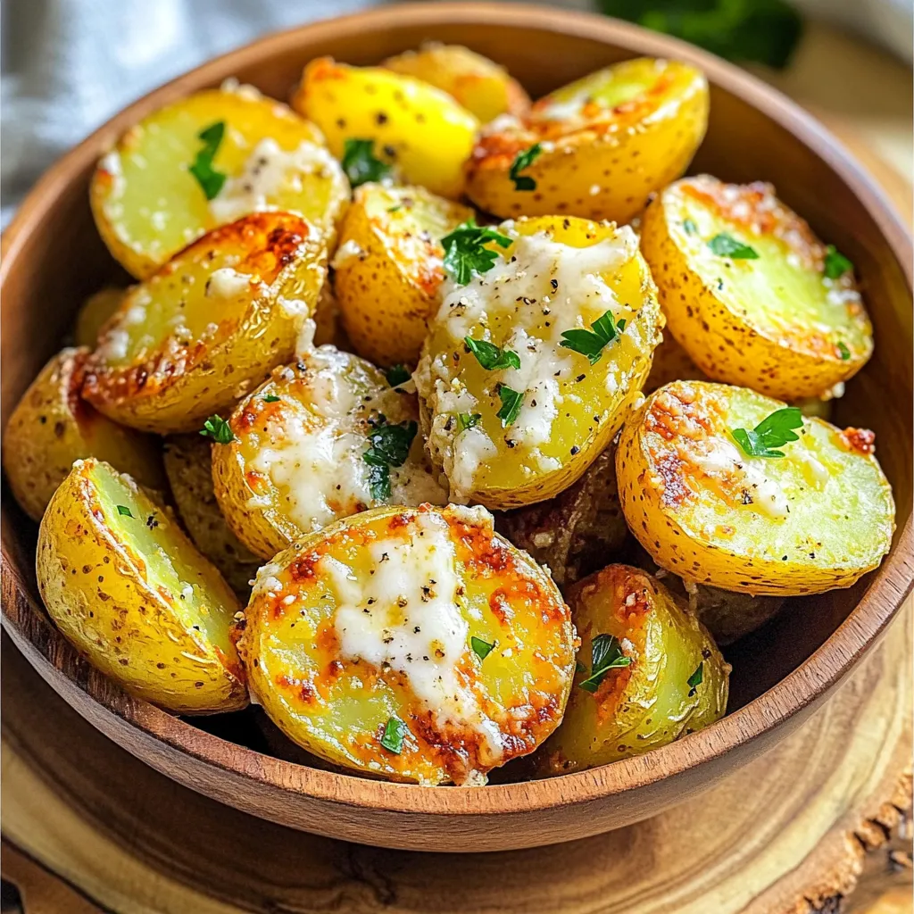 - 1.5 lbs baby potatoes, halved - 3 tablespoons olive oil - 4 cloves garlic, minced - 1 teaspoon dried oregano - 1 teaspoon smoked paprika - Salt and pepper to taste - ½ cup grated Parmesan cheese - 2 tablespoons fresh parsley, chopped (for garnish) These ingredients create a tasty and crispy dish. I love using baby potatoes for this recipe. They cook evenly and have a nice texture. Olive oil gives the potatoes a rich flavor. Next, minced garlic adds a strong aroma and taste. Dried oregano brings in a herby note that complements the garlic well. Smoked paprika adds a bit of warmth and depth. Salt and pepper enhance all the flavors. Grated Parmesan cheese makes everything extra cheesy and delicious. Finally, fresh parsley adds a pop of color and freshness as a garnish. Gather all these ingredients before you start cooking. It makes the process easier and more fun! Preheating your air fryer is key. Set it to 400°F (200°C) and let it warm up for about 5 minutes. This step helps the potatoes cook evenly. If you skip this, your potatoes may not get that nice, crispy texture we all love. Start by halving 1.5 pounds of baby potatoes. Place them in a large bowl. Add 3 tablespoons of olive oil, 4 minced garlic cloves, 1 teaspoon dried oregano, 1 teaspoon smoked paprika, and salt and pepper to taste. Mix everything well until the potatoes are coated. Now, sprinkle in ½ cup of grated Parmesan cheese. Toss again to make sure every piece is nicely covered in cheese. Place the seasoned potatoes in the air fryer basket. Spread them out in a single layer. This allows hot air to circulate, cooking them evenly. Air fry for 15 to 20 minutes. Shake the basket halfway through. This helps them cook on all sides. You want them golden brown and crispy on the outside. Once done, transfer them to a bowl and garnish with 2 tablespoons of chopped fresh parsley for a fresh touch. To get that perfect crunch, cook your potatoes for 15-20 minutes. Check them halfway through and shake the basket. This helps them cook evenly. If you like them extra crispy, add a few more minutes. You can also try different cooking times for softer or firmer potatoes. To boost the taste, consider adding other spices. Paprika gives a smoky flavor, while garlic powder adds depth. You can also try fresh herbs like rosemary or thyme. Fresh herbs have a bright flavor, while dried herbs offer a more subtle taste. Mix and match to find your favorite blend! For a beautiful presentation, use a rustic bowl or a wooden platter. Top with extra Parmesan cheese and parsley for color. Serve with a dipping sauce, like ranch or yogurt. This adds a creamy contrast to the crispy potatoes. Pair them with grilled chicken or a fresh salad for a complete meal. {{image_2}} You can switch up the potatoes for different flavors. Try red or yellow potatoes. These add a nice texture and taste. You can also mix in other seasonings. Rosemary or thyme works great for herbal notes. Feel free to experiment and find your favorite combo! Want to add some heat? You can easily make your potatoes spicy. Try adding chili flakes or a dash of hot sauce. This option gives a fun kick to every bite. Adjust the amount to match your spice level. Enjoy the extra zing! If you prefer a vegan dish, you can skip the cheese. Use a dairy-free cheese substitute for a similar taste. You can also use avocado oil instead of olive oil. This way, you keep the rich flavor without using any dairy. Enjoy the same great taste while sticking to your diet! To keep your Air Fryer Garlic Parmesan Potatoes fresh, follow these tips: - Cool them down: Let the potatoes cool to room temperature. - Use an airtight container: Store them in a container with a tight lid. - Refrigerate: Keep them in the fridge within two hours of cooking. - Freshness: Eat leftovers within 3 days for the best taste. You can reheat your potatoes in different ways. Here are some options: - Air Fryer: This method is best. Set it to 350°F (175°C) for about 5-7 minutes. - Oven: Preheat your oven to 375°F (190°C). Bake for 10-15 minutes. - Crispiness tips: Add a little olive oil before reheating to keep them crunchy. - Check often: Stir or shake the potatoes halfway through to heat evenly. Cooking Air Fryer Garlic Parmesan Potatoes takes about 30 minutes total. Here’s the breakdown: - Prep time: 10 minutes - Cooking time: 15-20 minutes Preheat your air fryer at 400°F (200°C) for about 5 minutes. Then, mix your ingredients and air fry. Yes, you can make these potatoes ahead of time. Here’s how to store and reheat them: - Storage: Let the potatoes cool. Place them in an airtight container. They stay fresh in the fridge for 3-4 days. - Reheating: Use the air fryer to maintain crispiness. Heat them at 350°F (175°C) for about 5-7 minutes. To get crispy potatoes, follow these tips: - Cut evenly: Halve the baby potatoes so they cook uniformly. - Toss well: Make sure to coat them evenly with olive oil and seasonings. - Single layer: Place potatoes in a single layer in the air fryer basket. This helps hot air circulate. - Shake halfway: Shake the basket halfway through cooking to ensure all sides get crispy. These steps will help you achieve the perfect crispy texture every time. Now you know how to make Air Fryer Garlic Parmesan Potatoes. We covered the ingredients, step-by-step instructions, and tips for perfect crispiness. Remember, preheating your air fryer is key to great results. You can try variations with different spices or potatoes to mix things up. Proper storage and reheating methods keep leftovers fresh. Enjoy impressing family and friends with this simple and tasty dish. Happy cooking!