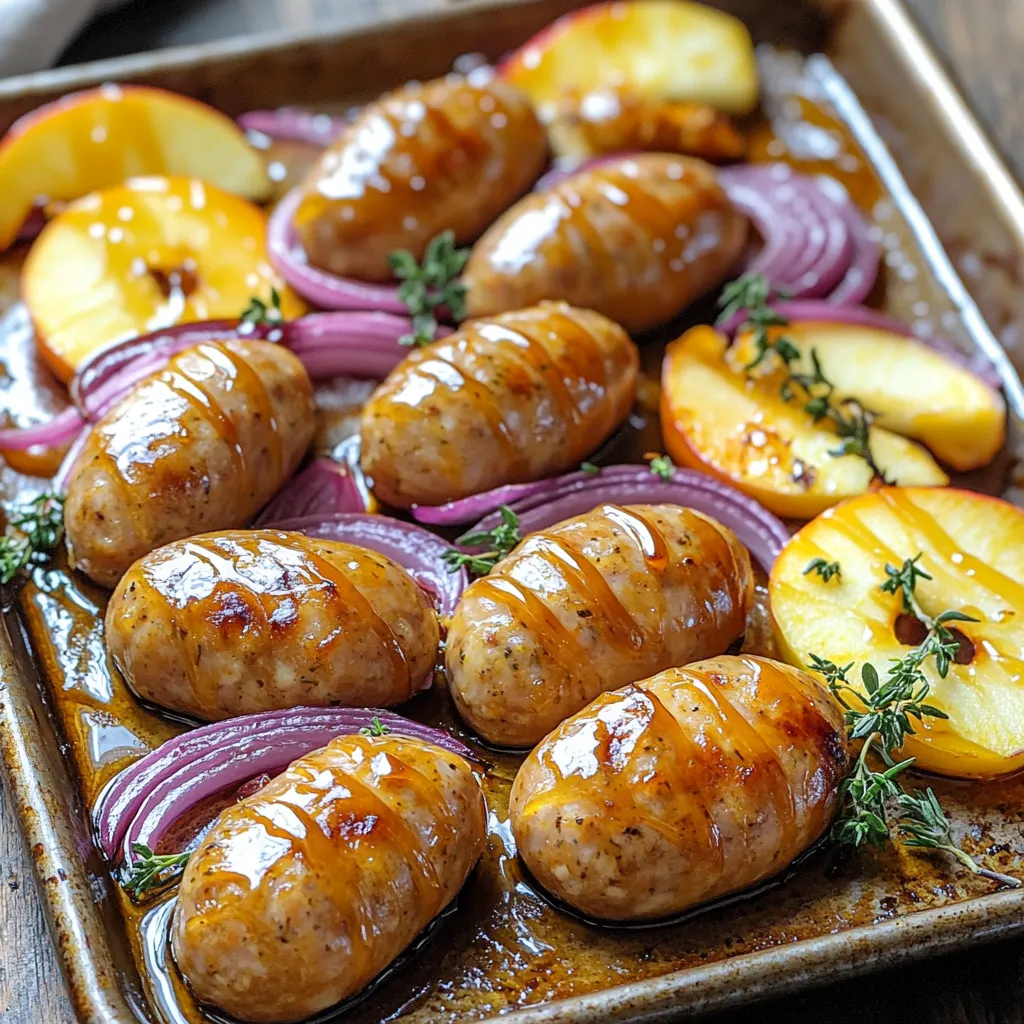 - 1 pound chicken or turkey sausage, sliced into rounds - 2 large apples (such as Honeycrisp or Granny Smith), cored and sliced - 1 red onion, cut into wedges - 2 tablespoons olive oil - ¼ cup pure maple syrup - 1 teaspoon Dijon mustard - 1 teaspoon ground cinnamon - Salt and pepper to taste - Fresh thyme leaves for garnish (optional) For this sheet-pan recipe, I love using chicken or turkey sausage. It gives the dish a nice flavor. You can slice the sausage into rounds, making it easy to cook evenly. When it comes to apples, I recommend using Honeycrisp or Granny Smith. These apples add a sweet and tart flavor that balances well with the sausage. Core and slice them for the best texture. The red onion adds a bit of bite and sweetness. Cut it into wedges so it can caramelize nicely while baking. For the glaze, olive oil helps everything stick together. Pure maple syrup is the star here, adding a rich sweetness. I also like to add Dijon mustard. It gives the glaze a bit of tang that brings all the flavors together. In terms of seasonings, ground cinnamon adds warmth and a hint of spice. Don’t forget to season with salt and pepper to taste. Finally, if you want to elevate your dish, fresh thyme leaves make a lovely garnish. They add a pop of color and fresh flavor. Gather these ingredients, and you’re ready to make a delicious meal! - Preheat your oven to 400°F (200°C). - Slice the chicken or turkey sausage into rounds. - Core and slice the apples. I love Honeycrisp apples for their crunch. - Cut the red onion into wedges. - In a small bowl, combine 2 tablespoons of olive oil, ¼ cup of pure maple syrup, and 1 teaspoon of Dijon mustard. - Add 1 teaspoon of ground cinnamon, salt, and pepper to taste. - Whisk the mixture until it is smooth. - Drizzle the glaze over the sausage, apple slices, and onion wedges. - Toss everything together using a spoon. Make sure each piece gets coated. - Spread the mixture in an even layer on the sheet pan. - Bake for 25-30 minutes. Stir halfway through to ensure even cooking. - You want the sausages to brown and the apples to tenderize. - Once done, let it cool for a few minutes. If you like, garnish with fresh thyme leaves. For this recipe, I recommend using Honeycrisp or Granny Smith apples. Honeycrisp apples are sweet and crisp, perfect for balancing the savory sausage. Granny Smith apples add a nice tartness that complements the dish. When slicing apples, make sure to cut them into even pieces. This ensures they cook at the same rate. Aim for slices about ¼ inch thick. This size allows the apples to soften yet hold their shape during baking. To get the right glaze, you may want to adjust the syrup consistency. If it seems too thick, add a splash of water or extra olive oil. This helps it coat the sausage and apples evenly. Balancing flavors is key. You can add a pinch of nutmeg or ginger to the glaze for an extra kick. This will enhance the overall taste. Remember, the goal is a sweet and savory blend that complements the dish. For sides, roasted Brussels sprouts or a fresh green salad work well. They add a nice crunch and freshness to the meal. Pair this dish with a light white wine or sparkling cider for a refreshing drink. When serving, arrange the sausage and apples neatly on a platter. Drizzle some extra glaze on top for a beautiful finish. Garnish with fresh thyme leaves to add a pop of color and flavor. This makes it look fancy, even though it’s easy to prepare. {{image_2}} You can switch up the sausage for a different type. Try using pork sausage or even plant-based options like tofu or tempeh. If you want to keep it vegetarian, consider using veggie sausage. They provide great taste and texture too. You can also add other protein sources. Chickpeas or lentils can work well here. Both options add fiber and flavor. Feel free to mix in other fruits. Pears or peaches can add a nice twist. They give a different flavor while keeping it sweet. You can also boost your veggies. Carrots, bell peppers, or even sweet potatoes would fit in nicely. Each adds a new layer of taste and color. Want to spice things up? Add herbs like rosemary or sage to the dish. They can elevate the flavor. You can also try adding nuts or seeds. Chopped walnuts or pumpkin seeds add a great crunch. This extra texture makes the dish even more enjoyable. To store leftovers, let the dish cool first. Place the sausage and apples in an airtight container. This keeps flavors fresh and prevents spills. Use glass or plastic containers with tight lids. You can also use plastic wrap or aluminum foil. Store in the fridge for up to four days. For the best flavor and texture, reheat in the oven. Preheat the oven to 350°F (175°C). Spread the mixture on a baking tray. Heat for about 15 minutes, stirring halfway through. This helps keep the sausages juicy. If you use a microwave, place the food in a microwave-safe bowl. Heat for 1 to 2 minutes, stirring once. This method may make the apples softer, but it is quick. You can freeze this dish for later use. Cool it completely before freezing. Place it in a freezer-safe container or bag. Remove as much air as possible. You can store it in the freezer for up to three months. To thaw, place it in the fridge overnight before reheating. You can also use the microwave to thaw it on a low setting. This makes it easy to enjoy again! Yes, you can use other types of sausage. I suggest trying pork, beef, or even vegetarian sausage. Each type brings a unique flavor. Just make sure to slice them into rounds. This helps them cook evenly. If you want to keep it lighter, chicken or turkey sausage works great. To reduce the sweetness, you can cut back on the maple syrup. Use only two tablespoons instead of a quarter cup. You can also add a splash of vinegar or lemon juice. This will balance the sweetness with some acidity. Another option is to use less sweet apples, like Granny Smith. Absolutely! You can prep this dish ahead of time. Slice the sausage, apples, and onion the night before. Place them in the fridge until you’re ready to cook. You can also mix the glaze and store it separately. When you’re ready, just toss everything together and bake. This makes dinner quick and easy! This recipe offers a delightful mix of chicken or turkey sausage, apples, and red onion, topped with a tasty maple glaze. You learned how to prepare the dish, bake it, and even make adjustments to suit your taste. Don’t forget to explore variations with different fruits and vegetables. Proper storage is key for enjoying leftovers, and reheating tips ensure the best flavor. Experiment with this dish to make it your own. This easy recipe can become a cherished part of your meals. Enjoy cooking and sharing it!