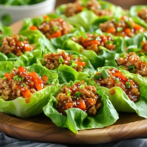 - 1 lb ground chicken - 1 tablespoon olive oil - 1 red bell pepper, diced - 1 carrot, grated - 3 green onions, chopped - 1 cup water chestnuts, diced - 1/4 cup sweet chili sauce - 2 tablespoons soy sauce - 1 tablespoon rice vinegar - 1 tablespoon sesame oil - Salt and pepper to taste - 1 head of butter or romaine lettuce, leaves separated To make Sweet Chili Chicken Lettuce Cups, you need simple, fresh ingredients. The ground chicken gives protein and rich flavor. Red bell pepper adds color and crunch. Grated carrot brings sweetness and texture. Green onions give a mild spice, while water chestnuts add a delightful crunch. The sauce is key. Sweet chili sauce brings a sweet and spicy kick. Soy sauce adds depth. Rice vinegar gives a tangy note. Sesame oil ties everything together with its nutty flavor. Using fresh lettuce, like butter or romaine, makes the perfect cup. It holds the filling well and adds crispness. These ingredients come together to create a dish that is both tasty and fun to eat. First, heat the olive oil in a large skillet over medium-high heat. The oil should shimmer but not smoke. Next, add the ground chicken to the skillet. Cook it for about 5 to 7 minutes. Break it apart with a wooden spoon. It should turn a nice brown color. This step gives the chicken a rich flavor. Now, it’s time to add some color and crunch. Stir in the diced red bell pepper, grated carrot, chopped green onions, and diced water chestnuts. Sauté this mixture for about 3 to 4 minutes. You want the vegetables to be tender but still crisp. This mix adds freshness to your dish. In a small bowl, whisk together the sweet chili sauce, soy sauce, rice vinegar, and sesame oil. This sauce will bring everything together. Pour the sauce mixture over the chicken and vegetables in the skillet. Mix well to coat everything evenly. Cook for an additional 2 to 3 minutes. This allows the flavors to meld beautifully. Remove the skillet from heat and let it cool slightly. Now, it’s time to build your cups! Spoon the chicken mixture into the lettuce leaves. You can use butter or romaine lettuce. For a great look, arrange the filled cups on a serving platter. Garnish with extra chopped green onions or sesame seeds. Serve with more sweet chili sauce on the side for dipping. Enjoy your fresh and flavorful creation! To ensure even browning of your ground chicken, break it apart as it cooks. Use a wooden spoon to crumble the meat. Spread it in the skillet so it cooks evenly. Keep the heat at medium-high for the best results. For sautéing the veggies, add them after the chicken is browned. Start with the bell pepper and carrot first. These will soften in about three to four minutes. Add the green onions and water chestnuts last for a nice crunch. Consider adding a pinch of garlic powder or ginger for extra flavor. A bit of chopped cilantro can also brighten the dish. For a spicy kick, mix in red pepper flakes or sriracha. Garnish your lettuce cups with chopped green onions or sesame seeds. This adds a lovely touch and enhances the look of the dish. You can also serve extra sweet chili sauce on the side for dipping. One common mistake is overcooking the vegetables. They should stay vibrant and crisp. Keep an eye on them while sautéing. Another mistake is skipping the seasoning step. Always taste the mixture before serving. A sprinkle of salt and pepper can make a big difference in flavor. {{image_2}} You can easily change the protein in this dish. Ground turkey works well for a lighter option. It has a similar taste and texture to chicken. You can also use ground beef if you want a richer flavor. For those who prefer plant-based meals, consider using lentils or chickpeas. They add protein and fiber. Making your own sweet chili sauce is fun and simple. You can mix sugar, rice vinegar, and chili flakes for a fresh taste. If you like more heat, add extra chili paste or sriracha. This lets you control the spice level. You can make it sweeter by adding more sugar or honey. These lettuce cups pair nicely with many side dishes. Try serving them with steamed rice or a simple salad. For a twist, you can turn the cups into a wrap. Just use tortillas instead of lettuce. You can chop up the lettuce and mix it into a salad. This gives you a fresh take on the dish. To keep your Sweet Chili Chicken Lettuce Cups fresh, follow these steps. First, allow the chicken mixture to cool completely. This helps prevent condensation in storage. Use airtight containers to store the chicken filling. Divide it into portions if you plan to eat it later. For the lettuce, wrap the leaves in a damp paper towel. Place them in a plastic bag, sealing it loosely. This keeps the leaves crisp and fresh. You can reheat the chicken mixture easily. The microwave works well. Place the chicken in a microwave-safe dish. Cover it to keep moisture in. Heat for about 1-2 minutes or until hot. If you prefer, use the stovetop. Heat a skillet over medium heat. Add a splash of water to keep it moist. Stir until heated through. Remember to keep the lettuce separate. Reheat just the chicken, and serve it fresh in the lettuce cups. You can freeze the chicken mixture for later. Place it in an airtight container or freezer bag. Remove as much air as possible to avoid freezer burn. Label the bag with the date. It can last up to three months. When ready to eat, thaw it in the fridge overnight. Reheat it on the stovetop or microwave as described above. This method lets you enjoy these tasty cups any time! Yes, you can use various lettuces for your cups. Butter lettuce works well because it is soft and wraps easily. Romaine is another great choice; it has a nice crunch. You can also try iceberg lettuce for an extra crisp bite. Each type adds a unique texture, so feel free to experiment! These cups pair nicely with several side dishes. Consider serving them with a light cucumber salad for freshness. Rice or quinoa can make a good side too. For drinks, iced tea or sparkling water enhances the meal without overpowering the flavors. You can store these lettuce cups in the fridge for up to three days. Keep the filling and lettuce separate to maintain freshness. When you are ready to eat, just assemble them again. This way, the lettuce stays crisp, and the filling remains flavorful. Yes, you can make Sweet Chili Chicken Lettuce Cups gluten-free. Use gluten-free soy sauce instead of regular soy sauce. Always check labels to ensure all ingredients meet your dietary needs. This way, everyone can enjoy this tasty dish without worry! In this blog post, we explored how to make delicious Sweet Chili Chicken Lettuce Cups. We covered the key ingredients, step-by-step cooking methods, and tips for the best results. You learned about sauces, serving ideas, and storage tips to keep leftovers fresh. Creating these cups is easy and fun. Feel free to experiment with different proteins and sauces. Enjoy this tasty meal with your family. You’ll impress everyone with your cooking skills and fresh flavors.