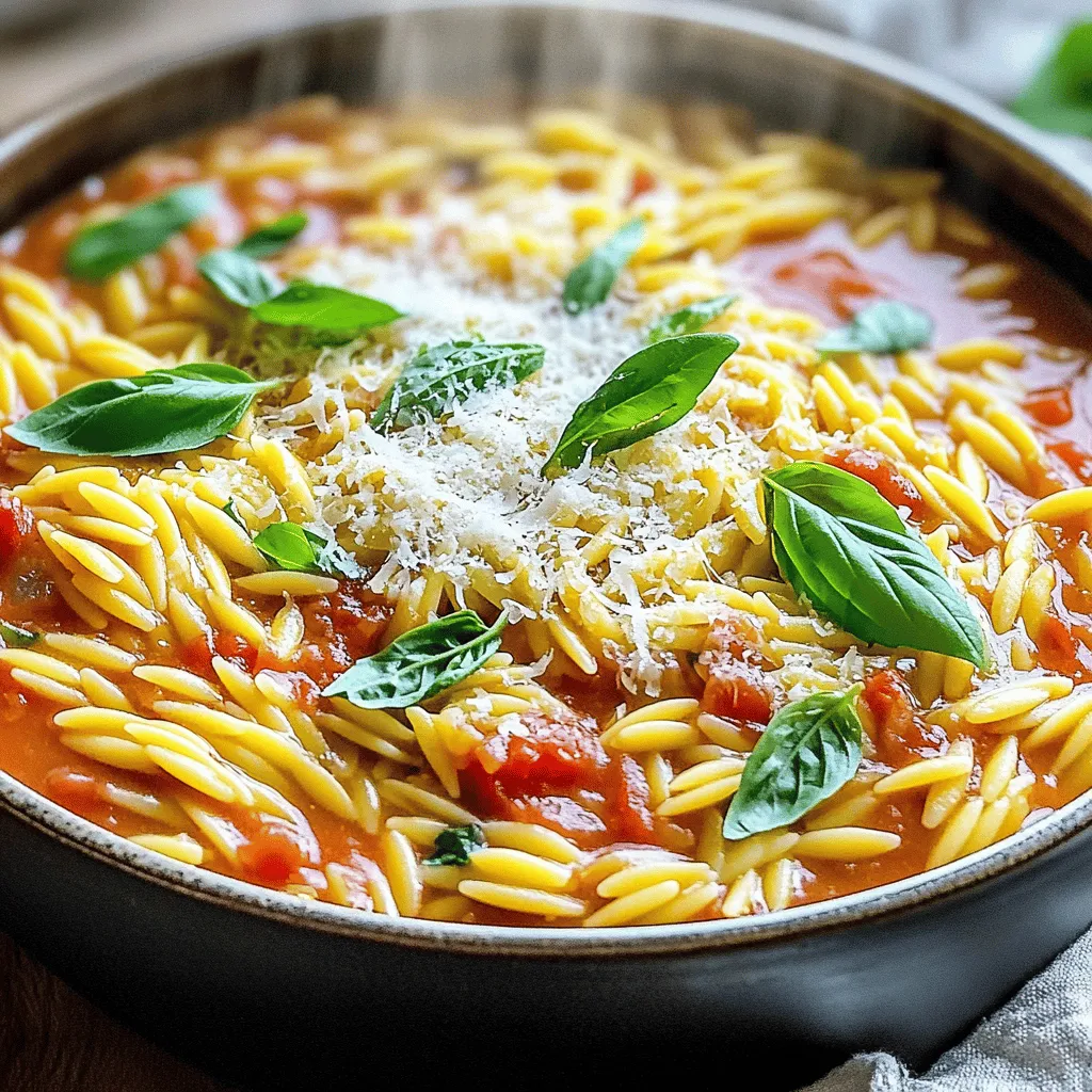 - 1 cup orzo pasta - 2 cups vegetable broth - 1 cup canned crushed tomatoes - 1 cup heavy cream or coconut cream - 1 tablespoon olive oil These core items make up the heart of the dish. The orzo pasta absorbs flavors well. Vegetable broth adds depth and warmth. Crushed tomatoes bring a rich tomato taste. Heavy cream gives the dish its creamy texture, while coconut cream offers a dairy-free choice. - 2 cloves garlic, minced - 1 small onion, diced - 1 teaspoon Italian seasoning - Salt and pepper to taste Garlic and onion enhance the dish's aroma and taste. Italian seasoning adds an herbal kick, making it feel authentic. Don't forget to season with salt and pepper. It can elevate the overall flavor. - ½ cup grated Parmesan cheese or nutritional yeast - Fresh basil leaves for garnish Adding cheese creates a richer flavor. Nutritional yeast is a great vegan choice. Fresh basil leaves not only look nice but also add a burst of freshness. You can adjust these based on your taste and dietary needs. Start by heating 1 tablespoon of olive oil in a large pot over medium heat. Once hot, add the diced onion. Sauté it for about 3-4 minutes, until it turns translucent. This step builds a great flavor base. Next, add 2 cloves of minced garlic and sauté for just 1 minute. Be careful not to burn the garlic, as it can taste bitter. Now, pour in 2 cups of vegetable broth and 1 cup of canned crushed tomatoes. Stir the mixture well to combine. This will create a rich and flavorful liquid for your orzo. Bring your pot to a gentle boil. Once bubbling, add 1 cup of orzo pasta and 1 teaspoon of Italian seasoning. Reduce the heat to medium-low. Let it simmer for about 10-12 minutes. Stir occasionally to prevent the orzo from sticking. You want the orzo to be soft while the liquid absorbs. Once the orzo is cooked, stir in 1 cup of heavy cream or coconut cream. Add ½ cup of grated Parmesan cheese and mix well. The cheese will melt, making the sauce creamy. If the mixture is too thick, add a bit more broth or water to reach your desired consistency. This step ensures every bite is rich and flavorful. After mixing, let the dish sit for a couple of minutes off the heat. This helps it thicken just a bit more. Serve it hot, garnished with fresh basil leaves for extra flavor. To keep your cream from curdling, add it slowly. Stir it in when the pot is off the heat. This way, you heat it gently. If using coconut cream, follow the same steps. To ensure the orzo cooks just right, stir it often. This helps it cook evenly. Keep an eye on it; orzo cooks fast. Test it a minute early to avoid mushiness. For sides, a crisp green salad works wonders. Garlic bread also pairs well. It adds a nice crunch. For garnishes, fresh basil leaves are a must. They add flavor and color. You can also sprinkle extra Parmesan on top for richness. One big mistake is overcooking the orzo. This can turn it into mush. Be sure to check for doneness at about ten minutes. Another mistake is not seasoning enough. Taste your dish while cooking. Adjust with salt and pepper to get that perfect flavor. {{image_2}} For a dairy-free or vegan option, swap heavy cream with coconut cream. This gives you a rich flavor without dairy. You can use nutritional yeast instead of Parmesan cheese. It adds a cheesy taste while keeping it plant-based. If you need a gluten-free alternative, look for gluten-free orzo. Many brands offer this option, so you won’t miss out on texture. Always check the label to ensure it fits your needs. Feel free to get creative with your veggies! You can add spinach, bell peppers, or zucchini. These not only boost nutrition but also add color. Mixing in frozen peas or corn can also provide a nice sweetness. Herbs and spices are a great way to change the flavor. Try fresh parsley or thyme for a different twist. A pinch of smoked paprika can add a nice depth too. Want extra protein? You can easily add cooked chicken, shrimp, or beans. This makes the dish more filling and nutritious. Simply stir them in during the last few minutes of cooking. If you enjoy a little heat, sprinkle in some chili flakes or paprika. This will give the dish a nice kick. Just remember to add a little at a time and taste as you go. To keep your One-Pot Creamy Tomato Orzo fresh, follow these tips: - Refrigeration: Let the dish cool to room temperature. This prevents moisture buildup. - Storage Containers: Use airtight containers. Glass or BPA-free plastic works well. When reheating, you want to keep the creaminess. Here are some methods: - Stovetop Method: Place the orzo in a pan. Add a splash of broth or water. Heat on low, stirring often. - Microwave Method: Use a microwave-safe bowl. Add a little broth or water. Cover and heat in short bursts, stirring in between. Yes, you can freeze this dish! Here’s how: - Freezing: Let it cool completely. Transfer to freezer-safe containers. Leave space for expansion as it freezes. - Thawing: For best results, thaw it overnight in the fridge. Reheat on the stovetop, adding a splash of broth or water to restore creaminess. Yes, you can make this dish ahead of time. Here are some tips for prepping in advance: - Cook the orzo: You can cook the orzo and store it in the fridge. When ready, combine it with the sauce. - Prep ingredients: Chop the onion and garlic in advance. Store them in an airtight container. - Make the sauce: You can prepare the creamy tomato sauce and store it. Just reheat it before mixing with the orzo. - Store separately: Keep the orzo and sauce separate. This keeps the orzo from getting too soft. If you need alternatives for cream, here are some options: - Coconut cream: This gives a rich, creamy texture and is dairy-free. - Cashew cream: Soak cashews and blend them with water for a smooth texture. - Greek yogurt: This adds creaminess and a tangy flavor. - Silken tofu: Blend this until smooth for a dairy-free option. Orzo pasta can be a healthy choice. Here’s some nutritional information and its benefits: - Whole grain options: Look for whole grain orzo for added fiber. - Low in calories: It is lower in calories than many other pasta types. - Rich in carbohydrates: Orzo provides energy for your body. - Versatile: You can pair it with veggies and lean proteins for a balanced meal. In this post, we explored creating a creamy orzo dish. We covered essential ingredients, step-by-step cooking, and tips for the perfect sauce. You learned about storage and variations to suit different diets. Remember, keep the orzo cooked just right and season well. Enjoy garnishing with fresh basil for a burst of flavor. With these tips, you can make a delicious meal that fits your needs, whether you go dairy-free or gluten-free. Try it out, and enjoy your cooking adventure!