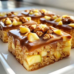 To make caramel apple Rice Krispie treats, you will need: - 4 cups Rice Krispies cereal - 1 cup mini marshmallows - 3 tablespoons unsalted butter - 1 cup caramel sauce (store-bought or homemade) - 1 large apple, peeled and diced (preferably Granny Smith for tartness) - ½ teaspoon cinnamon - ½ cup chopped walnuts or pecans (optional) - ¼ cup chocolate chips (optional, for drizzling on top) You can swap the Rice Krispies with any puffed rice cereal. If you want a nut-free option, skip the walnuts or pecans. You can use any apple you like, but Granny Smith gives the best tart flavor. For a healthier version, use natural caramel sauce made with dates. If you don’t have chocolate chips, melted peanut butter can add a tasty drizzle too. Using high-quality ingredients makes a big difference in taste. Fresh apples have a crisp bite and sweet flavor that enhances the treats. Good caramel sauce, whether homemade or store-bought, adds rich, buttery notes. Always choose unsalted butter to control the saltiness. The best mini marshmallows melt well, giving you a smooth texture. Quality nuts add crunch and depth, while dark chocolate can elevate the overall flavor. Remember, great ingredients lead to great snacks! 1. Start by melting the butter in a large saucepan over low heat. This step is key for a smooth mix. 2. Once the butter melts, add the mini marshmallows. Stir them until they are completely melted and smooth. 3. Remove the pan from heat. Mix in the caramel sauce well until it blends with the marshmallows. 4. Add the Rice Krispies cereal to this mixture. Gently fold it in using a spatula until every piece is coated. 5. Dice the apple and stir it into the mixture along with cinnamon and nuts if you choose to add them. 6. Lightly grease a 9x13-inch baking dish. Pour the mixture in and press it down to create a flat layer. 7. If you like, melt chocolate chips in the microwave. Drizzle this over the pressed treats for extra sweetness. 8. Allow the treats to cool for about 30 minutes at room temperature. This helps them set properly. 9. After cooling, cut them into squares or rectangles for serving. To get the best texture, work quickly when mixing. Marshmallows can cool and harden fast. Make sure to fold gently when adding the Rice Krispies. This keeps them crunchy. If you press too hard, the treats can become too dense. If your treats are too sticky, you may not have used enough butter. This can lead to a messy result. If they are too hard, you might have overcooked the marshmallows. Keep an eye on them while melting. If they don’t set, let them cool longer and try again. To keep your Caramel Apple Rice Krispie Treats fresh, wrap them tightly in plastic wrap. Place them in an airtight container. This will prevent them from getting hard or stale. Store them at room temperature for up to three days. If you want to keep them longer, freeze them. Just make sure to separate layers with parchment paper. These treats shine at parties or as after-school snacks. You can cut them into fun shapes using cookie cutters. Pair them with a scoop of vanilla ice cream for a sweet treat. They also go well with hot apple cider or a warm cup of tea. Kids love them, and adults do too! Want to add a twist? Try adding dried fruit like cranberries or raisins. You can also mix in some shredded coconut for a tropical flair. If you love chocolate, stir in some chocolate chips or drizzle melted chocolate on top. Each of these options gives your treats a new flavor and texture. {{image_2}} You can give your Caramel Apple Rice Krispie Treats a twist with fun flavors. Adding chocolate chips is an easy way to make these treats richer. Just melt some chocolate and drizzle it on top. You can also mix in nuts like walnuts or pecans for extra crunch. This adds flavor and texture, making each bite exciting. If you want a lighter version, try using less butter. You can substitute the butter with coconut oil. This change keeps the taste while reducing fat. Use homemade caramel sauce with less sugar for a healthier option. You can also add more apples. This adds fiber and makes the treat feel fresh and light. You can change these treats to fit the season. In fall, use pumpkin spice instead of cinnamon for a cozy vibe. During the holidays, add crushed peppermint for a festive twist. You can also use dried cranberries or raisins to add color and flavor. These small changes keep your treats fun and exciting all year long! To keep your Caramel Apple Rice Krispie Treats fresh, store them in an airtight container. This keeps air out and moisture in, helping them stay soft. You can layer the treats with parchment paper. This prevents sticking and makes it easy to grab a piece later. Avoid storing them in the fridge. The cold air can make them hard. These treats usually last about a week at room temperature. If you want to keep them longer, freeze them. Wrap each piece in plastic wrap, then place in a freezer bag. They can last up to three months in the freezer. When you want to eat them, just thaw at room temperature for a few hours. If your treats do get a bit hard, you can soften them. Place a piece of wax paper over them and microwave for 10-15 seconds. This helps them regain some of their chewy texture. Just be careful not to overheat, or they could melt. Enjoy your tasty snacks! Yes, you can make these treats ahead of time. Just store them in an airtight container. They stay fresh for about three days at room temperature. For longer storage, put them in the fridge. Just remember, they may get a bit harder. If you want them soft again, let them sit at room temperature for a while before serving. I recommend using Granny Smith apples for this recipe. They are tart and crunchy. Their flavor balances the sweetness of the caramel and marshmallows. If you like sweeter apples, you can try Honeycrisp or Fuji. Just keep in mind that the taste will be sweeter overall. To keep the treats soft, follow a few simple tips. First, do not overcook the marshmallows. Melt them just until smooth. Second, mix in the Rice Krispies gently. If you press too hard, they will get dense. Lastly, store them properly in an airtight container. This keeps moisture in and helps maintain their softness. This blog covered important aspects of making Rice Krispie treats. We explored the best ingredients, tips for great texture, and common troubles. I shared ways to store leftovers and suggested fun variations to try. Remember, ingredient quality truly matters for flavor. Use this guide to enjoy tasty treats that you can make and share with ease. Happy cooking, and may every bite bring you joy!