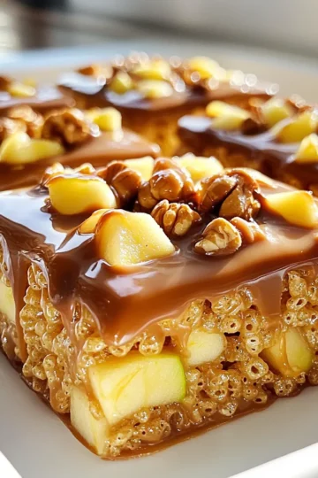 To make caramel apple Rice Krispie treats, you will need: - 4 cups Rice Krispies cereal - 1 cup mini marshmallows - 3 tablespoons unsalted butter - 1 cup caramel sauce (store-bought or homemade) - 1 large apple, peeled and diced (preferably Granny Smith for tartness) - 1/2 teaspoon cinnamon - 1/2 cup chopped walnuts or pecans (optional) - 1/4 cup chocolate chips (optional, for drizzling on top) You can swap the Rice Krispies with any puffed rice cereal. If you want a nut-free option, skip the walnuts or pecans. You can use any apple you like, but Granny Smith gives the best tart flavor. For a healthier version, use natural caramel sauce made with dates. If you don’t have chocolate chips, melted peanut butter can add a tasty drizzle too. Using high-quality ingredients makes a big difference in taste. Fresh apples have a crisp bite and sweet flavor that enhances the treats. Good caramel sauce, whether homemade or store-bought, adds rich, buttery notes. Always choose unsalted butter to control the saltiness. The best mini marshmallows melt well, giving you a smooth texture. Quality nuts add crunch and depth, while dark chocolate can elevate the overall flavor. Remember, great ingredients lead to great snacks! 1. Start by melting the butter in a large saucepan over low heat. This step is key for a smooth mix. 2. Once the butter melts, add the mini marshmallows. Stir them until they are completely melted and smooth. 3. Remove the pan from heat. Mix in the caramel sauce well until it blends with the marshmallows. 4. Add the Rice Krispies cereal to this mixture. Gently fold it in using a spatula until every piece is coated. 5. Dice the apple and stir it into the mixture along with cinnamon and nuts if you choose to add them. 6. Lightly grease a 9x13-inch baking dish. Pour the mixture in and press it down to create a flat layer. 7. If you like, melt chocolate chips in the microwave. Drizzle this over the pressed treats for extra sweetness. 8. Allow the treats to cool for about 30 minutes at room temperature. This helps them set properly. 9. After cooling, cut them into squares or rectangles for serving. To get the best texture, work quickly when mixing. Marshmallows can cool and harden fast. Make sure to fold gently when adding the Rice Krispies. This keeps them crunchy. If you press too hard, the treats can become too dense. If your treats are too sticky, you may not have used enough butter. This can lead to a messy result. If they are too hard, you might have overcooked the marshmallows. Keep an eye on them while melting. If they don’t set, let them cool longer and try again. To keep your Caramel Apple Rice Krispie Treats fresh, wrap them tightly in plastic wrap. Place them in an airtight container. This will prevent them from getting hard or stale. Store them at room temperature for up to three days. If you want to keep them longer, freeze them. Just make sure to separate layers with parchment paper. These treats shine at parties or as after-school snacks. You can cut them into fun shapes using cookie cutters. Pair them with a scoop of vanilla ice cream for a sweet treat. They also go well with hot apple cider or a warm cup of tea. Kids love them, and adults do too! Want to add a twist? Try adding dried fruit like cranberries or raisins. You can also mix in some shredded coconut for a tropical flair. If you love chocolate, stir in some chocolate chips or drizzle melted chocolate on top. Each of these options gives your treats a new flavor and texture. {{image_2}} You can give your Caramel Apple Rice Krispie Treats a twist with fun flavors. Adding chocolate chips is an easy way to make these treats richer. Just melt some chocolate and drizzle it on top. You can also mix in nuts like walnuts or pecans for extra crunch. This adds flavor and texture, making each bite exciting. If you want a lighter version, try using less butter. You can substitute the butter with coconut oil. This change keeps the taste while reducing fat. Use homemade caramel sauce with less sugar for a healthier option. You can also add more apples. This adds fiber and makes the treat feel fresh and light. You can change these treats to fit the season. In fall, use pumpkin spice instead of cinnamon for a cozy vibe. During the holidays, add crushed peppermint for a festive twist. You can also use dried cranberries or raisins to add color and flavor. These small changes keep your treats fun and exciting all year long! To keep your Caramel Apple Rice Krispie Treats fresh, store them in an airtight container. This keeps air out and moisture in, helping them stay soft. You can layer the treats with parchment paper. This prevents sticking and makes it easy to grab a piece later. Avoid storing them in the fridge. The cold air can make them hard. These treats usually last about a week at room temperature. If you want to keep them longer, freeze them. Wrap each piece in plastic wrap, then place in a freezer bag. They can last up to three months in the freezer. When you want to eat them, just thaw at room temperature for a few hours. If your treats do get a bit hard, you can soften them. Place a piece of wax paper over them and microwave for 10-15 seconds. This helps them regain some of their chewy texture. Just be careful not to overheat, or they could melt. Enjoy your tasty snacks! Yes, you can make these treats ahead of time. Just store them in an airtight container. They stay fresh for about three days at room temperature. For longer storage, put them in the fridge. Just remember, they may get a bit harder. If you want them soft again, let them sit at room temperature for a while before serving. I recommend using Granny Smith apples for this recipe. They are tart and crunchy. Their flavor balances the sweetness of the caramel and marshmallows. If you like sweeter apples, you can try Honeycrisp or Fuji. Just keep in mind that the taste will be sweeter overall. To keep the treats soft, follow a few simple tips. First, do not overcook the marshmallows. Melt them just until smooth. Second, mix in the Rice Krispies gently. If you press too hard, they will get dense. Lastly, store them properly in an airtight container. This keeps moisture in and helps maintain their softness. This blog covered important aspects of making Rice Krispie treats. We explored the best ingredients, tips for great texture, and common troubles. I shared ways to store leftovers and suggested fun variations to try. Remember, ingredient quality truly matters for flavor. Use this guide to enjoy tasty treats that you can make and share with ease. Happy cooking, and may every bite bring you joy!