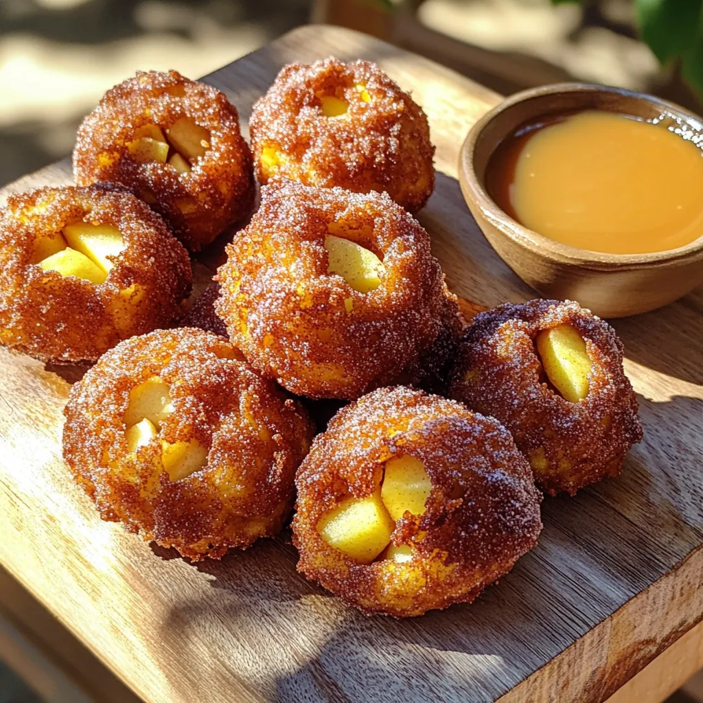 - Apples: Use Granny Smith or Honeycrisp. They add a nice tartness. - Dry ingredients: Combine 1 cup of all-purpose flour, ½ cup sugar, 1 teaspoon baking powder, ½ teaspoon salt, and 1 teaspoon ground cinnamon. These create a great base. - Wet ingredients: Mix in ½ cup milk, 1 large egg, and 1 teaspoon vanilla extract. They bring moisture and flavor. - Additional ingredients: Use oil for frying. You will also need ½ cup powdered sugar for a sweet glaze. These ingredients come together to make a tasty treat. The apples give a fresh taste, while the spices add warmth. The sugar coating makes them irresistible. 1. Combining dry ingredients in a medium bowl Grab a medium bowl. Add 1 cup of flour, ½ cup of sugar, 1 teaspoon of baking powder, ½ teaspoon of salt, and 1 teaspoon of ground cinnamon. Mix them well with a whisk. 2. Whisking wet ingredients in a separate bowl In another bowl, pour in ½ cup of milk. Crack in 1 large egg and add 1 teaspoon of vanilla extract. Whisk until everything is well combined. 3. Mixing together wet and dry ingredients Now, pour the wet mix into the dry mix. Stir gently until just combined. You don’t want to overmix. Fold in the diced apples, making sure they’re evenly spread in the batter. 1. Heating oil in a frying pan Heat about 2 inches of oil in a deep skillet or frying pan. Use medium heat until the oil reaches around 350°F (175°C). 2. Dropping batter into hot oil Using a spoon or small scoop, drop the batter by tablespoonfuls into the hot oil. Make sure not to overcrowd the pan. 3. Frying time and process for achieving golden brown fritters Fry each fritter for about 2-3 minutes on each side. You want them golden brown. Keep an eye on them to ensure they don’t burn. 1. Draining excess oil from fritters Once golden brown, use a slotted spoon to remove the fritters from the oil. Place them on a plate lined with paper towels to drain off any excess oil. 2. Coating warm fritters in cinnamon sugar While the fritters are still warm, mix extra sugar and ground cinnamon in a shallow dish. Roll each fritter in this cinnamon sugar to coat them evenly. To make the best fritters, you need the right batter. Start by mixing the dry ingredients well. This helps the baking powder work its magic. When you add the wet mix, stir gently. You want a thick but smooth batter. If it's too runny, your fritters won’t hold their shape. Frying needs some care. Do not overcrowd the pan. If you add too many, the oil cools down. This leads to soggy fritters. Fry only a few at a time. Each fritter needs space to cook evenly. For golden-brown fritters, keep an eye on the color. Flip them when they turn golden. Each side needs about 2-3 minutes. Use a slotted spoon to remove them. Let them drain on paper towels. This keeps them crisp. Serving fritters is fun! Place them warm on a rustic board. Dust them with extra cinnamon sugar for a nice look. You can also add a small bowl of caramel sauce. This gives a sweet dip that everyone loves. For garnishing, think about fresh fruit or extra cinnamon. A sprinkle of powdered sugar adds a nice touch too. Make your plate look tempting. The more inviting your fritters, the more people will want to try them! {{image_2}} You can make your cinnamon sugar apple fritters even better with a few simple tweaks. Try adding spices like nutmeg or cardamom. These spices add warmth and depth to your fritters. Just a pinch can change the whole taste! You can also add nuts or raisins to the batter. Chopped walnuts or pecans give a nice crunch. They blend well with the soft apples. Adding raisins can bring a sweet chewiness. This makes every bite exciting. If you need a gluten-free option, use almond or coconut flour. These flours work well and keep the fritters tasty. You might need to adjust the liquid a bit, so keep an eye on the batter’s thickness. For a dairy-free choice, replace milk with almond or oat milk. These milks are easy to find and add a subtle flavor. They work perfectly in this recipe without losing the yummy taste. To store leftover fritters, let them cool first. Place them in an airtight container. If you want to keep them at room temperature, they will last about one day. For longer storage, move them to the fridge. In the fridge, they can stay fresh for up to three days. Just remember to separate layers with parchment paper. This keeps the fritters from sticking together. To reheat fritters, use an oven for the best results. Preheat your oven to 350°F (175°C). Place the fritters on a baking sheet lined with parchment paper. Bake for about five to seven minutes. This will make them warm and crispy again. You can also use an air fryer for a quicker method. Set it to 350°F (175°C) and heat for about three minutes. Avoid using a microwave, as it can make them soggy. Enjoy your fritters fresh and crispy! Can I make the batter ahead of time? Yes, you can prepare the batter in advance. Just store it in the fridge. Use it within 24 hours for the best taste and texture. What type of oil is best for frying? I recommend using vegetable oil or canola oil. Both oils have high smoke points, which makes them ideal for frying. Avoid oils with strong flavors, like olive oil. How do I know when the oil is hot enough? To check if the oil is ready, drop a small amount of batter into it. If it sizzles and rises to the top, the oil is hot enough. You can also use a thermometer to reach about 350°F (175°C). Are these fritters freezable? How to freeze them properly? Yes, you can freeze these fritters. Let them cool completely, then place them in a single layer on a baking sheet. Freeze until firm, then transfer to a freezer bag. They will last for about two months. To reheat, bake them in the oven at 350°F (175°C) until warm and crispy. You now have everything needed to make and enjoy delicious fritters. We covered key ingredients, like apples and dry components, along with simple steps for frying. Helpful tips will ensure your fritters turn out just right. Don’t forget the fun variations to explore flavors and textures. Lastly, I shared how to store and reheat any leftovers. Get started, and enjoy each crispy bite. You'll love making these fritters again and again!