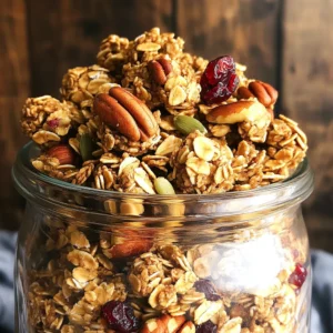 To make the best Maple Pecan Granola Clusters, gather these simple ingredients: - 2 cups rolled oats - 1 cup chopped pecans - ½ cup almond slivers - ¼ cup sunflower seeds - ¼ cup pumpkin seeds - ½ cup maple syrup - ¼ cup melted coconut oil - 1 teaspoon vanilla extract - 1 teaspoon cinnamon - ½ teaspoon salt - Optional: ½ cup dried cranberries or raisins These ingredients create a tasty mix of flavors and textures. The oats serve as a hearty base, while the nuts add crunch. Maple syrup gives a sweet touch, and coconut oil helps everything stick together. Adding dried fruit makes it even better. This granola is not just for breakfast; you can snack on it anytime! - Preheat your oven to 350°F (175°C). Line a large baking sheet with parchment paper. - In a large mixing bowl, combine 2 cups of rolled oats, 1 cup of chopped pecans, ½ cup of almond slivers, ¼ cup of sunflower seeds, and ¼ cup of pumpkin seeds. Mix well. - In a separate bowl, whisk together ½ cup of maple syrup, ¼ cup of melted coconut oil, 1 teaspoon of vanilla extract, 1 teaspoon of cinnamon, and ½ teaspoon of salt until smooth. - Pour the wet mixture over the dry ingredients and stir until everything is evenly coated. - Spread the granola mixture onto the prepared baking sheet in an even layer. Press it down firmly to help form clusters. - Bake in the preheated oven for 20-25 minutes, or until golden brown. Stir halfway through to ensure even baking. - Once baked, remove from the oven and let it cool completely on the baking sheet. As it cools, it will harden and form clusters. To get those lovely clusters, press the granola down firmly before baking. This helps the pieces stick together. You want to create a solid base. Pressing makes all the difference in your final result. Watch the baking time closely. I bake my granola for 20 to 25 minutes. Stir halfway through to ensure even cooking. If you see brown edges, pull it out. You want golden brown, not burnt. Granola clusters shine when paired with yogurt and fruits. Try serving them with creamy yogurt and fresh berries. This mix adds flavor and fun textures to your breakfast. For a beautiful display, place the granola in clear glass jars. The colors of the nuts and oats look great. Plus, it makes a nice snack ready to grab. Enjoy them by the handful anytime! {{image_2}} You can change the nuts and seeds in your granola. Try using walnuts or hazelnuts. Each nut gives a different flavor. Sunflower and pumpkin seeds add crunch too. You can mix and match for fun! Adding flavored extracts or spices can change the taste. Try almond extract for a sweet touch. You could also add nutmeg for warmth. Just a little can make a big difference! If you want to make the granola gluten-free, use certified gluten-free oats. They taste just as good, and you won’t lose flavor. For vegan modifications, swap the honey or maple syrup with agave nectar. Instead of coconut oil, use a plant-based oil like canola. This keeps your granola tasty and plant-based! To keep your Maple Pecan Granola Clusters fresh, use airtight containers. Glass jars work well. You can also use plastic containers that seal tightly. Store them in a cool, dry place. Avoid areas with heat or humidity, like near the stove. These granola clusters stay fresh for about two weeks. If you want to keep them longer, consider freezing. To freeze, place them in a freezer-safe bag. Remove as much air as possible before sealing. They can last up to three months in the freezer. When ready to eat, let them thaw at room temperature. Enjoy their crunch whenever you want! To make granola clusters stick well, you need to press the mixture down firmly on the baking sheet. This helps it form solid clumps while baking. The warm mixture also needs enough binding agents, like maple syrup and coconut oil. These ingredients help everything stick together as it cools. Yes, you can use other sweeteners. Honey or agave syrup works well. However, keep in mind that these sweeteners may change the flavor and texture slightly. Maple syrup gives a unique taste that many enjoy. Choose what suits your taste best! Yes, Maple Pecan Granola Clusters can be healthy. They contain whole grains, nuts, and seeds. These ingredients offer fiber, healthy fats, and protein. Be mindful of portion sizes, as they can be high in calories. The natural sweetener is a better choice compared to refined sugars. You can find premade granola clusters at most grocery stores. Look in the cereal or snack aisle. Many brands offer various flavors and options. Health food stores and online shops also carry them. Check the labels for ingredients and nutritional info to find the best fit for you. In this post, we explored making Maple Pecan Granola Clusters. We covered the easy ingredients, step-by-step instructions, and helpful tips. These clusters are simple to customize and can fit various diets. Storing them well keeps your snack fresh and tasty. Enjoy them with yogurt or on their own. You now have all you need to make a delicious treat that everyone will love. Get creative and make this recipe your own!