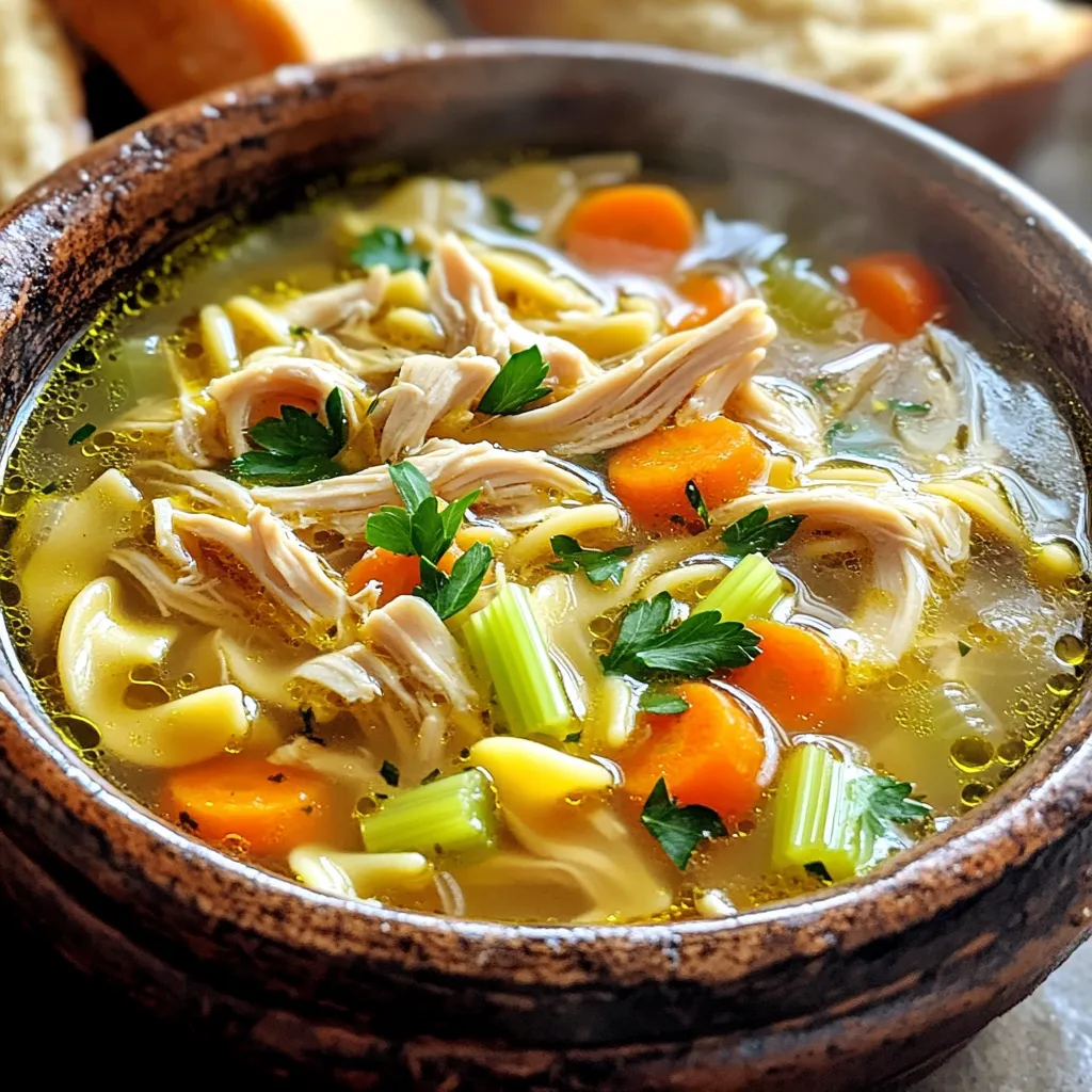 For this hearty chicken noodle soup, you'll need: - 1 pound boneless, skinless chicken breasts - 4 cups low-sodium chicken broth - 2 cups water - 2 cups carrots, sliced - 2 cups celery, diced - 1 medium onion, chopped - 3 cloves garlic, minced - 1 teaspoon dried thyme - 1 teaspoon dried parsley - 1 teaspoon black pepper - 1 bay leaf - 8 ounces egg noodles - 2 tablespoons olive oil - Salt to taste These ingredients work together to create a warm and filling dish. You can add your own twist to the soup with these options: - Fresh parsley for garnish - Lemon juice for a bright flavor - A dash of hot sauce for heat - Kale or spinach for extra greens - Different herbs like rosemary or oregano Feel free to mix and match these ingredients to suit your taste. If you're missing an item, here are some easy swaps: - Chicken breasts can be replaced with thighs for more flavor. - Use vegetable broth instead of chicken broth for a vegetarian option. - If you have frozen carrots or celery, they work well too. - Wide noodles or even rice can replace egg noodles. - Olive oil can be swapped with butter for a richer taste. These substitutions can help you make the soup even if you run low on ingredients. Enjoy crafting your perfect bowl! First, get your slow cooker ready. Add 2 tablespoons of olive oil to the pot. Next, chop 1 medium onion and mince 3 cloves of garlic. Toss them in the slow cooker. Now, slice 2 cups of carrots and dice 2 cups of celery. Add these to the pot, too. Stir the veggies well to mix them. This step builds a great base for your soup. Now, we need the star of the show: chicken. Take 1 pound of boneless, skinless chicken breasts. Place them on top of the veggies. Then, pour in 4 cups of low-sodium chicken broth. Add 2 cups of water next, covering everything completely. This makes sure the chicken stays moist and tender. Now, it's time to spice things up. Add 1 teaspoon each of dried thyme, dried parsley, and black pepper. Toss in 1 bay leaf for extra flavor. Stir gently to mix in the spices. Cover your slow cooker. You can cook on low for 6 to 8 hours or on high for 3 to 4 hours. I recommend low heat for deeper flavors. You’ll know it’s done when the chicken is tender. After cooking, take out the chicken. Shred it with two forks and return it to the pot. Next, add 8 ounces of egg noodles to the soup. Cover the slow cooker again. Cook on high for an additional 20 to 30 minutes until the noodles are al dente. Taste your soup and adjust the salt as needed. Don’t forget to remove the bay leaf! To boost the flavor of your hearty chicken noodle soup, use low-sodium broth. This gives you control over the salt level. Adding fresh herbs like thyme and parsley really brightens the dish. Sautéing the onion and garlic in olive oil before adding them to the slow cooker adds depth. The bay leaf brings a lovely aroma. Let the soup cook low and slow for rich, deep flavors. Shredding chicken can be simple. After cooking, let the chicken rest for a few minutes. This keeps it juicy. Use two forks to pull apart the chicken. You can also use your hands for a more personal touch. Shred it into bite-sized pieces so it mixes well with the soup. This step makes the soup feel hearty and filling. To get the best texture from your noodles, add them at the right time. Wait until the chicken is shredded and returned to the pot. Cook the noodles on high for 20 to 30 minutes. This timing keeps them al dente, not mushy. If you want extra bite, try adding a few more noodles. They soak up flavor and add heartiness to each bowl. {{image_2}} To make a creamy version, add one cup of heavy cream at the end. Stir it in after you add the noodles. This gives the soup a rich and smooth taste. You can also use half-and-half for a lighter option. The creaminess pairs well with the chicken and veggies. It turns the soup into a cozy treat. You can add many vegetables for more nutrition. Try adding peas, corn, or spinach. These veggies cook quickly and add color. Chop them small so they blend well. You can toss them in during the last 30 minutes of cooking. They will keep their crunch and flavor. This is a great way to sneak in healthy greens. For a gluten-free version, swap egg noodles for rice or gluten-free pasta. Brown rice takes longer to cook, so add it early. If using gluten-free pasta, check the package for cooking time. You might need to add them later to avoid mushiness. Always check labels to ensure all ingredients are gluten-free. This way, everyone can enjoy the soup without worries. After you enjoy your hearty chicken noodle soup, let it cool first. Use an airtight container for storage. This helps keep the soup fresh. Store it in the fridge for up to three days. If you want to save it longer, consider freezing it. To reheat, pour the soup into a pot. Heat it over medium heat. Stir often until it warms through. You can also use a microwave. Pour the soup into a safe bowl, cover it, and heat for about two minutes. Stir and check if it’s hot enough. To freeze, first cool the soup completely. Then, pour it into freezer-safe bags or containers. Leave some space at the top, as the soup may expand. Label each bag with the date. You can freeze it for up to three months. When ready to eat, thaw it overnight in the fridge before reheating. Yes, you can use frozen chicken. Just add it directly to the slow cooker. You may need to increase the cooking time by one hour. Always make sure the chicken reaches 165°F to ensure it is safe to eat. Using frozen chicken works well because it simmers in the broth, keeping it moist and tender. To thicken your soup, you have a few options. One way is to add a cornstarch slurry. Mix one tablespoon of cornstarch with one tablespoon of cold water. Stir this mix into the soup and let it cook for a few more minutes. You can also add more egg noodles or mash some of the vegetables in the soup. This adds body and richness to the dish without changing the flavor too much. Pairing side dishes with chicken noodle soup is easy! Here are some great options: - Crusty bread or rolls for dipping - A fresh green salad for a light touch - Grilled cheese sandwiches for a classic combo - Crackers for a crunchy texture These sides enhance the soup and make the meal feel complete. Enjoy experimenting with these combinations! This blog post covered all you need to know for making chicken noodle soup. We looked at ingredients, how to cook, and added helpful tips. I shared ways to personalize your soup and even offered storage advice. Now you have the skills to create a warm bowl of goodness any time! Enjoy the process and share it with others. Soup brings comfort and joy, so let's get cooking!