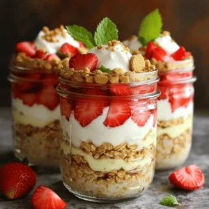 - 1 cup rolled oats - 1 cup almond milk (or milk of choice) - ½ cup Greek yogurt (plain or vanilla) - ½ cup cream cheese, softened - 2 tablespoons maple syrup or honey - 1 teaspoon vanilla extract - ½ cup strawberries, diced - 2 tablespoons chia seeds - Crushed graham crackers - Fresh strawberries - Whipped cream To make Strawberry Cheesecake Overnight Oats, gather these simple ingredients. Start with rolled oats as the base. They give your dish that hearty texture. Next, choose almond milk or any milk you like. This adds creaminess. Greek yogurt brings a nice tang and packs in protein. Softened cream cheese gives it that cheesecake goodness. Sweeten with maple syrup or honey for just the right touch. Vanilla extract adds a warm flavor, making it feel special. Fresh strawberries bring sweetness and color. Finally, chia seeds not only add nutrition but also help thicken the mix. If you're feeling fancy, think about toppings. Crushed graham crackers add crunch. Fresh strawberries on top look great and taste amazing. A dollop of whipped cream can turn this into a treat. With these ingredients, you can create a delightful breakfast or snack that feels like dessert! To start, you need to mix the oats with the liquids and other ingredients. In a medium bowl, combine: - 1 cup rolled oats - 1 cup almond milk (or milk of choice) - ½ cup Greek yogurt (plain or vanilla) - ½ cup cream cheese, softened - 2 tablespoons maple syrup or honey - 1 teaspoon vanilla extract - 2 tablespoons chia seeds Stir these together until everything is well blended. This mix should feel creamy. Next, gently fold in the diced strawberries, ensuring they spread evenly throughout the mixture. Now, it’s time to divide the mixture into jars. Use two mason jars or airtight containers. Fill them evenly, leaving a bit of space at the top. Seal each jar tightly. Place them in the refrigerator to chill for at least four hours or overnight. This allows the oats to soak and soften. When you are ready to enjoy your oats, take them out of the fridge. Give each jar a good stir to combine the ingredients. You can adjust the sweetness by adding more maple syrup or honey if you like. If the oats are too thick for your taste, just add a splash of milk to reach your desired consistency. For a fun finish, top each serving with: - Crushed graham crackers - Fresh strawberry slices - A dollop of whipped cream Serve these in clear jars to show off the colorful layers. Enjoy every spoonful of this delicious treat! To keep your oats from becoming mushy, use rolled oats. They soak up just the right amount of liquid. Also, avoid adding too much liquid at once. Start with the recipe's measurements and adjust later. If you want a sweeter taste, add more maple syrup or honey to suit your liking. Taste before serving to get it just right. If you're looking for alternative sweeteners, try agave nectar or stevia. They can give a nice twist and lower the calorie count. For yogurt, Greek yogurt is thick and creamy, but you can also use regular yogurt. Vanilla yogurt adds extra flavor that pairs well with strawberries, making it a tasty choice. Serving your overnight oats in clear jars makes them look lovely. You can see the layers and the bright red strawberries. For a fun touch, sprinkle crushed graham crackers on top. Fresh strawberry slices and a dollop of whipped cream can make your dish pop even more. A mint leaf also adds a fresh look to your tasty treat. {{image_2}} You can easily change the fruit in your overnight oats. Try swapping strawberries for other berries like blueberries, raspberries, or blackberries. Each berry adds its own unique flavor and color. You can also add bananas or peaches. Sliced bananas bring a creamy texture, while peaches add a sweet, juicy burst. If you need dairy-free options, choose almond milk or coconut yogurt. These swaps keep the creaminess without dairy. For those watching sugar, use less maple syrup or honey. You can also try using stevia or monk fruit sweetener to keep the taste sweet but low in sugar. To mix things up, consider adding chocolate or nut butter. Chocolate chips give a rich taste, while almond or peanut butter adds protein and creaminess. You can also infuse your oats with spices like cinnamon or nutmeg. These spices add warmth and depth to your dish, making it even more exciting. Store your strawberry cheesecake overnight oats in airtight containers. This keeps them fresh and tasty. I recommend using mason jars for easy storage. They are clear, so you can see the beautiful layers. For the best flavor, eat them within three to five days. You can freeze your overnight oats if you want to save some for later. To freeze, simply place the jars in the freezer. Make sure to leave some space at the top. This allows room for the oats to expand. When you want to eat them, take the oats out and let them thaw in the fridge overnight. You can also use the microwave for quick thawing. If you prefer warm oats, you can reheat them. The best way is to use the microwave. Heat in short bursts, stirring in between. This helps avoid hot spots. If the texture is too thick after freezing, add a splash of milk. Stir it well to ensure a creamy finish. Enjoy your delicious strawberry cheesecake oats! Strawberry Cheesecake Overnight Oats last about 3 to 5 days in the fridge. After you make them, store them in airtight containers. They stay fresh and tasty during this time. Keep an eye on the strawberries. If they start to look mushy, it's best to toss the oats. Yes, you can prepare overnight oats for meal prep! This recipe is great for making in bulk. You can double or triple the recipe to have enough for the week. Store each serving in a jar. Just remember to add fresh toppings like strawberries or whipped cream before eating. This keeps them fresh and tasty. This recipe has many good nutrients. Each serving has about 320 calories. You get protein from Greek yogurt and cream cheese. The oats provide fiber, helping with digestion. Chia seeds add healthy fats and more fiber. Overall, these oats are filling and nutritious. Enjoy them as a healthy breakfast or snack! This blog post covered a delicious recipe for Strawberry Cheesecake Overnight Oats. You learned about key ingredients, like oats, yogurt, and strawberries. I provided easy steps to prepare, store, and serve your oats. You also discovered tips for flavor and texture. Remember, you can customize these oats to fit your taste. Keep it fun, fresh, and tasty! Enjoy your breakfast with confidence, knowing you can make it your way.