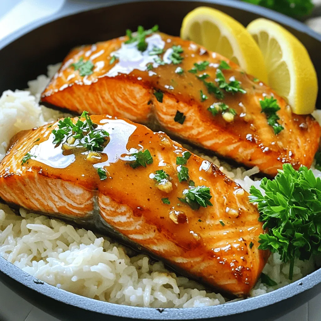 - 4 salmon fillets (skinless) - ¼ cup honey - 4 cloves garlic, minced - 2 tablespoons soy sauce (low sodium) - 1 tablespoon rice vinegar - 1 tablespoon olive oil - Salt and pepper to taste - ½ teaspoon red pepper flakes (optional for spice) - Fresh parsley, chopped (for garnish) - Lemon wedges (for serving) To make honey garlic salmon, gather your ingredients. The key player is the salmon. I use skinless fillets for a tender bite. Honey adds sweetness, while garlic gives it a nice kick. Soy sauce adds depth, and rice vinegar gives a slight tang. Olive oil keeps the salmon moist while cooking. Salt and pepper enhance all the flavors. If you like spice, add red pepper flakes for a little heat. Chop fresh parsley for garnish to brighten your dish. Serve with lemon wedges on the side for a zesty touch. This mix of ingredients creates a dish that is both easy and flavorful. First, grab a small bowl. Mix together the following: - ¼ cup honey - 4 cloves garlic, minced - 2 tablespoons soy sauce - 1 tablespoon rice vinegar - ½ teaspoon red pepper flakes (optional) Stir well until all the ingredients blend together. Set this marinade aside for later. Take your 4 salmon fillets and pat them dry with paper towels. This step helps the skin crisp up. Next, season both sides with salt and pepper. This adds flavor. Heat 1 tablespoon of olive oil in a large skillet over medium heat. Once the oil is hot, carefully place the salmon fillets in the skillet. Cook them for about 4-5 minutes until they turn golden brown. Now, flip the fillets gently. Pour the honey garlic mixture over the salmon. Let the sauce sizzle and cook for another 3-5 minutes. Spoon the sauce over the fillets while they cook. You’ll know they’re done when the salmon flakes easily with a fork. Remove the salmon from the skillet and let it rest for a minute. Pour any leftover sauce from the skillet over the fillets. This gives them a nice glaze. Garnish with fresh chopped parsley and serve with lemon wedges on the side for a zesty kick. - The best cooking temperature for salmon is medium heat. This helps cook it evenly. - To avoid overcooking salmon, use a timer. Cook it for about 4-5 minutes per side. The salmon should flake easily when done. - Serve the salmon on a bed of steamed rice for a nice look. You can also pair it with sautéed vegetables. - For garnishing, sprinkle fresh parsley on top. Add lemon wedges on the side for a zesty touch. - To elevate the dish, try adding dill or thyme. These herbs pair well with salmon. - Balance sweetness and saltiness by using low-sodium soy sauce. This keeps the flavors bright without overpowering the dish. {{image_2}} You can switch salmon for chicken or shrimp. For chicken, use skinless breasts. Cut them into thin pieces to cook faster. Marinate the chicken like you do with salmon. Cook until golden and safe to eat. For shrimp, use large, peeled shrimp. Add them to the pan after the sauce. Cook for 3-4 minutes until they turn pink. Both options give you a tasty twist! Try adding seasonal veggies or fruits. In spring, use asparagus or snap peas. Toss them in the pan with salmon. In summer, add zucchini or bell peppers for a fresh touch. Fall brings sweet potatoes or Brussels sprouts, while winter calls for hearty greens like kale. You can even add sliced apples or pears for sweetness. These changes make your dish colorful and fun! You can easily change the marinade for special diets. For a gluten-free version, use tamari instead of soy sauce. If you want low-carb, skip the honey or use a sugar substitute. You can add more garlic for a bold flavor or some ginger for a spicy kick. Adjusting the marinade means everyone can enjoy this dish! To store leftover salmon in the fridge, let it cool first. Place the fillets in an airtight container. This keeps them fresh for up to three days. If you want to keep the glaze, pour some over the salmon before sealing. This helps maintain flavor. To freeze cooked salmon with honey garlic glaze, wrap each fillet in plastic wrap. Then, place them in a freezer bag. Remove as much air as possible to avoid freezer burn. Frozen salmon can last for up to three months. When ready to eat, thaw it in the fridge overnight. For reheating, the oven works best to keep the salmon moist. Preheat your oven to 350°F (175°C). Place the salmon on a baking sheet and cover it with foil. Heat for about 10-15 minutes. If you're in a hurry, use the microwave. Heat in short bursts, checking often to avoid overcooking. You can pair Honey Garlic Salmon with many side dishes. Here are some great options: - Steamed rice - Sautéed vegetables - Quinoa salad - Mashed potatoes - Roasted asparagus These sides bring out the sweet and savory flavors of the salmon. Fresh herbs like parsley also add color and taste. Yes, you can marinate salmon ahead of time. Marinating for at least 30 minutes works well. For deeper flavor, try marinating overnight. Keep the salmon in the fridge during this time. Just remember to pat it dry before cooking. This keeps the skin nice and crispy if you use skin-on fillets. To check if salmon is cooked, look for these signs: - The color changes from bright pink to opaque. - It flakes easily with a fork. - The internal temperature reaches 145°F (63°C). Cooking time usually takes about 7-10 minutes in total. Keep an eye on it to avoid overcooking. Yes, this recipe is great for meal prep! Here are some tips: - Cook multiple salmon fillets at once. - Store leftovers in airtight containers in the fridge. - Pair with your favorite sides for easy meals. You can enjoy this dish all week without losing flavor. This blog post showed how to make honey garlic salmon. We explored the simple ingredients needed. I shared step-by-step cooking instructions and tips for perfecting your dish. You learned about variations and storage methods to keep leftovers fresh. Experiment with sides and flavors to make it your own. Remember, cooking can be fun and creative! Enjoy your homemade honey garlic salmon.