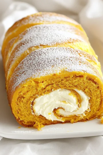 To create the pumpkin cream cheese roll, you'll need these key ingredients: - 3/4 cup all-purpose flour - 1/2 teaspoon baking powder - 1 teaspoon baking soda - 1 teaspoon ground cinnamon - 1/2 teaspoon ground nutmeg - 1/4 teaspoon ground ginger - 1/4 teaspoon salt - 1 cup granulated sugar - 3 large eggs - 1 cup canned pumpkin puree - 1 teaspoon vanilla extract - 8 oz cream cheese, softened - 1/4 cup unsalted butter, softened - 2 cups powdered sugar - 1 teaspoon vanilla extract (for the frosting) You can add your twist to this recipe with these optional ingredients: - Chopped nuts like walnuts or pecans for crunch - Chocolate chips for a sweet surprise - A splash of maple syrup for added flavor - Cream cheese with herbs for a savory twist If you run out of an ingredient, here are some swaps: - Use whole wheat flour instead of all-purpose flour for a healthier option. - Replace granulated sugar with coconut sugar for a lower glycemic index. - If you have no cream cheese, Greek yogurt can work in a pinch. - Swap eggs with flaxseed meal mixed with water for a vegan option. These ingredients help you make a great pumpkin cream cheese roll. Each option brings its taste and flair to this delightful dessert. First, set your oven to 375°F (190°C). Grab a 15x10-inch jelly roll pan. Line it with parchment paper. Lightly grease the paper with non-stick spray. This helps the cake release easily. In a medium bowl, whisk together flour, baking powder, baking soda, cinnamon, nutmeg, ginger, and salt. Mix well and set the bowl aside. This mix gives the cake its warm fall flavor. In a large bowl, beat the sugar and eggs until light and fluffy. This takes about 3-4 minutes. Next, add the pumpkin puree and 1 teaspoon of vanilla. Mix until everything combines well. Gradually fold in the dry ingredients. Be gentle; don't overmix. Pour the batter into your prepared pan. Spread it evenly with a spatula. Bake for 15 minutes. Check if it's done by lightly pressing the cake. It should spring back. While the cake bakes, prepare the filling. In a medium bowl, beat the softened cream cheese and butter until smooth. Slowly add powdered sugar and 1 teaspoon of vanilla. Mix until creamy and well combined. Once the cake is done, carefully flip it onto a clean kitchen towel dusted with powdered sugar. Remove the parchment paper. Start at one end and gently roll the cake with the towel. Let it cool completely in this rolled shape. After cooling, unroll the cake carefully. Spread the cream cheese filling evenly over the cake. Roll the cake back up without the towel. Keep the seam side down. Wrap it in plastic wrap and chill for at least one hour. When ready, slice the roll into pieces. Dust with more powdered sugar if you like. Serve it on a pretty platter with a sprinkle of cinnamon or fresh mint leaves for a nice touch. Enjoy this delightful fall treat! To keep your pumpkin cream cheese roll from cracking, follow these steps: - Use Parchment Paper: Line your pan with parchment paper. This helps the cake slide out easily. - Cool on a Towel: After baking, flip the cake onto a clean, powdered sugar-dusted towel. This helps keep it moist. - Roll While Warm: Roll the cake while it’s still warm. This makes it flexible and less likely to crack. If cracks do happen, don’t worry! You can hide them with frosting later. The texture of your roll is key for a great dessert. Here’s how to get it right: - Mix Gently: When adding dry ingredients, fold them in slowly. Overmixing makes the cake tough. - Check for Doneness: Bake until the cake springs back. If it’s too soft, it won’t hold its shape. - Cool Completely: Allow the cake to cool fully before adding the cream cheese filling. This prevents melting and sogginess in the filling. These steps ensure your roll is soft and fluffy, just like it should be. Getting your ingredients ready helps your baking go smoothly: - Room Temperature Ingredients: Use eggs and cream cheese at room temperature. This helps them blend better. - Measure Accurately: Use a kitchen scale or measuring cups for precise amounts. Baking is a science. - Sift Dry Ingredients: Sifting the flour and spices removes lumps. It also adds air, which helps the cake rise. Following these tips will help you create a delightful pumpkin cream cheese roll that impresses everyone. {{image_2}} You can make a gluten-free version of this dessert. Replace all-purpose flour with a gluten-free blend. Make sure the blend has a good mix of starches and flours. Use 3/4 cup of this mix in place of regular flour. The texture may differ slightly, but it will still taste amazing. To create a vegan pumpkin cream cheese roll, substitute eggs with flaxseed meal. Mix 1 tablespoon of flaxseed meal with 3 tablespoons of water for each egg. Let it sit until it thickens. For the cream cheese filling, use a vegan cream cheese alternative mixed with coconut butter. This gives a rich flavor without dairy. You can add fun flavors to your pumpkin cream cheese roll. For a chocolate twist, stir in 1/4 cup of cocoa powder into the batter. This makes a chocolate-pumpkin delight. If you prefer spices, try adding allspice or cardamom. Just a pinch can change the whole vibe of the roll. These variations keep your dessert exciting and unique! Store leftover pumpkin cream cheese roll in the fridge. Wrap it tightly in plastic wrap. This keeps it fresh and moist. You can also place it in an airtight container. It will last for about 3 to 5 days in the fridge. Make sure to slice it before serving. This way, it’s easy to grab a piece whenever you want a tasty treat. You can freeze the pumpkin cream cheese roll for longer storage. To do this, wrap it tightly in plastic wrap. Then, place it in a freezer bag or container. This helps to prevent freezer burn. The roll will stay fresh in the freezer for up to 2 months. When you're ready to enjoy it, just take it out and let it thaw in the fridge overnight. To reheat the pumpkin cream cheese roll, you have a couple of options. For a quick method, slice it and place it in the microwave for about 10-15 seconds. This warms it up nicely without drying it out. If you prefer, you can reheat slices in an oven. Preheat the oven to 350°F (175°C) and place the slices on a baking sheet. Heat for about 5-10 minutes. Enjoy it warm for a cozy fall dessert! Yes, you can use fresh pumpkin. You need to cook and puree it first. Start with about 1 1/4 pounds of fresh pumpkin. Cut it in half, remove the seeds, and roast it until soft. Once cooked, scoop out the flesh and blend until smooth. This gives a fresh taste to your roll. To prevent the roll from breaking, be gentle when rolling it. Use a clean kitchen towel dusted with powdered sugar. After baking, flip the cake onto the towel, remove the parchment, and roll it up while it’s still warm. Allow it to cool in this shape. This helps keep the cake soft and flexible. You can serve it with whipped cream or a scoop of vanilla ice cream. A sprinkle of cinnamon adds warmth and flavor. Some like to pair it with coffee or chai tea. Fresh mint leaves can also add a nice touch and color. The pumpkin cream cheese roll lasts about 3 to 5 days in the fridge. Make sure to wrap it well in plastic wrap. This keeps it fresh and moist. If you want it to last longer, consider freezing it. You learned how to make a great pumpkin cream cheese roll. We covered essential ingredients and tips for the best texture. You can explore variations, like gluten-free or vegan options. Storing leftovers and reheating are easy with the right steps. Remember, practice makes perfect in baking. Embrace your creativity, and enjoy your tasty results. Now, gather your ingredients and start baking!