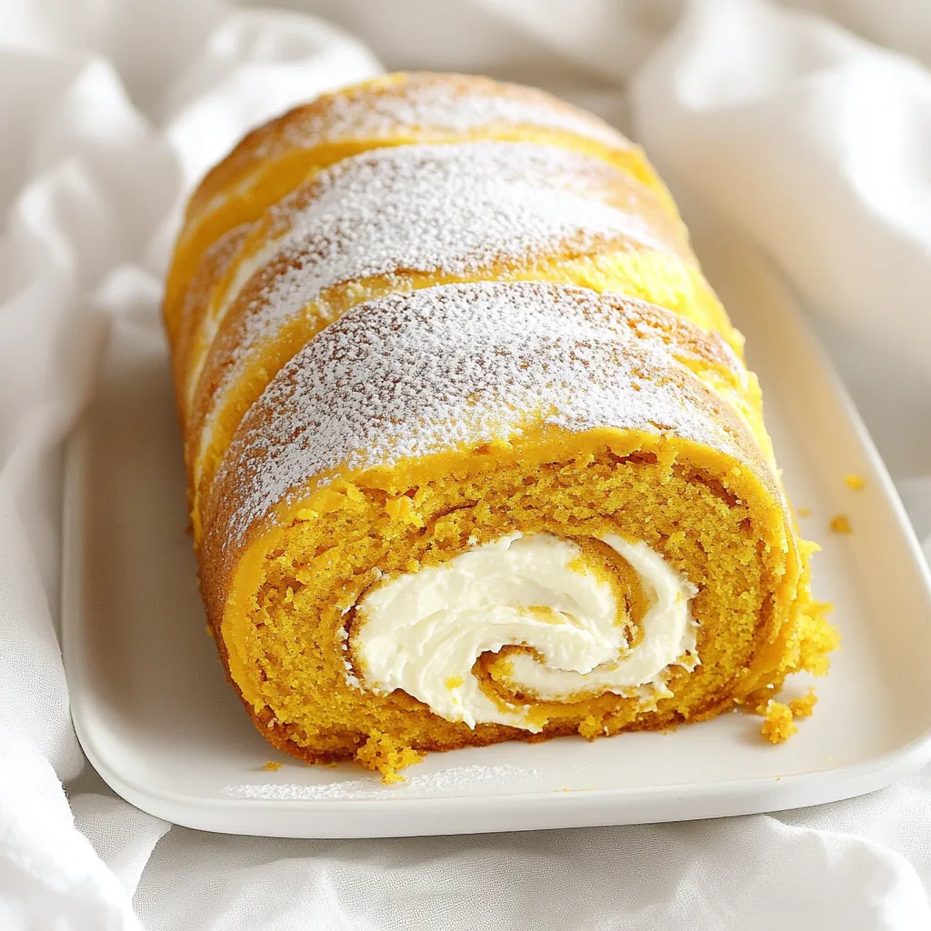 To create the pumpkin cream cheese roll, you'll need these key ingredients: - ¾ cup all-purpose flour - ½ teaspoon baking powder - 1 teaspoon baking soda - 1 teaspoon ground cinnamon - ½ teaspoon ground nutmeg - ¼ teaspoon ground ginger - ¼ teaspoon salt - 1 cup granulated sugar - 3 large eggs - 1 cup canned pumpkin puree - 1 teaspoon vanilla extract - 8 oz cream cheese, softened - ¼ cup unsalted butter, softened - 2 cups powdered sugar - 1 teaspoon vanilla extract (for the frosting) You can add your twist to this recipe with these optional ingredients: - Chopped nuts like walnuts or pecans for crunch - Chocolate chips for a sweet surprise - A splash of maple syrup for added flavor - Cream cheese with herbs for a savory twist If you run out of an ingredient, here are some swaps: - Use whole wheat flour instead of all-purpose flour for a healthier option. - Replace granulated sugar with coconut sugar for a lower glycemic index. - If you have no cream cheese, Greek yogurt can work in a pinch. - Swap eggs with flaxseed meal mixed with water for a vegan option. These ingredients help you make a great pumpkin cream cheese roll. Each option brings its taste and flair to this delightful dessert. First, set your oven to 375°F (190°C). Grab a 15x10-inch jelly roll pan. Line it with parchment paper. Lightly grease the paper with non-stick spray. This helps the cake release easily. In a medium bowl, whisk together flour, baking powder, baking soda, cinnamon, nutmeg, ginger, and salt. Mix well and set the bowl aside. This mix gives the cake its warm fall flavor. In a large bowl, beat the sugar and eggs until light and fluffy. This takes about 3-4 minutes. Next, add the pumpkin puree and 1 teaspoon of vanilla. Mix until everything combines well. Gradually fold in the dry ingredients. Be gentle; don't overmix. Pour the batter into your prepared pan. Spread it evenly with a spatula. Bake for 15 minutes. Check if it's done by lightly pressing the cake. It should spring back. While the cake bakes, prepare the filling. In a medium bowl, beat the softened cream cheese and butter until smooth. Slowly add powdered sugar and 1 teaspoon of vanilla. Mix until creamy and well combined. Once the cake is done, carefully flip it onto a clean kitchen towel dusted with powdered sugar. Remove the parchment paper. Start at one end and gently roll the cake with the towel. Let it cool completely in this rolled shape. After cooling, unroll the cake carefully. Spread the cream cheese filling evenly over the cake. Roll the cake back up without the towel. Keep the seam side down. Wrap it in plastic wrap and chill for at least one hour. When ready, slice the roll into pieces. Dust with more powdered sugar if you like. Serve it on a pretty platter with a sprinkle of cinnamon or fresh mint leaves for a nice touch. Enjoy this delightful fall treat! To keep your pumpkin cream cheese roll from cracking, follow these steps: - Use Parchment Paper: Line your pan with parchment paper. This helps the cake slide out easily. - Cool on a Towel: After baking, flip the cake onto a clean, powdered sugar-dusted towel. This helps keep it moist. - Roll While Warm: Roll the cake while it’s still warm. This makes it flexible and less likely to crack. If cracks do happen, don’t worry! You can hide them with frosting later. The texture of your roll is key for a great dessert. Here’s how to get it right: - Mix Gently: When adding dry ingredients, fold them in slowly. Overmixing makes the cake tough. - Check for Doneness: Bake until the cake springs back. If it’s too soft, it won’t hold its shape. - Cool Completely: Allow the cake to cool fully before adding the cream cheese filling. This prevents melting and sogginess in the filling. These steps ensure your roll is soft and fluffy, just like it should be. Getting your ingredients ready helps your baking go smoothly: - Room Temperature Ingredients: Use eggs and cream cheese at room temperature. This helps them blend better. - Measure Accurately: Use a kitchen scale or measuring cups for precise amounts. Baking is a science. - Sift Dry Ingredients: Sifting the flour and spices removes lumps. It also adds air, which helps the cake rise. Following these tips will help you create a delightful pumpkin cream cheese roll that impresses everyone. {{image_2}} You can make a gluten-free version of this dessert. Replace all-purpose flour with a gluten-free blend. Make sure the blend has a good mix of starches and flours. Use ¾ cup of this mix in place of regular flour. The texture may differ slightly, but it will still taste amazing. To create a vegan pumpkin cream cheese roll, substitute eggs with flaxseed meal. Mix 1 tablespoon of flaxseed meal with 3 tablespoons of water for each egg. Let it sit until it thickens. For the cream cheese filling, use a vegan cream cheese alternative mixed with coconut butter. This gives a rich flavor without dairy. You can add fun flavors to your pumpkin cream cheese roll. For a chocolate twist, stir in ¼ cup of cocoa powder into the batter. This makes a chocolate-pumpkin delight. If you prefer spices, try adding allspice or cardamom. Just a pinch can change the whole vibe of the roll. These variations keep your dessert exciting and unique! Store leftover pumpkin cream cheese roll in the fridge. Wrap it tightly in plastic wrap. This keeps it fresh and moist. You can also place it in an airtight container. It will last for about 3 to 5 days in the fridge. Make sure to slice it before serving. This way, it’s easy to grab a piece whenever you want a tasty treat. You can freeze the pumpkin cream cheese roll for longer storage. To do this, wrap it tightly in plastic wrap. Then, place it in a freezer bag or container. This helps to prevent freezer burn. The roll will stay fresh in the freezer for up to 2 months. When you're ready to enjoy it, just take it out and let it thaw in the fridge overnight. To reheat the pumpkin cream cheese roll, you have a couple of options. For a quick method, slice it and place it in the microwave for about 10-15 seconds. This warms it up nicely without drying it out. If you prefer, you can reheat slices in an oven. Preheat the oven to 350°F (175°C) and place the slices on a baking sheet. Heat for about 5-10 minutes. Enjoy it warm for a cozy fall dessert! Yes, you can use fresh pumpkin. You need to cook and puree it first. Start with about 1 ¼ pounds of fresh pumpkin. Cut it in half, remove the seeds, and roast it until soft. Once cooked, scoop out the flesh and blend until smooth. This gives a fresh taste to your roll. To prevent the roll from breaking, be gentle when rolling it. Use a clean kitchen towel dusted with powdered sugar. After baking, flip the cake onto the towel, remove the parchment, and roll it up while it’s still warm. Allow it to cool in this shape. This helps keep the cake soft and flexible. You can serve it with whipped cream or a scoop of vanilla ice cream. A sprinkle of cinnamon adds warmth and flavor. Some like to pair it with coffee or chai tea. Fresh mint leaves can also add a nice touch and color. The pumpkin cream cheese roll lasts about 3 to 5 days in the fridge. Make sure to wrap it well in plastic wrap. This keeps it fresh and moist. If you want it to last longer, consider freezing it. You learned how to make a great pumpkin cream cheese roll. We covered essential ingredients and tips for the best texture. You can explore variations, like gluten-free or vegan options. Storing leftovers and reheating are easy with the right steps. Remember, practice makes perfect in baking. Embrace your creativity, and enjoy your tasty results. Now, gather your ingredients and start baking!