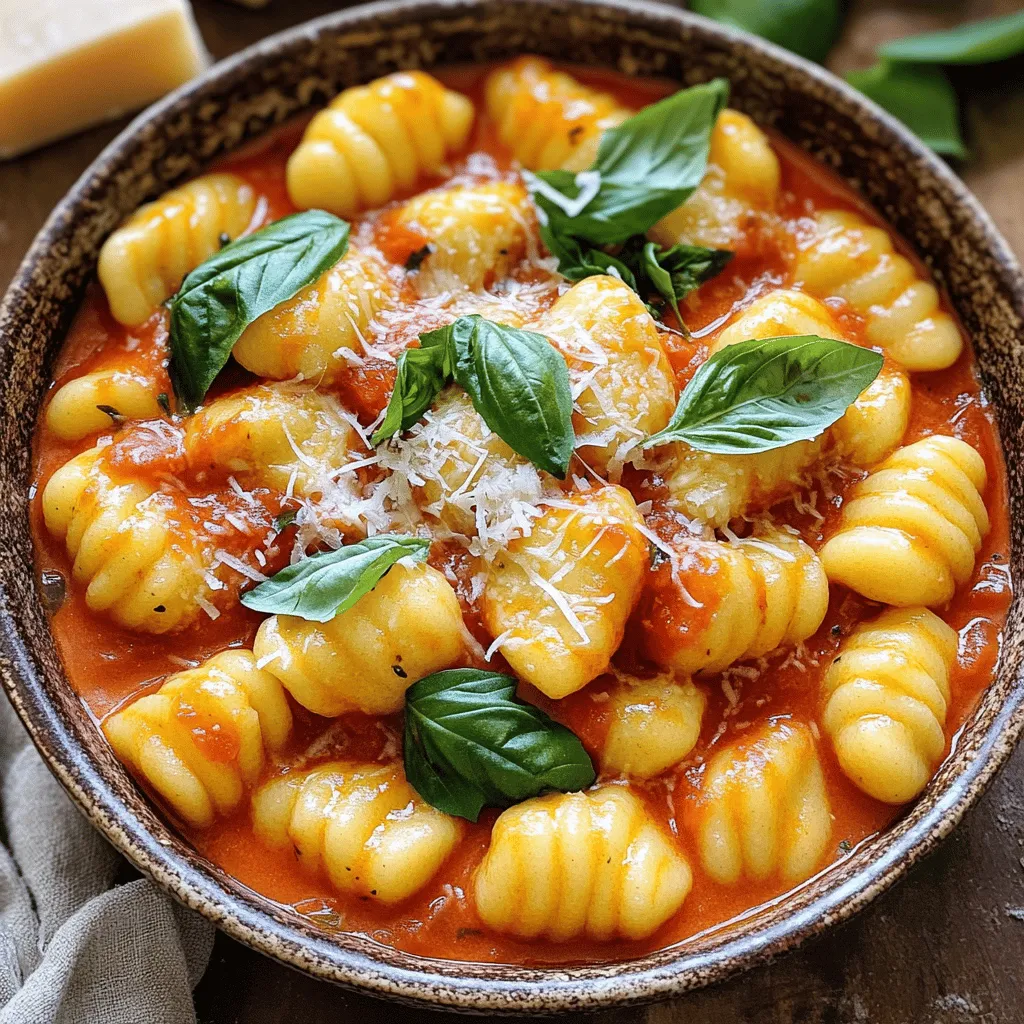 To make this dish, gather these key ingredients: - 1 tablespoon olive oil - 3 cloves garlic, minced - 1 can (14 oz) crushed tomatoes - 1 cup vegetable broth - 1 cup heavy cream - 1 tablespoon tomato paste - 1 teaspoon dried oregano - Salt and pepper to taste - 1 package (16 oz) potato gnocchi - 1 cup fresh basil leaves, torn - ½ cup grated Parmesan cheese These ingredients create a rich and creamy sauce that coats the gnocchi perfectly. You can enhance your dish with these optional items: - Extra basil for garnish - Additional Parmesan cheese for topping These add flavor and make your dish look even more appealing. If you need to swap ingredients, here are some ideas: - Use coconut cream instead of heavy cream for a dairy-free option. - Swap vegetable broth with chicken broth for extra flavor. - Try fresh tomatoes if you do not have crushed tomatoes. These substitutions will keep your dish tasty and fun while catering to your needs. To start, gather all your ingredients. You will need: - 1 tablespoon olive oil - 3 cloves garlic, minced - 1 can (14 oz) crushed tomatoes - 1 cup vegetable broth - 1 cup heavy cream - 1 tablespoon tomato paste - 1 teaspoon dried oregano - Salt and pepper to taste - 1 package (16 oz) potato gnocchi - 1 cup fresh basil leaves, torn - ½ cup grated Parmesan cheese - Optional: Extra basil and Parmesan for garnish Next, measure everything out. Having your ingredients ready makes cooking easier and faster. Heat the olive oil in a large pot over medium heat. Once hot, add the minced garlic. Sauté for about one minute until it smells good. Now, stir in the crushed tomatoes, vegetable broth, heavy cream, and tomato paste. Mix everything well. Season with oregano, salt, and pepper. Let this mixture gently simmer for a few minutes. Add the potato gnocchi to the pot. Stir to coat them in the creamy sauce. Cover the pot and cook for about 4-5 minutes. Stir occasionally to keep the gnocchi from sticking. They should be tender when done. After the gnocchi are cooked, reduce the heat to low. Add the torn basil leaves and grated Parmesan cheese. Stir until the cheese melts and the sauce is creamy. Once done, taste the dish. Adjust the seasoning if needed. Serve the creamy gnocchi in bowls. For a nice touch, garnish with extra torn basil leaves and a sprinkle of Parmesan on top. This makes the dish look great and adds more flavor. Enjoy your meal! One common mistake is overcooking the gnocchi. Gnocchi cooks quickly, usually in 4-5 minutes. If you cook it too long, it can become mushy. Another mistake is not seasoning well. Taste your sauce before serving. A pinch of salt or pepper can make a big difference. Lastly, be careful with the heat. Cooking on high can burn the garlic before the sauce is ready. To boost the flavor, add fresh herbs. You can use thyme or parsley along with basil. A splash of balsamic vinegar adds depth to the sauce. For heat lovers, sprinkle in red pepper flakes. You can also add a squeeze of lemon juice for brightness. Lastly, finish with a drizzle of high-quality olive oil before serving for a gourmet touch. For this recipe, you need a large pot. A heavy-bottomed pot is best for even heat. You will also need a wooden spoon for stirring. A sharp knife will help you chop the garlic and herbs. Use measuring cups for accurate amounts. If you have a lid for your pot, that’s great for simmering the sauce. A grater is handy for the Parmesan cheese, too. {{image_2}} You can easily make this dish vegetarian or vegan. For vegetarian, just keep the heavy cream and Parmesan. For a vegan version, swap heavy cream with coconut cream or cashew cream. Use nutritional yeast instead of Parmesan for a cheesy flavor. This way, you keep all the creaminess and taste without dairy. You can change flavors by swapping ingredients. Try adding sautéed mushrooms for an earthy taste. You can also use spinach or kale for more greens. For a spicy kick, toss in red pepper flakes. If you want a smoky flavor, add some smoked paprika. These swaps keep the dish exciting while still being simple. When serving creamy tomato basil gnocchi, pair it with a fresh salad. A simple arugula salad with lemon dressing works well. You can also serve garlic bread on the side to soak up the sauce. For a heartier meal, add roasted vegetables or a side of grilled chicken. These sides balance the rich flavors of the gnocchi. After enjoying your creamy tomato basil gnocchi, let it cool first. Then, place it in an airtight container. This helps keep it fresh. Store the container in the fridge for up to three days. Make sure to label it with the date for easy tracking. When you want to enjoy your leftovers, reheat them gently. You can use a pot on the stove or a microwave. If using the stove, add a splash of broth or cream. This keeps the dish creamy. Heat it slowly on low until warm. Stir often to avoid sticking. In the microwave, heat in short bursts. Stir in between until the gnocchi is hot. If you want to save some gnocchi for later, freezing works well. First, let the dish cool completely. Then, spoon it into freezer-safe bags. Flatten the bags to save space. Remove as much air as you can before sealing. You can freeze it for up to three months. When ready to eat, thaw it overnight in the fridge. Reheat as mentioned above. Enjoy a quick meal anytime! Yes, you can use fresh gnocchi. Fresh gnocchi cooks faster than packaged ones. Adjust your cooking time. Check it after about 2-3 minutes. Fresh gnocchi will float when done. This gives you a light and fluffy texture. Leftovers can last up to three days in the fridge. Store them in an airtight container. The sauce will thicken as it cools. You may need to add a splash of broth when reheating. This helps keep the gnocchi creamy. You can make the sauce ahead of time. Cook the sauce and store it separately. When ready, heat the sauce and add the gnocchi. This keeps the dish fresh and tasty. It saves time for busy days. This blog post covers all you need for creamy tomato basil gnocchi. We explored essential ingredients, cooking steps, and helpful tips. You learned about variations like vegetarian options and how to store leftovers. Remember, good gnocchi takes practice, so don't rush. Enjoy playing with flavors and finding what you love. With these steps, you can create a delightful dish anytime. Happy cooking!