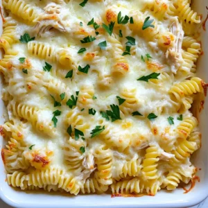 - 2 cups rotini pasta - 2 cups cooked chicken, shredded - 1 cup heavy cream - 1 cup chicken broth - 1 cup grated Parmesan cheese - 2 cups mozzarella cheese, shredded - 4 cloves garlic, minced - 1 teaspoon Italian seasoning - 1 teaspoon onion powder - Salt and pepper to taste - 1 tablespoon olive oil - Fresh parsley, chopped (for garnish) The base of this dish is rotini pasta. It holds sauce well and adds a fun twist. Cooked chicken gives it protein and flavor. I like to use shredded chicken for a tender bite. The heavy cream and chicken broth create a rich and creamy sauce. The Parmesan adds depth, while the mozzarella provides a great cheesy top. - Vegetables (spinach, bell peppers, etc.) - Additional cheeses for extra flavor You can add vegetables like spinach or bell peppers for more color and nutrition. Extra cheese can boost the creaminess. Try a mix of different cheeses for a fun twist. - Possible ingredient swaps for dietary preferences (e.g., gluten-free pasta, dairy-free alternatives) If you need gluten-free, use gluten-free rotini. For a dairy-free option, swap heavy cream and cheese with plant-based versions. These changes keep the dish tasty while meeting your needs. - Preheat your oven to 375°F (190°C). - In a large pot, boil salted water. Cook 2 cups of rotini pasta until al dente. Drain it and set it aside. - In a large skillet, heat 1 tablespoon of olive oil over medium heat. - Add 4 cloves of minced garlic and sauté for 1-2 minutes. Watch it closely so it doesn't brown. - Stir in 2 cups of shredded cooked chicken. Then, pour in 1 cup of heavy cream and 1 cup of chicken broth. Mix until everything is combined. - Add 1 cup of grated Parmesan cheese, 1 teaspoon of Italian seasoning, 1 teaspoon of onion powder, and salt and pepper to taste. Stir until the cheese melts and the sauce is creamy. - Now, mix the cooked rotini pasta into the sauce. Ensure every piece is coated with the creamy garlic sauce. - Transfer the pasta mixture to a greased 9x13-inch baking dish. - Top it with 2 cups of shredded mozzarella cheese, spreading it evenly. - Bake in the preheated oven for 20 minutes. The cheese should be bubbly and golden brown. - Once baked, remove it from the oven and let it cool for a few minutes. This helps the dish set before serving. - How to avoid overcooking pasta: Cook the rotini until just al dente. This means it should have a little bite to it. Remember, it will cook more in the oven. Set a timer to help you keep track. - Ensuring creamy sauce consistency: To get a creamy sauce, stir the cheeses into the sauce slowly. Let them melt fully before adding more. If your sauce seems too thick, add a splash of chicken broth to loosen it. - Best ways to serve the dish: Serve the pasta bake in individual bowls. This makes it easy for guests to enjoy. You can also use a large serving spoon to dish out portions from the baking dish. - Garnishing suggestions: Add a sprinkle of extra Parmesan on each serving. A sprig of fresh parsley on top adds color and freshness. This small touch makes your dish look special. - Issues with cheese melting properly: Use freshly grated cheese instead of pre-shredded. Pre-shredded cheese often has anti-caking agents. These can prevent it from melting smoothly. - Timing and temperature tips: Keep an eye on the baking time. Every oven is different. Start checking for a bubbly and golden top at 15 minutes, but don't open the oven too much. This keeps the heat in. {{image_2}} You can switch up the protein in this dish easily. If you want a lighter option, use turkey instead of chicken. Turkey adds a nice flavor and keeps it healthy. If you love seafood, shrimp works great too. Just make sure to cook the shrimp until it is pink and firm before adding it to the sauce. You can also mix different meats for a fun twist. To make a meatless pasta bake, just skip the chicken. You can add tasty veggies instead. Try spinach, bell peppers, or mushrooms for a boost of flavor. You can also use cooked lentils or chickpeas for protein. Just sauté your veggies in olive oil until they are soft. Then, mix them into the creamy sauce. This makes the dish hearty and satisfying. Want to add more flavor? Try some extra seasonings. You can add a pinch of red pepper flakes for heat. A dash of smoked paprika gives a nice, smoky flavor. Fresh herbs like basil or thyme can really brighten the dish too. If you like a bit of zest, squeeze in some lemon juice right before serving. These little tweaks can take your pasta bake to the next level. To keep your garlic Parmesan chicken pasta bake fresh, let it cool. Place it in an airtight container. You can store it in the fridge or freezer. If using the fridge, use it within three days. For longer storage, freeze it for up to two months. When it's time to eat leftovers, avoid drying them out. Preheat your oven to 350°F (175°C). Place the pasta bake in an oven-safe dish. Add a splash of chicken broth or cream to keep it moist. Cover with foil to prevent browning. Heat for about 20 minutes. If using a microwave, add a little broth and cover. Heat in short bursts, stirring in between until warm. In the fridge, your pasta bake lasts about three days. If frozen, it stays good for two months. However, the taste may change over time. Always check for signs of spoilage before eating. Enjoy your meal even days later with proper storage! Yes, you can make this pasta bake ahead of time. Prepare the dish but do not bake it yet. Cover it well and store it in the fridge. You can keep it for up to two days. When ready to bake, preheat your oven and bake as directed. If it’s cold from the fridge, add a few extra minutes to the bake time. This saves time on busy nights. This pasta bake pairs well with a simple side salad. A green salad with a light vinaigrette adds freshness. You can also serve garlic bread for extra flavor. Roasted vegetables like broccoli or asparagus make a great match, too. These sides balance the rich, cheesy pasta and make the meal complete. Absolutely! You can mix and match your cheeses for more flavor. Cheddar adds a nice sharpness. Gouda gives a smoky taste and melts well. For a tangy twist, try feta or goat cheese. Just keep in mind that the cheese you choose should melt nicely. This way, you get a creamy and delicious bake every time. This blog post covered a delicious Garlic Parmesan Chicken Pasta Bake. You learned about key ingredients, cooking steps, and useful tips. Plus, we discussed tasty variations and how to store leftovers. This dish is both easy to make and satisfying. Feel free to adjust the recipe to your taste. Use different proteins or add veggies for more flavor. Enjoy your cooking adventure and the delight this pasta bake brings to your table. Your family and friends will love it!