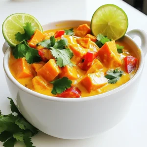 - 2 medium sweet potatoes, peeled and diced - 1 can (400ml) coconut milk - 1 tablespoon coconut oil Sweet potatoes are the star here. They add a natural sweetness and creaminess. Coconut milk brings richness and a tropical touch. Coconut oil enhances the flavor and helps with cooking. - 1 onion, finely chopped - 3 garlic cloves, minced - 1 tablespoon ginger, grated - 1 red bell pepper, sliced Onion, garlic, and ginger create a flavorful base. Their aroma fills the kitchen and makes your mouth water. Red bell pepper adds color and crunch. Together, these ingredients make the dish vibrant and tasty. - 1 tablespoon curry powder - 1 teaspoon turmeric - 1 teaspoon cumin - Salt and pepper to taste Spices are key to good curry. Curry powder gives depth and warmth. Turmeric adds a golden hue and health benefits. Cumin adds a nutty flavor that rounds out the dish. Don't forget salt and pepper to bring everything together. First, let's prepare the sweet potatoes and vegetables. Take 2 medium sweet potatoes, peel them, and dice them into small cubes. This helps them cook evenly. Next, finely chop 1 onion, slice 1 red bell pepper, and mince 3 garlic cloves. Grate 1 tablespoon of fresh ginger. These ingredients will add great flavor to the dish. Now, measure out your spices. You will need 1 tablespoon of curry powder, 1 teaspoon of turmeric, and 1 teaspoon of cumin. Having these ready makes cooking easier. Don’t forget to have salt and pepper nearby to season at the end. Heat 1 tablespoon of coconut oil in a large pot over medium heat. Once the oil is hot, add the chopped onion. Sauté it for about 5 minutes until it turns translucent. This step releases the onion's sweet flavor. Then, add the minced garlic and grated ginger. Stir for about 1 minute until you smell the lovely aroma. Now, sprinkle in the curry powder, turmeric, and cumin. Cook the spices for another minute. This toasting step boosts their flavor. Next, add the diced sweet potatoes and sliced red bell pepper. Mix them well to coat with the spices. Pour in 1 can of coconut milk and 1 cup of vegetable broth. Stir everything together and bring it to a gentle simmer. Cover the pot and let it cook for 15 to 20 minutes. Stir occasionally to prevent sticking. You want the sweet potatoes to be tender but not mushy. Once cooked, season with salt and pepper to taste. If you want more flavor, you can add extra curry powder. Serve the curry hot, garnished with fresh cilantro and lime wedges on the side. The lime adds a nice zesty touch to the dish. Enjoy the vibrant flavors and creamy texture! To make your sweet potato coconut curry even better, toast your spices. Heat them in the pot before adding liquids. This step wakes up the spices and boosts flavor. You can also adjust seasoning to fit your taste. If you like it spicy, add more curry powder. If you want it milder, hold back on the spices. Always taste as you go. If you want a creamier curry, add more coconut milk. This makes it rich and smooth. You can also blend the curry for a velvety texture. Use an immersion blender for easy mixing. Check the tenderness of sweet potatoes with a fork. They should be soft but not mushy. This ensures a great bite in your curry. Keep the curry's consistency right by stirring it. If it gets too thick, add a splash of vegetable broth. This keeps it delicious and easy to serve. {{image_2}} You can easily boost the protein in your sweet potato coconut curry. Here are two great options: - Chickpeas: Canned chickpeas are perfect. Just rinse and add them to the pot. They soak up flavor and add texture. - Tofu: Firm tofu works well. Cut it into cubes and brown it before adding to the curry. This gives it a nice crunch. Adding these proteins makes the dish heartier and more filling. Mixing in different veggies can change the flavor and color. Here are a couple of tasty choices: - Spinach: Fresh spinach wilts down quickly. Stir it in during the last few minutes of cooking for added nutrients. - Carrots: Diced carrots bring sweetness and crunch. Add them with the sweet potatoes so they cook through. These veggies make your curry more colorful and nutritious. You can also play with the style of your curry. Here are two fun ideas: - Red curry paste instead of powder: Use red curry paste for a richer taste. Just replace the curry powder with the same amount of paste. - Thai-inspired version: Add some lime juice, fish sauce, and basil for a Thai twist. This will give your curry a zesty kick. These variations let you explore different flavors while keeping the dish simple and delicious. Your sweet potato coconut curry will last in the fridge for about 3 to 4 days. Store it in an airtight container to keep it fresh. Glass or plastic containers work well. Make sure to let it cool before sealing. If you want to freeze the curry, it’s best to do it right after cooking. Let it cool, then pour it into a freezer-safe bag. Remove as much air as possible before sealing. When you’re ready to eat, thaw the curry in the fridge overnight. Reheat it in a pot over low heat, stirring often. You may need to add a splash of vegetable broth or coconut milk for creaminess. You can use leftover curry in many ways. Try it in wraps with fresh greens for a quick lunch. It also makes a great side dish with rice or quinoa. Want to turn it into a soup? Just add more vegetable broth and blend it smooth. You’ll enjoy a tasty, comforting soup that’s perfect for any day! Yes, you can use other potatoes. Yukon Gold or white potatoes work well. They add a creamy texture. However, sweet potatoes bring a unique sweetness and color to the dish. If you swap them, note that cooking times may change. Absolutely! This recipe is vegan-friendly. It uses coconut milk, which is plant-based. The vegetables and spices are also vegan. You can enjoy this dish without any animal products. It’s perfect for anyone seeking a hearty vegan meal. To add heat, include fresh chilies or red pepper flakes. You can also increase the curry powder amount. Another option is to use a spicy curry paste instead. Start with small amounts, and taste as you go. Adjust it to your spice level. Serve this curry with rice or quinoa. They soak up the sauce nicely. You can also pair it with naan or flatbread for dipping. Fresh lime wedges and cilantro add zing and brightness. Enjoy this dish with a simple salad for extra crunch. This blog post covered making a delicious sweet potato coconut curry. We explored key ingredients, like sweet potatoes, coconut milk, and spices. I shared step-by-step instructions, tips to enhance flavor, and ways to customize the dish. In the end, you can enjoy this healthy curry in various styles and variations. Rely on my tips for better taste and storage options. You now have everything you need to create a fantastic meal that’s full of flavor. Enjoy your cooking!