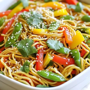 - 8 oz lo mein noodles or spaghetti - 2 tablespoons sesame oil - 1 tablespoon olive oil - 1 cup sliced bell peppers (red and yellow) - 1 cup sugar snap peas, trimmed - 1 cup carrots, julienned - 3 green onions, sliced - 2 cloves garlic, minced - 1 tablespoon ginger, grated To make a tasty lo mein, start with the noodles. You can use lo mein noodles or spaghetti if you cannot find them. Cook them according to the package instructions. Drain and toss them with sesame oil. This step helps to prevent sticking. Next, gather your colorful veggies. I love using bell peppers, sugar snap peas, and carrots. They add great color and crunch. Aromatics are key to flavor. Mince the garlic and grate the ginger. These two ingredients will fill your kitchen with a delightful smell. They also add a warm, spicy note to your dish. - 3 tablespoons soy sauce - 1 tablespoon oyster sauce (optional) - 1 tablespoon honey or maple syrup - Salt and pepper to taste - Sesame seeds for garnish - Fresh cilantro for garnish Now, let’s boost the flavors. Mix soy sauce and oyster sauce in a small bowl. The oyster sauce is optional, but it adds depth. For a hint of sweetness, add honey or maple syrup. A sprinkle of salt and pepper is important too. Finally, we want to make it look pretty. Use sesame seeds and fresh cilantro for garnish. They give your dish a lovely finish and a pop of flavor. To cook lo mein noodles, boil water in a large pot. Once the water boils, add the noodles. Cook them according to the package instructions. This usually takes around 5-7 minutes. Stir the noodles gently to prevent sticking. Drain the noodles and toss them with a little sesame oil. This oil helps keep them from clumping together. Heat a large skillet or wok over medium-high heat. Add 1 tablespoon of olive oil. Once the oil is hot, add 2 cloves of minced garlic and 1 tablespoon of grated ginger. Sauté for about 30 seconds, stirring often. The aroma will fill your kitchen! Next, add 1 cup of sliced bell peppers, 1 cup of sugar snap peas, and 1 cup of julienned carrots. Stir-fry these vegetables for 3-4 minutes. You want them to be tender but still crisp. Now, toss in the cooked lo mein noodles and 3 tablespoons of soy sauce. If you want extra flavor, add 1 tablespoon of oyster sauce. Mix in 1 tablespoon of honey or maple syrup for a touch of sweetness. Stir everything together, ensuring the noodles and veggies get coated in the sauce. Cook for another 2-3 minutes, stirring constantly. This allows all the flavors to blend nicely. To achieve the perfect texture, make sure not to overcook the noodles. They should be tender but not mushy. For a beautiful presentation, serve your lo mein in large bowls. Garnish with sesame seeds and fresh cilantro. A lime wedge on the side adds a nice zesty touch. Enjoy your meal! - Best practices for stir-frying vegetables: Heat your pan before adding oil. This helps the veggies cook quickly and stay crisp. Cut your vegetables into similar sizes. This ensures even cooking. Stir constantly to avoid burning. - How to enhance flavors without overpowering: Start with less sauce, then taste as you go. Add more if needed. Fresh herbs like cilantro boost flavor without adding heaviness. A splash of lime can also brighten the dish. - Substituting with pantry staples: If you don’t have lo mein noodles, spaghetti works well. Use any fresh or frozen vegetables you have. Carrots, peas, or broccoli are great choices. - Variations for dietary restrictions: For gluten-free options, use rice noodles or gluten-free soy sauce. You can also swap honey with agave syrup for a vegan option. - Optimal cook times for stir-frying: Cook the vegetables for 3-4 minutes. You want them tender yet crunchy. Stir-fry the noodles with the sauce for 2-3 minutes. This helps the flavors mix well. - Adjusting sauce flavors to personal preference: If you like it sweeter, add more honey. For a saltier taste, increase the soy sauce. Feel free to mix flavors until you find your favorite balance. {{image_2}} You can add protein to your lo mein for a heartier meal. Chicken, shrimp, or tofu work well. If you choose chicken or shrimp, cut them into small pieces. Tofu can be cubed and pressed to remove extra water. I suggest marinating proteins to boost flavor. For chicken, use soy sauce and ginger. For shrimp, a splash of lemon juice works wonders. For tofu, try a mix of soy sauce and sesame oil. Let them soak for at least 15 minutes before cooking. This step makes a big difference! You can change the flavor of your lo mein with different sauces. For a spicy kick, add chili paste or Sriracha. If you like sweet, try more honey or maple syrup. You can also use teriyaki sauce for a savory taste. Don't forget to add more vegetables for variety! Broccoli, mushrooms, or baby corn can create new textures. Toss in some bok choy for crunch. Mixing these ingredients adds layers of flavor to your dish. If you want a vegetarian dish, swapping meat is easy. Use tofu or tempeh as a protein source. For a vegan option, skip oyster sauce or find a plant-based one. To keep flavors strong, use vegetable broth instead of water. You can also add more spices like five-spice powder. This gives your dish depth without animal products. Ensure your sauces are vegan-friendly, and you will have a tasty meal. To store leftover Lo Mein, use airtight containers. Glass or plastic containers work well. Always cool the dish before sealing. This step helps keep it fresh. - Place the noodles and veggies in a single layer. - Avoid storing in metal containers, as they can affect flavor. - Add a sprinkle of sesame oil to keep noodles moist. To maintain freshness, eat leftovers within three days. Keep them in the fridge. If you notice any off smells, it’s best to discard them. You can reheat Lo Mein in a few ways. The microwave is quick and easy. Place the noodles in a bowl and cover them with a damp paper towel. Heat for one to two minutes. Stir halfway to ensure even heating. For stovetop reheating, use a skillet. Add a splash of water or broth to prevent sticking. Heat on medium until warm, stirring often. This method helps keep the noodles from becoming mushy. Freezing Lo Mein is a great option for long-term storage. To freeze, let the dish cool completely. Place it in a freezer-safe container or bag. Remove as much air as possible to prevent freezer burn. - Label the container with the date. - Use within three months for best taste. Before freezing, consider the texture. Fresh veggies may not hold up well. You can blanch them first or add them fresh when reheating. This way, they stay crisp and tasty. Yes, you can use other noodles. Spaghetti works well if lo mein noodles are hard to find. Rice noodles or udon are also great choices. They all bring a unique taste and texture. To make your lo mein gluten-free, pick gluten-free noodles. Rice noodles are a tasty option. Use tamari instead of soy sauce. This swap keeps the flavor without gluten. Serve this lo mein with spring rolls or dumplings. A simple cucumber salad adds crunch. You could also pair it with a hot and sour soup for a complete meal. Add red pepper flakes or chili paste for heat. You can also toss in sliced jalapeños while cooking. For a unique twist, try a splash of sriracha in the sauce. This blog post covers how to make Better Than Takeout Lo Mein. We explored key ingredients and flavor boosters. You learned the steps to cook noodles, stir-fry veggies, and perfect your dish. We shared valuable tips for timing, techniques, and ingredient swaps. Variations let you customize with proteins or spicy sauces. Lastly, we covered storage and reheating methods. With these insights, you can enjoy delicious lo mein at home anytime. Now, you have the tools to create your own tasty meals!